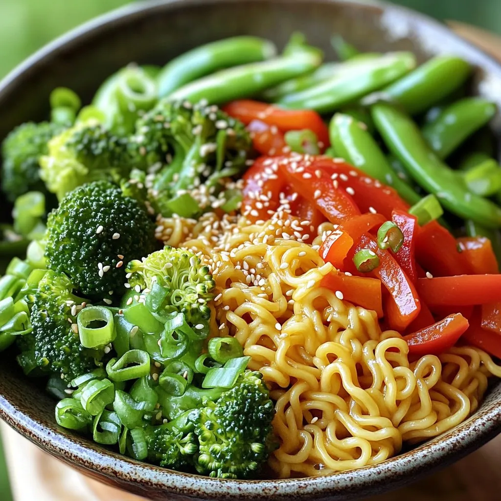 - 2 packs of instant ramen noodles (discard seasoning packets) - 1 red bell pepper, thinly sliced - 1 cup snap peas, trimmed - 1 medium carrot, julienned - 1 cup broccoli florets - 4 cloves garlic, finely minced - 1 inch ginger, freshly grated - 3 green onions, chopped (keep white and green parts separate) - 2 tablespoons sesame oil - 2 tablespoons soy sauce - 1 tablespoon sriracha (adjust according to your preferred spice level) - 1 tablespoon honey or maple syrup In this dish, I focus on key ingredients. Instant ramen noodles are quick and easy. I choose vibrant vegetables like bell peppers, snap peas, carrots, and broccoli. They add color and crunch. The garlic and ginger create a fragrant base that brings the dish to life. For sauces and seasonings, sesame oil adds a nutty flavor. Soy sauce gives saltiness. Sriracha adds heat and a kick. Honey or maple syrup balances the spice, adding a touch of sweetness. Together, these ingredients create a stir fry that is tasty and fun. - First, boil water in a pot. - Add two packs of instant ramen noodles. - Cook them for 3-4 minutes until soft. - Drain the noodles in a colander. - Rinse them briefly with cold water. - This stops the cooking. - Toss the noodles with a dash of sesame oil. - This keeps them from sticking together. - In a large skillet or wok, pour 2 tablespoons of sesame oil. - Heat it on medium-high until hot. - Add 4 cloves of minced garlic and 1 inch of grated ginger. - Sauté for about 30 seconds. - Watch for the garlic to turn golden. - If it burns, it will taste bitter. - Next, add sliced red bell pepper, snap peas, julienned carrot, and broccoli florets. - Stir fry these for 4-5 minutes. - They should be tender but still crisp. - Push the veggies to one side of the skillet. - Add your cooked ramen noodles to the other side. - Drizzle 2 tablespoons of soy sauce, 1 tablespoon of sriracha, and 1 tablespoon of honey over the noodles. - Toss everything together until well mixed. - Make sure the noodles get coated in the sauce. - Stir in the chopped white parts of the green onions. - Season with salt and pepper to taste. - Keep stir-frying for an extra 2-3 minutes. - This warms everything through and combines the flavors. - Finally, remove from heat and serve. - Garnish with sesame seeds and green onion tops. To get the best texture in your stir fry, you must avoid overcooking the ramen noodles. Cook them just until they are tender, then drain and rinse them. Rinsing stops the cooking. Toss the noodles in a little sesame oil to keep them from sticking. For the veggies, you want them to stay crisp. Stir fry them for about 4 to 5 minutes. They should be bright and tender-crisp. This keeps their color and crunch. It makes your dish look and taste fresh. If you like it spicy, you can add more sriracha. Start with one tablespoon, and adjust as you stir. You can also add other spicy sauces like chili oil. To balance flavors, add a dash of honey or maple syrup. Sweetness cuts the heat. This keeps your dish tasty and not too hot. Garnishing makes your dish pop. Use sesame seeds for a nice crunch and appeal. Sprinkle them on top just before serving. Chopped green onions add color and freshness. Use both the white and green parts for contrast. A little care in garnishing makes your meal look gourmet at home. {{image_4}} You can switch up the veggies for your ramen stir fry. Try using: - Zucchini - Mushrooms - Spinach - Bell peppers of different colors These choices can add new flavors and colors to your dish. Seasonal veggies also work great. In summer, toss in fresh corn or cherry tomatoes. In fall, add squash or kale. Need some protein? Here are a few ideas: - Tofu: Firm tofu works best. Press it to remove extra water, then cube it and sauté until golden. - Chicken: Thinly slice chicken breast or thighs. Cook it before adding veggies for a hearty option. - Shrimp: Use peeled and deveined shrimp. They cook quickly and add a nice touch. These options can make your meal more filling and satisfying. If you need to adjust for dietary needs, here are some tips: - Gluten-Free: Choose gluten-free ramen or rice noodles. Check labels to ensure they meet your needs. - Vegan Options: Replace honey with maple syrup or agave. Use tofu or seitan as your protein choice. These small changes can help you enjoy this dish without worries. To keep your Spicy Garlic Ramen Noodle Stir Fry fresh, place it in an airtight container. This helps to lock in flavor and moisture. Store it in the fridge. It will last for up to three days. Make sure to cool it down before sealing. When reheating, I recommend using a skillet. This method helps keep your stir fry's texture. Heat it on medium-low heat. Add a splash of water to create steam. This keeps the noodles soft and the veggies crisp. Stir occasionally until heated through. If you want to save some for later, you can freeze the stir fry. Place it in a freezer-safe container. Make sure to leave some space for expansion. It can last up to a month in the freezer. To thaw, place it in the fridge overnight. If you're in a hurry, use the microwave. Reheat it gently to avoid mushy noodles. Yes, you can use fresh ramen noodles! Fresh noodles cook quickly, so adjust your cooking time. Boil them for just 2-3 minutes. Drain and toss them with sesame oil, just like the instant noodles. This change can give your stir fry a delightful texture. This dish pairs well with many sides. Try steamed edamame for a protein boost. A simple cucumber salad adds freshness. You can also serve it with grilled chicken or tofu for extra protein. To reduce the heat, use less sriracha. Start with just a teaspoon and taste. You can also add more honey or maple syrup to balance the spice. Another tip is to add more veggies to dilute the heat. Absolutely! This stir fry stores well in the fridge. Keep it in an airtight container for up to three days. Reheat it in a skillet for the best texture. Avoid microwaving, as it can make the noodles mushy. This article covered how to make a tasty and easy Spicy Garlic Ramen Noodle Stir Fry. We discussed key ingredients, step-by-step instructions, and tips for the best results. You can swap veggies, add protein, and adjust spice to suit your taste. Remember, reheating is simple, and leftovers can last in the fridge. Enjoy experimenting with flavors and make this dish your own!