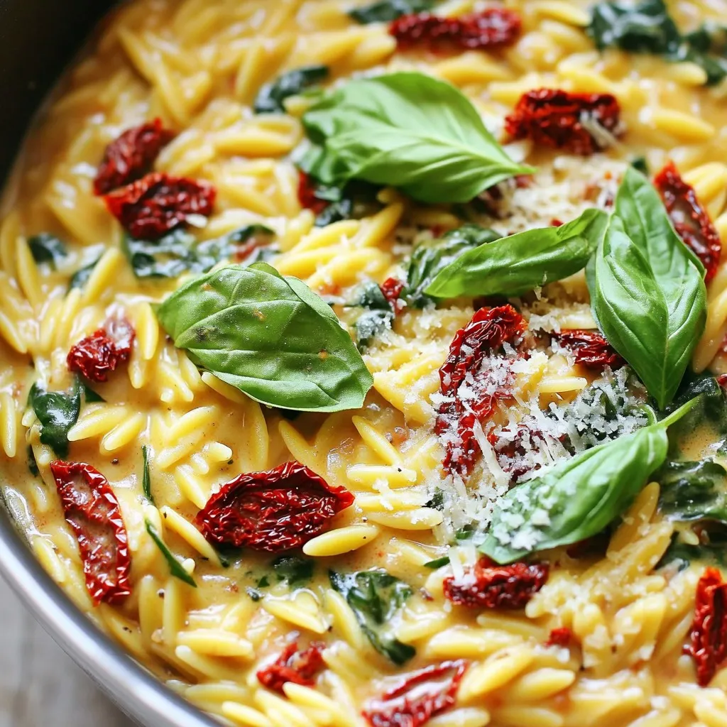- 1 cup orzo pasta - 2 tablespoons olive oil - 3 cloves garlic, minced - 1 cup sun-dried tomatoes, chopped - 2 cups vegetable broth - 1 cup heavy cream - 1 cup baby spinach, roughly chopped - 1/2 cup grated Parmesan cheese - Salt and pepper to taste - Fresh basil leaves for garnish To make this dish shine, choose quality ingredients. Start with orzo pasta that is not overcooked. The right size and texture help keep the dish creamy. Next, use sun-dried tomatoes packed in oil. They offer a richer flavor than those that are dry. Fresh garlic gives a nice kick, so avoid the jarred type. Always use fresh spinach for the best color and taste. Lastly, opt for a good Parmesan cheese. It melts well and adds a nice depth of flavor. If you want to switch things up, there are good options. For orzo, you can use any small pasta like ditalini or even quinoa for a gluten-free choice. Instead of heavy cream, try coconut milk for a dairy-free version. You can swap sun-dried tomatoes with roasted red peppers for a different taste. If you don’t have Parmesan, pecorino cheese works great too. Start by heating 2 tablespoons of olive oil in a large pot over medium heat. Once the oil shimmers, add 3 cloves of minced garlic. Sauté the garlic for about 1 minute until it smells nice and turns golden. Be careful not to let it burn; burnt garlic can ruin the dish. Next, add 1 cup of chopped sun-dried tomatoes to the pot. Stir them in and cook for 2 more minutes. This step helps the flavors come together and makes your dish more flavorful. Now, it’s time to add 1 cup of orzo pasta to the pot. Stir well so the orzo gets coated with the oil and garlic. Then, pour in 2 cups of vegetable broth. Turn up the heat to bring it to a boil. Once it boils, reduce the heat, cover the pot, and let it simmer for 10 to 12 minutes. Stir occasionally to keep the orzo from sticking. As the orzo cooks, check that it becomes tender but not mushy. This is key for a perfect texture. Stirring helps distribute the heat evenly, so the pasta cooks just right. After the orzo is done, pour in 1 cup of heavy cream and sprinkle in 1/2 cup of grated Parmesan cheese. Stir continuously until everything is creamy and smooth. This creates a rich sauce that wraps around the pasta. Finally, fold in 1 cup of roughly chopped baby spinach. Season with salt and pepper to taste. Stir until the spinach wilts and mixes well with the creamy orzo. This step adds a lovely color and extra nutrients to your meal. Taste and adjust the seasoning if needed. Enjoy your delicious one-pot dish! To cook orzo well, always check the package for cooking time. Orzo cooks fast. Stir it often to prevent it from sticking together. Keep an eye on the pot. If it absorbs too much broth, add more water. This way, you keep it from getting dry. Taste it towards the end to ensure it’s just right. For a creamy texture, use heavy cream, as the recipe shows. Adding Parmesan cheese also helps. Stir these in slowly when the orzo is done. This creates a smooth sauce. If you want it even creamier, consider adding a bit more cream. You can also mix in a splash of pasta water. This adds starch and thickens the sauce nicely. You can make this dish your own with herbs and spices. Fresh basil is great for a pop of flavor. Add some oregano or thyme for warmth. Red pepper flakes give a kick if you enjoy heat. For a twist, try adding lemon zest for brightness. Experiment with flavors that you love! {{image_4}} Serve the creamy orzo in individual bowls. Top with fresh basil leaves for color. A sprinkle of extra Parmesan adds a nice touch. This small detail makes your dish look fancy and inviting. Pair this dish with a crisp green salad. A simple side of garlic bread works great too. For drinks, try a chilled white wine, like Pinot Grigio. Its bright notes match the flavors well. Sparkling water with lemon is a refreshing non-alcoholic choice. Leftovers can be stored in an airtight container. They last up to three days in the fridge. Reheat the orzo on low heat, adding a splash of broth if needed. You can also mix in some cooked chicken or shrimp for a hearty meal. This dish transforms into a new delight with just a few tweaks! To make this dish vegan, swap the heavy cream for coconut cream or cashew cream. These options provide creaminess and a rich taste. Use nutritional yeast instead of Parmesan for a cheesy flavor. Ensure the sun-dried tomatoes are oil-free and check that your vegetable broth is vegan. You can add protein to this orzo dish for a heartier meal. Grilled chicken or shrimp pairs well with the creamy sauce. Simply add cooked chicken or shrimp after you mix in the cream and cheese. For plant-based protein, consider chickpeas or tofu. Cook the tofu until golden, then fold it in just like the spinach. For a gluten-free version, use gluten-free orzo or rice. Quinoa is also a great alternative. Just adjust the cooking time according to the package instructions. Always check labels to ensure the products are certified gluten-free. This way, everyone can enjoy this creamy delight! Yes, you can use other pasta types. Try small shapes like ditalini or farfallini. These shapes hold sauce well. Just remember to adjust cooking time as needed. Check the package for guidance. Store leftovers in an airtight container. Keep them in the fridge for up to three days. If you want to freeze, use a freezer-safe container. It can last up to two months. You can prepare it ahead! Cook the orzo and store it without the cream. Add the cream just before serving. This keeps the dish creamy and fresh. Feel free to add veggies like bell peppers or zucchini. You can also include proteins like grilled chicken or shrimp. They pair well with the creamy sauce and add more flavor. Reheat leftovers on the stove over low heat. Add a splash of broth or cream to help with creaminess. Stir often to avoid sticking. You can also microwave them in a safe dish. This blog post covered how to make a tasty orzo dish. We explored ingredients, cooking steps, and tips for perfecting your meal. You learned how to add your own flavor and make it unique. Remember, cooking is about creativity and fun. Experiment with different herbs, protein, or even make a vegan version. Enjoy your meal and share it with others, as food brings people together. Keep these tips in mind for your next kitchen adventure!