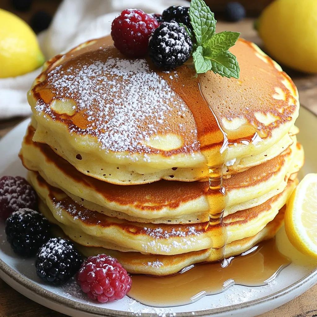 To make fluffy lemon ricotta pancakes, you need these simple ingredients: - 1 cup ricotta cheese - 1 large egg - 1/4 cup whole milk - 1 medium lemon, zested and juiced - 1 teaspoon pure vanilla extract - 1 cup all-purpose flour - 2 teaspoons baking powder - 1/4 teaspoon fine salt - 2 tablespoons granulated sugar - Butter or vegetable oil for cooking - Fresh mixed berries (like strawberries, blueberries, and raspberries) - Pure maple syrup for serving I recommend using whole milk for the best texture. If you want a lighter option, use low-fat milk. You can replace ricotta with cottage cheese if needed, but adjust the texture. For sweetness, feel free to swap granulated sugar for honey or maple syrup. Fresh ingredients make a big difference in flavor. Use a ripe lemon for zest and juice. Fresh berries add color and natural sweetness. Always choose ripe, firm berries for the best taste. Using fresh ingredients will elevate your pancakes and make them shine on the plate. Start by grabbing a large mixing bowl. Add 1 cup of ricotta cheese, 1 large egg, and 1/4 cup of whole milk. Next, zest and juice a medium lemon and mix that in. Don’t forget 1 teaspoon of pure vanilla extract. Use a whisk to blend everything until it's smooth and creamy. Make sure the ricotta mixes well with the other ingredients. This step is key for a rich flavor. In a separate bowl, combine 1 cup of all-purpose flour, 2 teaspoons of baking powder, 1/4 teaspoon of fine salt, and 2 tablespoons of granulated sugar. Whisk these dry ingredients together. Mixing them well helps your pancakes rise and stay fluffy. Preheat your non-stick skillet or griddle over medium heat. Once hot, add a little butter or vegetable oil to coat the surface. For each pancake, pour about 1/4 cup of batter onto the skillet. Cook for 2-3 minutes, watching for bubbles to form on the surface. Carefully flip the pancakes with a spatula and cook for another 2-3 minutes until they turn golden brown. Transfer the pancakes to a warm plate and cover them with a clean kitchen towel to keep them warm. Repeat this cooking process until you've used all the batter. Serve your fluffy pancakes warm, topped with fresh mixed berries and a drizzle of pure maple syrup for a delightful treat! To make your pancakes fluffy, focus on mixing. Combine your wet and dry ingredients separately. This keeps the baking powder active. When you mix them together, fold gently. Lumps in the batter are okay. They help create a light texture. Also, let the batter rest for a few minutes. This lets the flour hydrate and encourages fluffiness. For an extra flavor boost, consider adding a pinch of nutmeg or cinnamon. These spices pair well with lemon. You can also use almond extract instead of vanilla. This adds a nice twist. If you want a sweeter taste, try adding a bit more sugar. Fresh herbs like mint or basil can also give a fresh touch. One mistake people make is overmixing the batter. This leads to dense pancakes. Another common error is cooking at too high a heat. Medium heat is best for even cooking. Watch for bubbles on the surface; they are a sign to flip. Finally, don’t skip the toppings. Fresh berries and syrup make these pancakes shine! {{image_4}} You can boost flavor by adding fruits to your pancakes. Fresh bananas or sliced strawberries work great. Just fold them into the batter gently before cooking. Blueberries are another fun choice. They burst with flavor as they cook. You can also try diced peaches or apples for a twist. Each fruit brings its own sweetness and texture. This way, you can enjoy new tastes every time you make them. If you need a gluten-free version, swap all-purpose flour for a gluten-free blend. Look for blends that work in baking. They often have a mix of rice flour, potato starch, and tapioca starch. You can also use almond flour for a nutty flavor. Just keep in mind that the texture may change slightly. The pancakes may not be as fluffy but still delicious. Add your favorite extracts for an exciting twist. Try almond extract for a nutty taste. A drop of lemon extract can intensify the lemon flavor. Coconut extract can also add a tropical vibe. Just remember, extracts are strong. Start with a small amount and taste the batter. Adjust as needed for the best flavor. These little changes can make a big difference in your pancakes. Store leftover pancakes in an airtight container. Keep them in the fridge for up to three days. Make sure they cool down before sealing. This helps keep them fresh and tasty. To reheat pancakes, use a microwave or skillet. For the microwave, place them on a plate and cover with a damp paper towel. Heat for about 20-30 seconds. For the skillet, warm them over low heat for about 1-2 minutes on each side. This keeps the pancakes soft and fluffy. You can freeze pancakes for later. Let them cool completely, then stack them with parchment paper between each pancake. Place the stack in a freezer bag. They can stay frozen for up to two months. When ready to eat, thaw overnight in the fridge before reheating. Enjoy fluffy pancakes anytime! Yes, you can make these pancakes ahead. Cook them and let them cool. Place them in a single layer on a plate. Cover with plastic wrap and store in the fridge. They stay fresh for up to two days. When you're ready to eat, just reheat them in a skillet. You can also use a microwave for quicker results. If you don't have ricotta cheese, you can use cottage cheese. Drain it well before mixing. Cream cheese works too, but it will be thicker. Greek yogurt is another option for a tangy flavor. Each alternative offers a different texture but will still create tasty pancakes. Pancakes are done when they turn golden brown on both sides. Look for small bubbles forming on the surface before flipping. They should feel firm to the touch. If the center springs back when you press it lightly, they are ready. Enjoy the fluffy texture and fresh lemon flavor! In this post, we explored pancake making from ingredients to storage tips. We learned about the key components, measurements, and substitutions for a perfect batter. You found step-by-step instructions for mixing, cooking, and avoiding common mistakes. We discussed ways to enhance flavor and offered delicious variations. Store your pancakes properly to enjoy them later. Remember, practice makes perfect. With these tips, you can whip up fluffy pancakes any time. Enjoy the process, and make it fun in your kitchen!