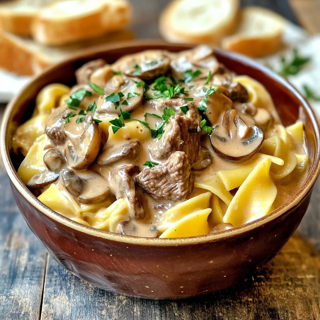 - 1.5 lbs beef stew meat - 8 oz mushrooms - 1 medium onion - 3 cloves garlic - 1 cup beef broth - 1 tablespoon Worcestershire sauce - 2 teaspoons Dijon mustard - 1 teaspoon dried thyme - Salt and pepper to taste - 1 cup sour cream - 2 tablespoons all-purpose flour (optional) - 12 oz egg noodles - Fresh parsley for garnish For a tasty beef stroganoff, you need specific ingredients. First, the beef stew meat is key. I recommend using 1.5 lbs, cut into bite-sized pieces. This meat cooks well and becomes tender. Next, you’ll want 8 oz of mushrooms. Both button and cremini work great, adding a nice earthy flavor. Onions and garlic bring depth to your dish. Use one medium onion, finely chopped, and three cloves of minced garlic. This combo creates an aromatic base. Don’t forget the beef broth! One cup will help make your sauce rich and savory. Now for seasoning, one tablespoon of Worcestershire sauce adds a savory kick. Two teaspoons of Dijon mustard give it a bit of tang. You’ll also need one teaspoon of dried thyme. Adjust salt and pepper to your taste. For a creamy finish, one cup of sour cream is essential. If you want a thicker sauce, use two tablespoons of all-purpose flour. Finally, cook 12 oz of egg noodles. They will soak up the sauce and make the meal hearty. Top it all with fresh parsley for that perfect touch. - Prepare the beef and vegetables Start with 1.5 lbs of beef stew meat. Cut it into bite-sized pieces. This will form the heart of your dish. Next, chop 1 medium onion and mince 3 cloves of garlic. Slice 8 oz of mushrooms, either button or cremini. These veggies boost flavor and texture. - Mix broth and seasonings In a bowl, mix 1 cup of beef broth with 1 tablespoon of Worcestershire sauce. Add 2 teaspoons of Dijon mustard, 1 teaspoon of dried thyme, and salt and pepper to taste. Stir until everything is blended well. This mixture adds rich flavor to your stroganoff. - Layer ingredients in the slow cooker Place the beef stew meat at the bottom of your slow cooker. Next, layer the chopped onion, minced garlic, and sliced mushrooms on top. Finally, pour the broth mixture over everything. This keeps your beef tender while it cooks. - Cooking times for low and high settings Cover the slow cooker. Set it to cook on low for 7-8 hours or on high for 4-5 hours. The goal is fork-tender beef, soaking up all the savory goodness. Check the meat at the end of the cooking time to ensure it's perfectly tender. - Cooking egg noodles separately About 30 minutes before serving, boil a pot of water. Cook 12 oz of egg noodles according to the package instructions. Once done, drain them and set aside. Cooking them separately keeps the noodles from getting mushy. - Thickening the sauce before serving If you want a thicker sauce, mix 2 tablespoons of all-purpose flour with a small amount of water. Stir this slurry into the slow cooker along with 1 cup of sour cream. Let it cook for an additional 10-15 minutes. This gives your stroganoff a creamy texture. - Combining noodles with the stroganoff Once everything is ready, gently fold the cooked egg noodles into the beef stroganoff mixture. Make sure the noodles are well coated in the rich sauce. Taste and adjust seasoning with more salt or pepper if needed. Enjoy the comfort of this classic dish! To get fork-tender beef, choose the right cut. I recommend beef stew meat. Sear the meat briefly before adding it to the slow cooker. This helps lock in flavors. Cook it low and slow for the best results. Aim for 7-8 hours on low or 4-5 hours on high. For the right sauce consistency, you can adjust it easily. If you want a thicker sauce, mix 2 tablespoons of flour with water to make a slurry. Stir this into the slow cooker along with the sour cream about 30 minutes before serving. This will give you a creamy, rich sauce. Want to boost the flavor? Adding herbs makes a big difference. Try fresh parsley or thyme for extra aroma. You can also add paprika for a hint of warmth. Just sprinkle it in before serving. For optional toppings, think about adding a dollop of sour cream or a sprinkle of cheese. This adds richness and makes each bowl special. Some fresh chives or crispy onions can also add a nice crunch. You can change the meat for variety. Try chicken or pork for a different flavor. If you're looking for plant-based options, use mushrooms or lentils instead. They work well in this dish. If you need gluten-free options, use gluten-free noodles. You can also replace flour with cornstarch for thickening. This way, everyone can enjoy the dish without worry. {{image_4}} You can change the taste of beef stroganoff by using different mushrooms. Try shiitake or portobello for a rich flavor. You can also switch the beef stew meat for sirloin or even chicken. For a vegetarian or vegan twist, use mushrooms and tempeh instead of beef. Replace sour cream with cashew cream or coconut yogurt for a creamy finish. To make your meal complete, consider serving your beef stroganoff with some tasty sides. A fresh green salad works well. Roasted vegetables also add a nice touch. For a fun twist, serve the stroganoff in a bread bowl. You can even top it with crispy onions for extra crunch. Beef stroganoff has many international versions. In Hungary, you might find paprika added for a smoky flavor. In Germany, they often include mustard for a tangy taste. You can also add local herbs or spices to make the dish your own. If you like, try adding a splash of red wine for depth. To store your leftover beef stroganoff, let it cool first. Place it in an airtight container. This keeps it fresh and tasty. You can store it in the fridge for about 3 to 4 days. If you want to keep it longer, freezing is a great option. To freeze beef stroganoff, use a freezer-safe container. Make sure to leave some space for expansion. It can last up to 3 months in the freezer. When you’re ready to eat it, thaw it in the fridge overnight. For quick thawing, you can use the microwave. To reheat, warm it on the stove over low heat. Stir occasionally to keep it from sticking. You can also use the microwave for quick meals. Just be sure to stir every minute for even heating. You can prepare some ingredients ahead of time. Chop your onion, garlic, and mushrooms the night before. Store them in the fridge for easy access. You can also cut the beef into pieces in advance. For busy days, consider making a big batch. Cook a double recipe and freeze half. This way, you’ll have a delicious meal ready to go. Just follow the freezing instructions above. Yes, you can! While beef stew meat works great, you can try other cuts too. - Chuck roast: This cut has a lot of flavor and becomes very tender. - Sirloin: A leaner option, still tender when cooked right. - Pork: Pork shoulder can also be a tasty swap. - Chicken: For a lighter dish, use chicken thighs. Each meat brings its own flavor. Adjust your cooking time based on the meat you choose. Cooking time depends on your slow cooker setting. - Low setting: Cook for 7-8 hours. This gives the beef time to get tender. - High setting: Cook for 4-5 hours. This is faster but still works well. Keep an eye on the beef. It should be fork-tender when done. Yes, you can make beef stroganoff on the stovetop! - Start by browning the beef in a large pot. - After that, add the onions, garlic, and mushrooms. Cook until soft. - Then, add the broth and seasonings. - Let it simmer for about 30-40 minutes. This helps the flavors blend well. This method is faster, but you miss the slow-cooked flavor. This blog post detailed a delicious beef stroganoff recipe from start to finish. You learned about the main ingredients, step-by-step cooking methods, and various tips to enhance your dish. We also explored storage options and addressed common questions to help you troubleshoot. As you prepare this meal, remember that every tweak can make it your own. Enjoy the process and share this comforting dish with friends and family. With a bit of creativity, you’ll create a hearty meal everyone will love.