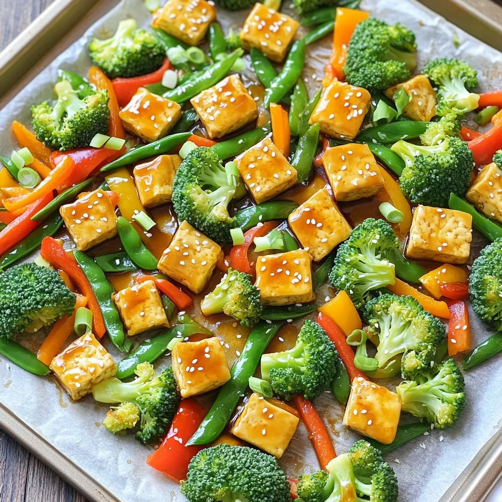 - 1 block (14 oz) firm tofu, well-drained and pressed - 2 cups fresh broccoli florets - 1 bell pepper, thinly sliced - 1 cup snap peas, trimmed - 1 large carrot, julienned - 1 medium red onion, sliced - 1/4 cup low-sodium soy sauce - 3 tablespoons pure maple syrup - 2 tablespoons rice vinegar - 1 teaspoon toasted sesame oil - 2 cloves garlic, finely minced - 1 teaspoon fresh ginger, grated - Sesame seeds, for sprinkling - Chopped green onions, for garnish Gather these fresh ingredients to create a vibrant dish. Firm tofu holds up well in stir-fry, giving you a satisfying bite. Broccoli adds a nice crunch, while bell pepper brings color and sweetness. Snap peas provide a crisp texture, and carrots add a touch of earthiness. Red onion contributes a mild sharpness that balances the flavors. For the teriyaki sauce, soy sauce forms the base, while maple syrup gives a hint of sweetness. Rice vinegar adds a tangy kick, and toasted sesame oil enhances the richness. Garlic and ginger infuse the sauce with warm, aromatic notes. Top your dish with sesame seeds and chopped green onions for a beautiful finish. These garnishes not only look great but also add extra flavor. Enjoy the delightful mix of tastes and textures in your Sheet-Pan Teriyaki Tofu Stir Fry! Start your cooking by preheating your oven to 400°F (200°C). This step is key for even cooking. Next, line a large sheet pan with parchment paper. This makes cleanup easy and helps food not stick. Take your block of firm tofu and press it to remove moisture. This helps the tofu soak up the sauce. Cut the tofu into bite-sized cubes and place them in a mixing bowl. In a small bowl, mix the low-sodium soy sauce, pure maple syrup, rice vinegar, toasted sesame oil, minced garlic, and grated ginger. This blend becomes your teriyaki sauce. Pour half of this sauce over the tofu. Toss gently until each cube is well-coated. Let the tofu marinate for about 15 minutes. While the tofu soaks in flavor, grab a large mixing bowl. Add fresh broccoli florets, sliced bell pepper, trimmed snap peas, julienned carrot, and onion wedges. Drizzle the remaining teriyaki sauce and olive oil over the veggies. Toss everything together so the sauce coats each piece. This adds great flavor to your stir-fry. Now it’s time to bring it all together. Spread the marinated tofu and colorful vegetables evenly onto your prepared sheet pan. Make sure not to overcrowd the pan; this helps them roast nicely. Place the pan in the preheated oven and bake for 25-30 minutes. Stir the mix halfway through to ensure even cooking. The tofu should turn golden brown, while the veggies become tender-crisp. After baking, sprinkle sesame seeds and chopped green onions on top for extra flavor and a pop of color. Enjoy your vibrant dish! Tofu can be tricky, but I have some good tips. First, always press your tofu. This removes extra water, helping it absorb flavors. Wrap the tofu in a clean towel and place a heavy object on top. Let it sit for at least 15-20 minutes. After pressing, cut the tofu into even cubes. This helps it cook evenly and get that golden color. You can add any veggies you like! Try adding zucchini, mushrooms, or cauliflower. Green beans or bok choy also work great. If you want a bit of spice, try adding sliced jalapeños. Just make sure to cut all veggies into similar sizes. This ensures they cook at the same rate. Feel free to adjust the sauce to your taste! If you love sweetness, add more maple syrup. Want it tangy? A bit more rice vinegar does the trick. For spice, add a splash of sriracha. If soy sauce isn't your thing, use coconut aminos for a different flavor. Taste the sauce before adding it to the tofu and veggies; tweak it until it’s perfect for you! {{image_4}} You can switch up the protein in this dish. Tempeh works great as a plant-based option. It adds a unique nutty taste and a firm texture. If you prefer meat, try chicken or shrimp. Both cook quickly and absorb flavors well. Just adjust the cooking time based on what you choose. Aim for golden, crispy pieces for the best taste. You can play with the teriyaki sauce too. Add chili flakes for heat. A splash of lime juice gives a fresh zing. Want something sweeter? Try adding honey or brown sugar. For depth, consider sesame seeds or even a hint of peanut butter. Each choice can change the dish's overall flavor profile while keeping it delicious. This stir fry shines on various bases. Serve it over fluffy rice for a classic touch. Quinoa is a great option, too. It adds protein and a nutty flavor. Noodles can make it a fun dish. Try rice noodles or whole wheat options for different textures. Each base offers a unique way to enjoy your stir fry. Store your leftover stir fry in an airtight container. This keeps it fresh and safe. Make sure to let it cool down before sealing it. The stir fry will stay good in the fridge for up to 3 days. To reheat your stir fry, use the microwave or a skillet. If using the microwave, heat for 1-2 minutes. Stir halfway to warm it evenly. If using a skillet, add a splash of water and heat over medium heat. This keeps the tofu and veggies from drying out. You can freeze portions for later. Use freezer bags or containers. Make sure to remove as much air as possible. The stir fry can be frozen for up to 3 months. When you want to enjoy it again, thaw in the fridge overnight. Reheat as usual after thawing. Yes, you can! Firm tofu works best, but you can try soft or silken tofu. Soft tofu gives a creamier texture. Silken tofu will blend into the sauce well. However, the cooking method may change. Silken tofu may fall apart easily. If you use it, be gentle when mixing. You have many options! In addition to broccoli and bell peppers, consider adding: - Cauliflower florets - Zucchini, sliced - Baby corn - Mushrooms, chopped - Asparagus, cut into pieces Mix and match based on what you like. The more colors, the better! Making a gluten-free stir fry is easy. Simply swap the soy sauce for tamari or coconut aminos. Both options taste great! Ensure your other ingredients are gluten-free too. Check labels on sauces and any pre-packaged items. Enjoy your dish without worry! This blog post covered how to create a delicious teriyaki stir-fry. You learned about the main ingredients like tofu and vegetables, plus the teriyaki sauce. We detailed steps for prepping, marinating, and baking your dish. I shared tips for perfecting tofu texture and suggested variations for proteins and sauces. Cooking is all about creativity and fun. Don't be afraid to adjust the recipe to fit your taste. Enjoy your cooking and share your tasty creation!