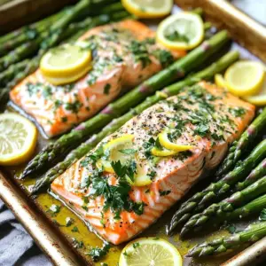 - 4 salmon fillets (about 170 grams each) - 1 bunch of fresh asparagus, woody ends trimmed - 2 tablespoons extra-virgin olive oil - Juice and zest of 1 large lemon - 2 cloves of garlic, finely minced - 1 teaspoon dried dill weed - 1 teaspoon dried thyme leaves - Sea salt and freshly cracked black pepper to taste - Thin lemon slices for garnish - Chopped fresh parsley for decoration You can swap salmon with other fish, like trout or cod. If you don't have fresh asparagus, try green beans or broccoli. Use lemon juice from a bottle if fresh lemons are unavailable. You can replace olive oil with avocado oil or melted butter for a different taste. If you can't find dried herbs, fresh dill and thyme work well too. Remember, fresh herbs have more flavor, so adjust the amount. This dish is healthy and packed with nutrients. Each serving gives you around: - Calories: 350 - Protein: 30 grams - Fat: 20 grams - Carbohydrates: 8 grams - Fiber: 3 grams - Sugar: 1 gram The salmon offers omega-3 fatty acids, which are great for your heart. Asparagus provides fiber and vitamins A, C, and K. Enjoying this meal supports a balanced diet while being delicious! Start by heating your oven to 400°F (200°C). This step is key for even cooking. Next, grab a large baking sheet and line it with parchment paper. This will help with cleanup later. In a small bowl, mix together 2 tablespoons of olive oil, the juice and zest of one lemon, and 2 minced garlic cloves. Add in 1 teaspoon of dried dill and 1 teaspoon of dried thyme. Whisk all these ingredients until they blend well. Then, season with sea salt and freshly cracked black pepper to taste. This mixture adds bright flavor to the dish. Place 4 salmon fillets in the center of your baking sheet. Surround them with a bunch of fresh asparagus, making sure to trim the woody ends first. Next, pour the lemon herb mixture over both the salmon and asparagus. Make sure everything is well coated. This ensures that each bite bursts with flavor. Finally, place the baking sheet in your preheated oven and bake for about 12-15 minutes. The salmon should flake easily, and the asparagus should be tender yet still have a slight crunch. Enjoy the delightful aroma filling your kitchen! To cook salmon just right, start with fresh fillets. Look for bright color and firm texture. Preheat your oven to 400°F (200°C). This high heat helps cook the fish evenly. Cook the salmon for 12 to 15 minutes. It should flake easily with a fork. If it looks opaque and has a slight shine, it’s ready. For extra flavor, use the lemon herb mixture generously. To keep asparagus tender, choose fresh, bright green spears. Trim the woody ends before cooking. This helps them cook evenly. When you arrange the asparagus around the salmon, give them space. They need room to roast well. Bake them for the same time as the salmon. This way, they remain crisp yet tender. If you prefer softer asparagus, add a few more minutes to the cook time. Garnishes can elevate your dish. For this recipe, use thin lemon slices. They add a bright pop of color. Chopped fresh parsley works well too. Sprinkle it on just before serving. It enhances the dish's look and adds fresh flavor. You can serve the meal right from the pan for a rustic feel. Or, plate it for a more refined touch. Either way, it will impress your guests. {{image_4}} You can swap asparagus for other veggies. Try broccoli, green beans, or bell peppers. Each veggie gives a new taste. Broccoli adds crunch, while bell peppers add color. You can also use zucchini or cherry tomatoes for a sweet touch. Just cut them to match the salmon cooking time. This keeps everything tender and tasty. Feel free to change the herbs in the recipe. If you love basil, use it for a fresh taste. Oregano also works well for a more robust flavor. You can even add a pinch of fresh cilantro for a unique twist. Mixing herbs like rosemary with thyme can bring depth to your dish. Don't be afraid to experiment and find your favorite blend! You can make this dish in several ways. For grilling, heat your grill to medium-high. Place the salmon and asparagus on a grill-safe tray. Brush with the lemon herb mix and grill for about 5-7 minutes. If you use an air fryer, set it to 375°F (190°C). Cook for around 10-12 minutes. Both methods give you a nice char and keep the flavors bright. Enjoy the fun of trying new methods! After enjoying your Sheet-Pan Lemon Herb Salmon & Asparagus, let the food cool first. Place the leftovers in an airtight container. Store them in the fridge for up to three days. If you want to keep them longer, consider freezing. To reheat, take the salmon and asparagus out of the fridge. You can use an oven or a microwave. If using the oven, preheat it to 350°F (175°C). Place the food on a baking sheet and cover with foil. Heat for about 10-12 minutes. For the microwave, warm in 30-second intervals until hot. For freezing, ensure the salmon and asparagus are in a freezer-safe container. Wrap them in plastic wrap first, then place them in a container. They can last up to three months in the freezer. When ready to eat, thaw in the fridge overnight. Reheat using the oven or microwave, as mentioned above. Enjoy your meal again with all its zesty flavor! Bake the salmon for 12-15 minutes at 400°F (200°C). Check for doneness by using a fork. The fish should flake easily when cooked. Cooking time may vary based on the thickness of the fillets. Always monitor closely to avoid overcooking. Yes, you can use frozen salmon. However, thaw it first for even cooking. Place the salmon in the fridge overnight to defrost. If you are short on time, you can also thaw it quickly in cold water. Just make sure it’s fully thawed before baking. This dish pairs well with many sides. Here are a few ideas: - Quinoa or rice for a hearty base - A fresh green salad for crunch - Roasted potatoes for a comforting touch - Garlic bread for a tasty side Feel free to mix and match sides to suit your taste! You now have a complete guide to making Sheet-Pan Lemon Herb Salmon & Asparagus. We covered ingredients, cooking steps, and useful tips. I shared ways to vary this dish and how to store leftovers. It’s easy to cook and great for any meal. Remember, cooking is fun, so don’t be afraid to try new ideas. Enjoy your tasty salmon, and impress your family and friends with your skills!
