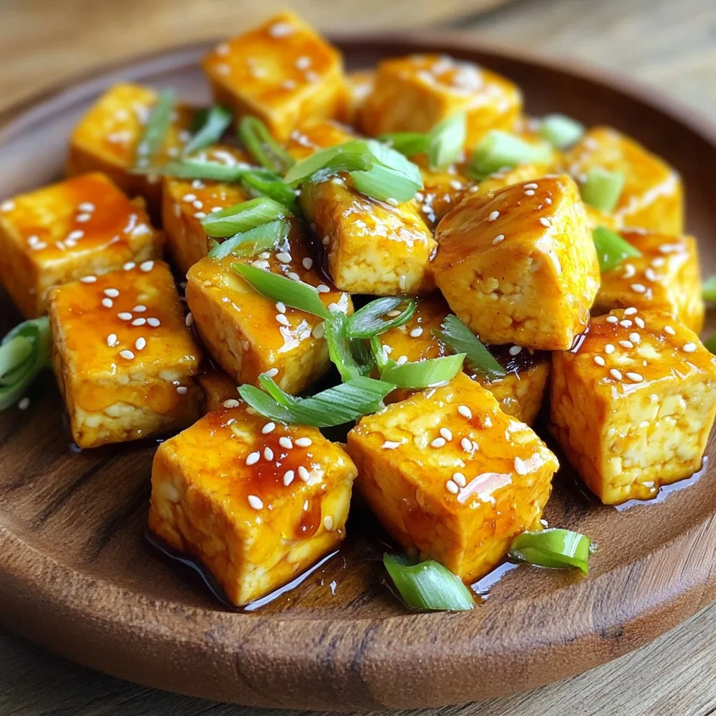 - 14 oz firm tofu, well-drained and pressed - 3 tablespoons honey - 2 tablespoons Sriracha sauce (adjust to taste) - 1 tablespoon soy sauce (or tamari for gluten-free option) - 1 teaspoon garlic powder - 1 teaspoon ground ginger - Salt and black pepper to taste Tofu is the star here. Using firm tofu gives the best texture. Honey and Sriracha bring sweet and spicy flavors. Soy sauce adds depth, while garlic powder and ginger give a savory kick. Salt and pepper round out the taste. - 2 green onions, thinly sliced (for garnish) - 1 tablespoon sesame seeds (for garnish) These garnishes add color and crunch. Green onions bring freshness, while sesame seeds offer a nutty flavor. - 2 tablespoons extra virgin olive oil - 2 tablespoons cornstarch Olive oil helps the tofu crisp up in the air fryer. Cornstarch is key for that crunchy outer layer. Without it, the tofu might be soft. Remember, this step is vital for a great texture! Start by draining the tofu. Place it on a plate, and put another plate on top. This helps press out moisture. Leave it for about 15-20 minutes. After pressing, cut the tofu into bite-sized cubes. Aim for uniform pieces so they cook evenly. Next, I make the marinade. In a bowl, whisk together honey, Sriracha, soy sauce, garlic powder, ground ginger, and a pinch of salt and pepper. Mix until it’s well combined. Carefully add the tofu cubes into the bowl. Toss gently to coat each piece in the marinade. Let the tofu sit for at least 15 minutes. For more flavor, you can marinate it overnight in the fridge. Now, preheat your air fryer to 375°F (190°C) for about 5 minutes. This step helps the tofu cook evenly. Lightly brush the air fryer basket with olive oil. Place the coated tofu cubes in a single layer. Avoid overcrowding the basket. You may need to cook in batches. Air fry for 15-20 minutes. Halfway through, pause and shake the basket for even browning. The tofu should be golden-brown and crispy on the outside. To get that perfect crispy texture, start with cornstarch. After marinating the tofu, sprinkle 2 tablespoons of cornstarch over the cubes. Toss them gently to coat each piece. Cornstarch absorbs moisture and helps the tofu crisp up nicely in the air fryer. Next, pay attention to cooking temperature and time. Preheat your air fryer to 375°F (190°C) for about 5 minutes. This step ensures even cooking. Air fry the tofu for 15-20 minutes. Remember to shake the basket halfway through for even browning. The tofu should be golden-brown and crispy when done. To adjust the Sriracha heat, simply add more or less sauce. If you like it spicy, add an extra tablespoon of Sriracha. If you prefer mild flavors, use less. The balance of honey and Sriracha creates a sweet and spicy taste. Marination duration is also key. For best results, marinate for at least 15 minutes. Letting it sit longer allows the flavors to soak in. You can also refrigerate the tofu overnight for a deeper taste. For the best side dishes, serve the crispy honey Sriracha tofu with steamed jasmine rice or a fresh salad. These sides complement the flavors well. Presentation is important too. Serve the tofu on a stylish plate. Drizzle any remaining honey Sriracha sauce over the tofu. Garnish with green onions and sesame seeds for a pop of color. A beautiful presentation makes the dish even more enticing! {{image_4}} - Tofu alternatives: If you want a different texture, try tempeh or seitan. Both work well with the same marinade. They add unique flavors and can give you a great crunch. - Vegan substitutions: For a vegan-friendly option, swap honey with maple syrup or agave nectar. Both sweeteners add a nice touch without using animal products. - Sweet vs. spicy: You can adjust the sweetness or heat level by changing the amount of honey and Sriracha. For a sweeter dish, add more honey. If you like it spicier, increase the Sriracha. - Additional spices and herbs: Try adding cumin or smoked paprika for a smoky flavor. Fresh herbs like cilantro can brighten the dish. Experiment with what you enjoy! - Oven baking option: If you don’t have an air fryer, you can bake the tofu. Preheat your oven to 400°F (200°C). Arrange the tofu on a baking sheet and bake for about 25-30 minutes. Flip halfway for even cooking. - Pan frying alternative: You can also pan-fry the tofu. Heat oil in a skillet over medium heat. Cook the tofu cubes until golden brown, about 3-5 minutes per side. This gives it a lovely crispy texture too! To store your crispy honey Sriracha tofu, use airtight containers. Glass containers work great for keeping the tofu fresh. Place the cooled tofu in the container. Seal it tightly to avoid air exposure. Store it in the fridge for up to four days. This way, you keep the flavor intact and prevent it from getting soggy. To reheat your tofu, the air fryer is the best choice. Set it to 375°F (190°C) and cook for 5-7 minutes. This method helps maintain the crispy texture. If you don't have an air fryer, use a skillet. Heat it on medium and add a splash of oil. Cook until hot, turning regularly to keep it crisp. You can freeze tofu, but it’s best to do this before cooking. Drain and press the tofu, then cut it into cubes. Place the cubes in a freezer bag and remove as much air as possible. Freeze for up to three months. When ready to use, thaw the tofu in the fridge overnight. After thawing, press it again to remove moisture for the best texture. To make tofu crispy, start with firm tofu. Drain and press it well to remove moisture. Cut it into small cubes for even cooking. Mix cornstarch with the tofu after marinating it. This coats the tofu and helps it crisp up in the air fryer. Set the air fryer to 375°F (190°C) and cook the tofu in a single layer. Shake the basket halfway through for even browning. Yes, you can use maple syrup or agave nectar instead of honey. Both provide a sweet flavor without any animal products. These substitutes will still make your honey Sriracha tofu taste great. Just keep the same amount when swapping out honey for these options. You can serve this tofu with steamed jasmine rice or a fresh salad. Both pair well with the sweet and spicy flavors. You can also add some stir-fried vegetables for a nutritious meal. Garnishing with green onions and sesame seeds adds a nice touch. Cooked tofu lasts about 3 to 5 days in the fridge. Store it in an airtight container to keep it fresh. If you want to keep it longer, consider freezing it. Just be aware that freezing may change its texture. This blog post covered how to make delicious honey Sriracha tofu. We discussed the main ingredients and garnishes, plus essential cooking tips. I shared step-by-step instructions for preparing, marinating, and cooking the tofu. You learned how to achieve the perfect crispy texture and flavor variations. Tofu can be a versatile and tasty dish. With the right techniques, you can create meals that impress. Try this recipe and enjoy your tasty tofu creation!