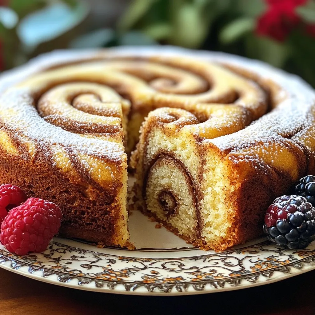 - 2 cups all-purpose flour - 1/2 teaspoon baking powder - 1/2 teaspoon baking soda - 1 teaspoon ground cinnamon - 1/4 teaspoon salt I start with the dry ingredients. First, I measure 2 cups of all-purpose flour. This flour gives the cake structure. Next, I add 1/2 teaspoon of baking powder and 1/2 teaspoon of baking soda. These help the cake rise and stay fluffy. Then, I mix in 1 teaspoon of ground cinnamon for that warm, sweet flavor. Lastly, I sprinkle in 1/4 teaspoon of salt. This enhances the cake's taste. - 1/2 cup unsalted butter - 1 cup granulated sugar - 2 large eggs - 1 teaspoon vanilla extract - 1/2 cup sour cream Next, I gather the wet ingredients. I use 1/2 cup of unsalted butter that is softened. This makes it easy to cream with sugar. I then add 1 cup of granulated sugar. I mix them until fluffy and light. After that, I crack in 2 large eggs, one at a time. I also add 1 teaspoon of vanilla extract for a rich flavor. Finally, I fold in 1/2 cup of sour cream. This adds moisture and a bit of tang. - 1/2 cup chopped walnuts - Powdered sugar for dusting For some extra crunch, I like to add 1/2 cup of chopped walnuts. They give a nice texture. If you want a sweet touch, you can dust the top with powdered sugar before serving. This makes the cake look pretty and adds a hint of sweetness. 1. Preheat your oven to 350°F (175°C). This heat makes the cake rise well. 2. Get a 9-inch round cake pan or a square dish. Grease it and dust it with flour. This stops the cake from sticking. 3. In a medium bowl, whisk together: - 2 cups all-purpose flour - 1/2 teaspoon baking powder - 1/2 teaspoon baking soda - 1 teaspoon ground cinnamon - 1/4 teaspoon salt Set this dry mix aside. 1. In a large bowl, combine: - 1/2 cup unsalted butter, softened - 1 cup granulated sugar Use an electric mixer. Beat on medium speed until light and fluffy, about 3-4 minutes. 2. Add in 2 large eggs, one at a time. Mix well after each addition. Then, pour in 1 teaspoon vanilla extract and mix until smooth. 3. Carefully fold in 1/2 cup sour cream. This makes the batter rich and moist. 1. Gradually add the dry mix to the wet mix. Stir gently with a spatula. Stop mixing once you don't see dry flour. This keeps the cake tender. 2. In a small bowl, mix: - 1/2 cup light brown sugar, packed - 1 tablespoon ground cinnamon If you like, add in 1/2 cup chopped walnuts for crunch. 3. Pour half of the batter into the pan. Sprinkle half of the cinnamon-sugar mix over it. Then, add the rest of the batter. Finish with the remaining cinnamon-sugar mix on top. 4. To create the swirl, use a butter knife. Gently swirl it through the batter. Don’t go too deep; you want to keep the layers. 5. Put the cake in the oven. Bake for 35-40 minutes. It’s done when a toothpick comes out clean. 6. Once baked, let it cool in the pan for 10 minutes. Then, move it to a wire rack to cool completely. 7. Before serving, dust the top with powdered sugar for a sweet touch. To keep your cake moist, do not overbake it. Start checking for doneness at 30 minutes. Use a toothpick; if it comes out clean, your cake is ready. If not, bake for an extra 5 to 10 minutes. Do not overmix your batter. When you combine wet and dry ingredients, mix just until there are no dry spots left. Overmixing can make the cake tough. For the perfect swirl, use a butter knife. Insert it lightly into the batter and make smooth, gentle motions. This creates beautiful layers without breaking them. Pair your coffee cake with a warm cup of coffee or tea. The flavors blend well and enhance your experience. For extra flair, dust the top with powdered sugar. You can also add fresh berries or a dollop of whipped cream. This adds color and taste to your presentation. Enjoy your cake warm or at room temperature for the best flavor! {{image_4}} You can easily change the flavor of this cake. Try adding chocolate chips for a sweet twist. Raisins also work well, adding a chewy texture. If you want more warmth, use nutmeg or ginger as spice substitutes. For a gluten-free cake, swap all-purpose flour with a gluten-free blend. Make sure to check the blend's instructions. For a vegan version, use plant-based butter and substitute eggs with flaxseed meal or applesauce. This keeps the cake moist and fluffy. Turn your coffee cake into parfaits! Layer pieces with yogurt and fresh fruit. This adds fun and color. You can also enjoy it as a breakfast treat or dessert. Pair it with coffee or tea for a perfect match. After baking your cinnamon swirl coffee cake, let it cool. Place the cake on a wire rack for about 10 minutes. This helps keep it moist. Once cooled, wrap the cake tightly in plastic wrap. You can also use aluminum foil. Store it at room temperature for up to 3 days. Avoid putting it in the fridge, as it can dry out. To freeze your cake, first ensure it is completely cool. Then, wrap it well in plastic wrap. After that, place it in an airtight freezer bag or container. This helps prevent freezer burn. You can freeze the cake for up to 3 months. When ready to eat, move it to the fridge overnight to thaw. For a quick warm-up, heat slices in the microwave for 10-15 seconds. You should eat your coffee cake within 3 days for the best taste. If stored properly, it stays fresh for up to a week. Look for signs of spoilage, like an off smell or dry texture. If the cake becomes hard or develops mold, it’s best to toss it. Enjoy it fresh for the best flavor and texture! You can use plain yogurt instead of sour cream. Greek or regular works well. If you need a dairy-free option, try coconut yogurt. It adds creaminess and a nice flavor. To stop the cake from sticking, grease the pan well with butter. Then, dust it lightly with flour. You can also use parchment paper for extra safety. This ensures easy removal after baking. Yes, you can make this coffee cake ahead of time. Bake it, cool it, and wrap it in plastic. Store it in the fridge for up to three days. You can also freeze it for longer. Just remember to thaw it before serving. All-purpose flour is best for coffee cake. It gives the cake the right texture. If you want a lighter cake, you can mix in some cake flour. This will make it softer and fluffier. To make a larger batch, simply double the ingredients. Use a larger pan to hold the extra batter. Adjust the baking time as needed. Check for doneness with a toothpick. Enjoy more slices! This coffee cake recipe offers simple steps and tasty ingredients. You learned about dry and wet ingredients, along with useful tips to get it just right. Don't forget to explore flavor options and storage methods to keep your cake fresh. Making this dish ahead of time is easy, and variations can add a fun twist. Enjoy your baking journey, and share it with friends and family. Your delicious coffee cake awaits!