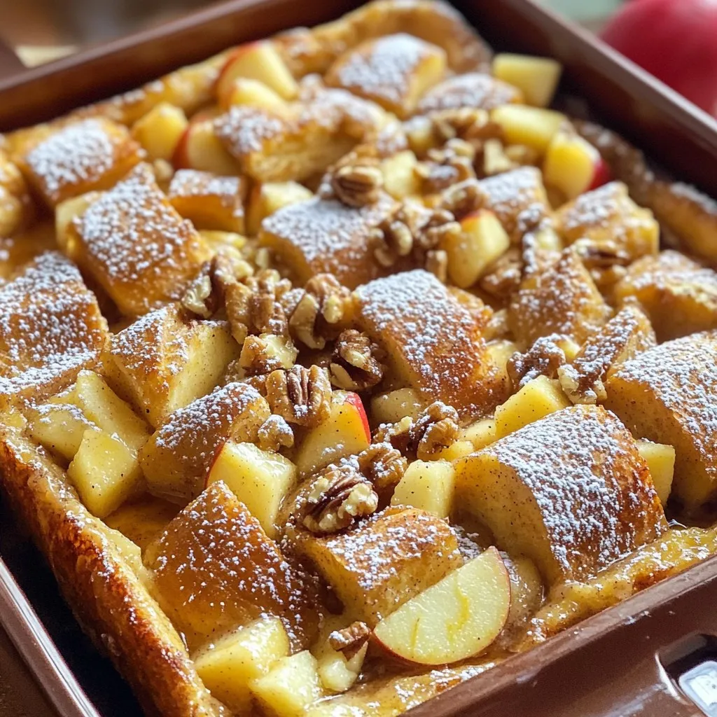 - 1 loaf of brioche or challah bread, cut into 1-inch cubes - 3 large eggs - 2 cups milk (dairy or non-dairy like almond or oat milk) - 1/4 cup pure maple syrup - 1 teaspoon pure vanilla extract - 1 tablespoon ground cinnamon - 3 medium apples (Honeycrisp or Fuji recommended), peeled, cored, and diced - 1/4 cup packed brown sugar - 1/4 teaspoon ground nutmeg The main ingredients are key to the flavor. The brioche or challah bread gives a rich taste. Eggs and milk create a custard-like base. Apples add sweetness and texture. Spices like cinnamon and nutmeg bring warmth and depth. - 1/2 cup walnuts or pecans, roughly chopped - Powdered sugar for dusting Optional ingredients can enhance the dish. Nuts add crunch and richness. A sprinkle of powdered sugar gives a sweet finish and makes it look pretty. - Slow cooker - Mixing bowls and measuring cups - Spatula or wooden spoon A slow cooker is essential for this recipe. It allows for slow cooking, which makes everything tender and flavorful. Mixing bowls help combine ingredients easily. A spatula or wooden spoon is perfect for folding in the bread. - In a large bowl, crack 3 eggs. - Whisk in 2 cups of milk, 1/4 cup maple syrup, 1 teaspoon vanilla, 1 tablespoon cinnamon, and 1/4 teaspoon nutmeg. Mix until smooth. - Cut your loaf of brioche or challah bread into 1-inch cubes. - Gently fold the bread cubes into the egg mixture. Make sure each piece is coated. - Start by greasing the slow cooker with cooking spray or butter. - Place half of the soaked bread mixture in the slow cooker. - Next, add half of the diced apples mixed with 1/4 cup brown sugar. - If you like nuts, sprinkle half of the chopped walnuts or pecans on top. - Repeat this layering with the rest of the bread, apples, and nuts. - Secure the lid on the slow cooker. - Set it to cook on low for 4-5 hours or high for 2-3 hours. - The French toast bake is done when it sets and the apples feel tender. - After cooking, turn off the slow cooker. - Let the bake rest for about 10 minutes before serving. - Dust with powdered sugar for a sweet touch, if you like. Best bread options for texture For the best texture, use brioche or challah bread. These breads are soft and slightly sweet. Their richness gives the bake a lovely taste. You can also use stale bread, as it absorbs the egg mixture better. Choosing the right apples Honeycrisp or Fuji apples work best. They are sweet and hold their shape well during cooking. You can also mix in tart apples like Granny Smith for a flavor boost. Just remember to peel and core them first! Ideal accompaniments Serve this dish warm with whipped cream or vanilla ice cream. A drizzle of extra maple syrup adds a nice touch too. You can also sprinkle some extra nuts or a dash of cinnamon on top for added flavor. Ways to present the dish For a beautiful presentation, cut the bake into squares. Place each square on a plate and dust with powdered sugar. Add fresh apple slices or a small sprig of mint for a pop of color! Over-soaking the bread Be careful not to soak the bread too long. If you do, it may turn mushy. Just mix until the bread is coated, then layer it in the slow cooker. Incorrect slow cooker settings Be sure to set the slow cooker correctly. Cooking on low for 4-5 hours gives the best results. If you use high, keep an eye on it. It can cook faster than you think! {{image_4}} You can change the flavors in your Slow Cooker Cinnamon Apple French Toast Bake. Try adding different fruits like berries or bananas. These fruits will bring a new taste and color. You can also mix in some chocolate chips for a sweet surprise. The chips melt and create pockets of rich chocolate in every bite. If you want dairy-free options, use almond or oat milk instead of regular milk. This keeps the dish creamy while being friendly to those who avoid dairy. For gluten-free eaters, you can swap regular bread for gluten-free bread. Make sure to choose a bread that has a good texture for the best outcome. Seasonal flavors can make this dish even more special. In fall, add pumpkin puree and pecans to bring a warm taste. The pumpkin makes the bake moist and tasty. For the holidays, consider adding eggnog flavoring for a festive twist. This gives your French toast bake a cozy, holiday vibe that everyone will love. To keep your Slow Cooker Cinnamon Apple French Toast Bake fresh, store it properly. First, let it cool. Place it in an airtight container. This will keep it from drying out in the fridge. You can store it in the fridge for up to three days. If you want to keep it longer, freeze it. Cut the bake into portions. Wrap each piece in plastic wrap. Then, place the wrapped pieces in a freezer bag. This way, you can enjoy it later. It can last in the freezer for up to three months. When it’s time to reheat, you want to keep the texture nice. The best method is to use the oven. Preheat your oven to 350°F (175°C). Place the portions on a baking sheet. Cover them with foil to keep the moisture in. Heat for about 15 to 20 minutes. If you use a microwave, be careful. Heat on lower power settings to avoid sogginess. Place a paper towel over the dish. This will help absorb excess moisture. Check it every minute until it’s warm. You can save time by preparing some parts in advance. Mix the egg and milk mixture the night before. Store it in the fridge. You can even chop the apples ahead of time. Just toss them in lemon juice to prevent browning. On busy mornings, assemble the bake the night before. Layer the bread and apple mixture in the slow cooker. Cover and set it in the fridge. In the morning, set the slow cooker to cook. You’ll wake up to a warm, delicious breakfast ready to enjoy! You can tell the French toast bake is done when it looks firm and set. The apples should be soft, and the top should have a nice golden color. If you insert a knife, it should come out clean. These signs mean you can enjoy your tasty dish! Yes, you can prepare this recipe overnight. Mix the egg and milk mixture, and soak the bread as usual. After that, layer the bread and apples in the slow cooker. Cover it and refrigerate overnight. In the morning, just set it to cook. It’s a great way to save time! If you want a vegan version, use flaxseed meal or chia seeds as egg substitutes. Mix 1 tablespoon of flaxseed meal or chia seeds with 3 tablespoons of water. Let it sit for a few minutes until it thickens. This mix works well in many recipes, including this one! Absolutely! Stale bread is perfect for this bake. It absorbs the egg mixture better than fresh bread. Day-old bread keeps its shape and gives a great texture. Using stale bread helps create a more delicious and satisfying dish. This article covered how to make a delicious slow cooker French toast bake. We discussed the main and optional ingredients you can use. You learned step-by-step instructions for preparation and cooking. Tips helped you avoid mistakes and try different flavors. Think of this dish as a great way to start your day or impress guests. With the right ingredients and techniques, you can enjoy a warm, tasty treat any time!