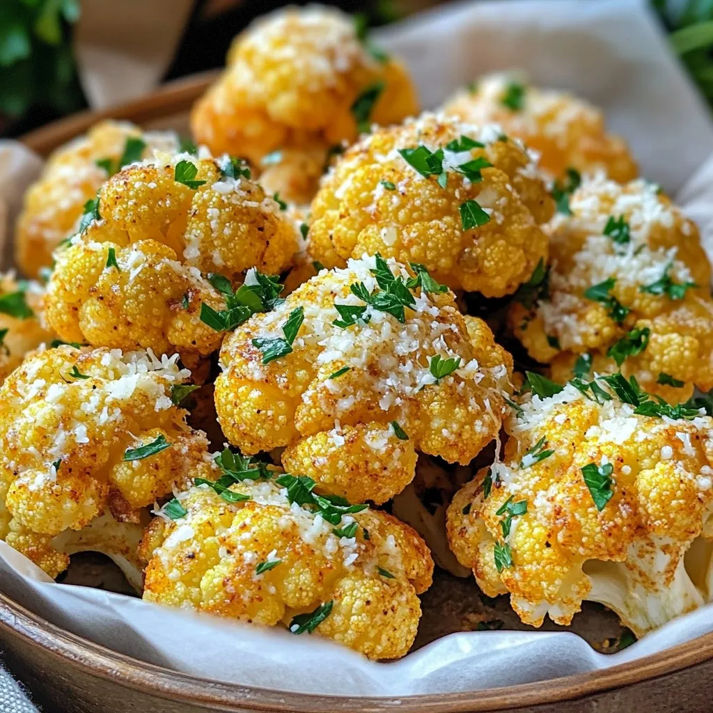 - 1 medium head of cauliflower - 3 tablespoons extra-virgin olive oil - 4 cloves garlic, finely minced - 1 teaspoon onion powder - 1 teaspoon garlic powder - 1/2 teaspoon crushed red pepper flakes - Salt and freshly cracked black pepper - 1/2 cup freshly grated Parmesan cheese - 2 tablespoons fresh parsley, finely chopped To make Air Fryer Garlic Parmesan Cauliflower, you need simple yet flavorful ingredients. Start with a medium head of cauliflower. Cut it into bite-sized florets. This helps them cook evenly. Next, grab your olive oil. You'll need three tablespoons of extra-virgin olive oil. This adds a rich taste and helps the spices stick to the cauliflower. Garlic is key in this recipe. Use four cloves of garlic, finely minced. Fresh garlic gives a strong, aromatic flavor. For spices, include one teaspoon each of onion powder and garlic powder. These add depth to the dish. If you like some heat, add half a teaspoon of crushed red pepper flakes. Don’t forget salt and freshly cracked black pepper to taste. Finally, for garnish, you’ll need half a cup of freshly grated Parmesan cheese. This gives a nice cheesy crust. Add two tablespoons of fresh parsley, finely chopped, for color and freshness. These ingredients make Air Fryer Garlic Parmesan Cauliflower a simple delight! First, preheat your air fryer to 400°F (200°C). This step is key. It helps the cauliflower get crispy. Let it warm up for about 5 minutes. In a large mixing bowl, combine: - 3 tablespoons extra-virgin olive oil - 4 cloves garlic, finely minced - 1 teaspoon onion powder - 1 teaspoon garlic powder - 1/2 teaspoon crushed red pepper flakes (optional) - Salt and freshly cracked black pepper Mix these ingredients well. The smell will be amazing! This fragrant marinade makes the cauliflower taste great. Now, add the cauliflower florets to the bowl. Toss them well to coat each piece. Every floret should be covered in the marinade. Next, sprinkle in: - 1/2 cup freshly grated Parmesan cheese Toss again. The cheese will create a tasty crust when we air fry it. Carefully place the cauliflower florets in the air fryer basket. Make sure to lay them in a single layer. If needed, cook in batches. This helps them cook evenly. Air fry the cauliflower for 10-12 minutes. Shake the basket halfway through. This step ensures even browning and crispiness. When the cauliflower is golden brown and crispy, it's done! Use caution when removing it, as it will be hot and fragrant. Enjoy your delicious treat! To get that great crunch, preheat your air fryer to 400°F (200°C). This step is key. It helps the cauliflower cook evenly and become crispy. I recommend letting it warm up for about 5 minutes. Cooking in batches is also important. If you pile the cauliflower too high, it won’t crisp up well. Spread the florets in a single layer. This way, hot air can circulate around each piece. You’ll get a perfect, golden brown color every time. You can switch up the cheese for new flavors. Try using cheddar, gouda, or even feta. Each cheese brings a unique taste to your dish. If you want a vegan option, add nutritional yeast instead of cheese. It gives a cheesy flavor without dairy and is packed with nutrients. Make your cauliflower look good on the table. Serve it in a rustic bowl for a homey feel. Drizzle a little extra olive oil on top for shine. You can also sprinkle fresh parsley for a pop of color. Pair your crispy cauliflower with dips or sauces. Ranch or garlic aioli works great. You can also try a spicy sriracha sauce for an extra kick. Enjoy your delicious creation! {{image_4}} You can make your Air Fryer Garlic Parmesan Cauliflower spicy! Just add extra spices or hot sauce. For heat, mix in cayenne pepper or chili powder with your marinade. If you love heat, add crushed red pepper flakes when you toss the cauliflower. This gives each bite a nice kick that pairs well with the garlic and cheese. Fresh herbs can take your dish to new heights. Try adding rosemary or thyme to your marinade. Chop a tablespoon of either herb and mix it in with the olive oil and garlic. The fragrant herbs will enhance the flavor and make your kitchen smell amazing. You can also sprinkle some fresh herbs on top after cooking for a bright finish. If you want a vegan version, replace the Parmesan cheese with a plant-based alternative. Nutritional yeast gives a cheesy flavor without dairy. Use 1/2 cup of nutritional yeast in place of the Parmesan. You can also try vegan cheese shreds that melt well. This way, everyone can enjoy this tasty dish! To store leftovers, let the cauliflower cool first. Place it in an airtight container. You can keep it in the fridge for up to three days. This way, it stays fresh and tasty for your next snack or meal. The best way to reheat is in the air fryer. Set it to 350°F (175°C) and cook for about 5 minutes. This keeps the cauliflower crispy. You can also use a microwave, but it may lose its crunch. If you choose the microwave, heat for 1-2 minutes on high. You can freeze the cauliflower, but it may change the texture. To freeze, place it in a single layer on a baking sheet. Once frozen, transfer it to a freezer bag. It will last for up to three months. When ready to eat, air fry it from frozen. Expect a softer texture, but the flavor will still be great! Yes, you can use frozen cauliflower. Thaw it first to avoid excess moisture. Reduce the cooking time by a few minutes. Check for doneness earlier since frozen cauliflower cooks faster. Look for a golden brown color on the florets. They should feel crispy on the outside but tender inside. You can also pierce a piece with a fork. If it goes in easily, it's ready! Yes, you can. Preheat your oven to 400°F (200°C). Spread the cauliflower on a baking sheet in a single layer. Bake for 20-25 minutes, flipping halfway through. Check for that golden brown color to know it’s done. This post covered a tasty air-fried cauliflower recipe, from gathering ingredients to cooking and serving. You learned how to prepare the marinade, ensure crispiness, and even create variations. Air frying gives your veggies great taste and texture. Try different cheeses or spices to keep things fun. Remember, storing leftovers properly will keep them fresh. Enjoy your cooking and share this healthy dish with friends!