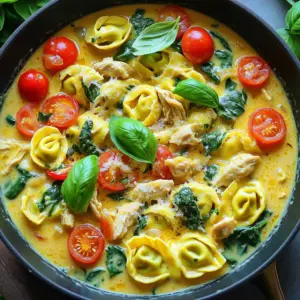 - 1 lb boneless, skinless chicken breasts, diced into bite-sized pieces - 12 oz fresh cheese tortellini - 2 tablespoons olive oil - 3 cloves garlic, finely minced - 1 cup cherry tomatoes, halved - 1 cup baby spinach, roughly chopped - 1 cup heavy cream - 1 teaspoon dried Italian herbs (a blend of basil, oregano, and thyme) - 1/2 cup grated Parmesan cheese - Salt and freshly ground black pepper to taste - Fresh basil leaves, for garnishing - Large pot for boiling tortellini - Large skillet for sautéing - Mixing bowl for tortellini - Wooden spoon for stirring - Knife and cutting board for chopping - Chicken: Use turkey or firm tofu for a different protein. - Tortellini: Swap with any pasta shape you like. - Heavy cream: Use half-and-half or coconut cream for a lighter option. - Fresh spinach: Kale or arugula can work well too. - Parmesan: Grated pecorino cheese adds a nice twist. To cook the tortellini, start by boiling a large pot of salted water. Once it bubbles, add 12 oz of fresh cheese tortellini. Follow the package instructions, which usually take about 3-5 minutes. When they are al dente, drain the tortellini. Set them aside in a large mixing bowl to keep them warm. Next, heat 2 tablespoons of olive oil in a large skillet over medium heat. Once the oil shimmers, add 1 lb of diced chicken breasts. Season with salt and black pepper to taste. Sauté the chicken for 7-10 minutes until it turns golden brown and is fully cooked. Remove the chicken from the skillet and place it on a plate to keep warm. In the same skillet, add 3 cloves of finely minced garlic. Sauté for about 1 minute until you smell the aroma. Then, add 1 cup of halved cherry tomatoes and 1 teaspoon of dried Italian herbs. Cook this mixture for 3-4 minutes until the tomatoes soften and their juices start to flow. Now, slowly pour in 1 cup of heavy cream. Stir well to mix it with the tomato blend. Bring the sauce to a gentle simmer. Add 1 cup of roughly chopped baby spinach and let it wilt for about 2 minutes. After that, return the cooked chicken to the skillet. Gently fold in the drained tortellini, ensuring they are coated with the creamy sauce. Sprinkle 1/2 cup of grated Parmesan cheese over the mixture. Stir until the cheese melts and blends into the sauce. Taste it and adjust the seasoning with more salt or pepper if needed. To serve, garnish with fresh basil leaves for that extra touch. Serve the dish hot in a deep bowl. For a great meal, drizzle a bit of olive oil and sprinkle some extra Parmesan on top. Enjoy your Tuscan Chicken Tortellini Skillet! To cook tortellini just right, follow these steps: - Use a large pot of salted water. This adds flavor. - Bring the water to a rolling boil. - Add the tortellini and stir gently. - Cook according to package instructions, usually 3-5 minutes. - Taste a piece to check for doneness. It should be tender but firm. - Drain the tortellini and set it aside. For a sauce that bursts with flavor, try these tips: - Use fresh garlic for a strong taste. - Add tomatoes and herbs early, letting them cook down. - Stir often to avoid burning. - Slowly pour in the cream. This makes it rich and smooth. - Add chopped spinach last. It wilts quickly and keeps its color. - Adjust seasoning with salt and freshly ground pepper to taste. To make your dish look amazing: - Serve in a deep bowl for an inviting look. - Drizzle a little olive oil on top for shine. - Sprinkle extra Parmesan cheese for flavor and flair. - Garnish with fresh basil leaves for color and aroma. - Pair with crispy garlic bread for a complete meal. {{image_4}} To make a vegetarian version, swap the chicken for protein-rich ingredients. Use firm tofu, tempeh, or chickpeas. These options add great texture and protein. You can also add mushrooms for a savory taste. Just sauté them with garlic for flavor. This way, you keep the dish delicious and filling. Feel free to add more veggies to your skillet. Zucchini, bell peppers, and asparagus work well. Chop them into small pieces and add them with the cherry tomatoes. This adds color and nutrition. You can even toss in some peas or broccoli for extra crunch. Just make sure they cook until tender. If you like heat, add red pepper flakes to the garlic while sautéing. Start with a pinch and adjust to your taste. You can also use fresh chili peppers, like jalapeños, for a bolder kick. If you want more flavor, stir in a bit of hot sauce at the end. This will enhance the dish without overpowering it. To store your Tuscan chicken tortellini skillet, let the dish cool first. Then, place it in an airtight container. This keeps the flavors fresh. Store it in the fridge for up to three days. If you want to enjoy it later, consider freezing it. When you are ready to enjoy your leftovers, reheat them on the stove. Use low heat and stir often. You can add a splash of cream or broth to keep it creamy. This helps to revive the flavors. Microwaving is also an option. Use a microwave-safe dish and cover it. Heat it in short bursts, stirring in between. If you want to freeze your dish, make sure it is completely cool. Transfer it to a freezer-safe container. The tortellini and sauce freeze well together. Use it within three months for the best taste. When ready to eat, thaw it in the fridge overnight. After that, reheat it on the stove. This way, you can enjoy a tasty meal anytime! Yes, you can use frozen tortellini. Just cook it according to the package. Frozen tortellini may take a bit longer than fresh. Check for doneness to ensure it's tender. To make this dish gluten-free, use gluten-free tortellini. Many brands offer this option. You can also replace regular pasta with zucchini noodles. They add a fresh taste and keep it healthy. Serve this dish with crispy garlic bread for a nice crunch. A side salad with mixed greens goes well too. A light, zesty dressing will balance the creamy flavors. Yes, you can prepare it ahead of time. Cook the chicken and sauce, then store them in the fridge. Cook the tortellini right before serving for best results. Heat everything together before you enjoy it. This guide covered everything you need for Tuscan Chicken Tortellini. We talked about the key ingredients, step-by-step cooking, and helpful tips. You learned different variations and how to store leftovers. Enjoy your cooking journey with this dish. It’s simple, tasty, and fun to make. Don’t hesitate to experiment with flavors and toppings. Happy cooking!