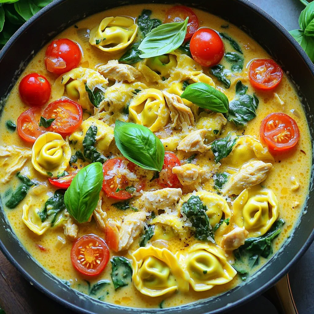 - 1 lb boneless, skinless chicken breasts, diced into bite-sized pieces - 12 oz fresh cheese tortellini - 2 tablespoons olive oil - 3 cloves garlic, finely minced - 1 cup cherry tomatoes, halved - 1 cup baby spinach, roughly chopped - 1 cup heavy cream - 1 teaspoon dried Italian herbs (a blend of basil, oregano, and thyme) - 1/2 cup grated Parmesan cheese - Salt and freshly ground black pepper to taste - Fresh basil leaves, for garnishing - Large pot for boiling tortellini - Large skillet for sautéing - Mixing bowl for tortellini - Wooden spoon for stirring - Knife and cutting board for chopping - Chicken: Use turkey or firm tofu for a different protein. - Tortellini: Swap with any pasta shape you like. - Heavy cream: Use half-and-half or coconut cream for a lighter option. - Fresh spinach: Kale or arugula can work well too. - Parmesan: Grated pecorino cheese adds a nice twist. To cook the tortellini, start by boiling a large pot of salted water. Once it bubbles, add 12 oz of fresh cheese tortellini. Follow the package instructions, which usually take about 3-5 minutes. When they are al dente, drain the tortellini. Set them aside in a large mixing bowl to keep them warm. Next, heat 2 tablespoons of olive oil in a large skillet over medium heat. Once the oil shimmers, add 1 lb of diced chicken breasts. Season with salt and black pepper to taste. Sauté the chicken for 7-10 minutes until it turns golden brown and is fully cooked. Remove the chicken from the skillet and place it on a plate to keep warm. In the same skillet, add 3 cloves of finely minced garlic. Sauté for about 1 minute until you smell the aroma. Then, add 1 cup of halved cherry tomatoes and 1 teaspoon of dried Italian herbs. Cook this mixture for 3-4 minutes until the tomatoes soften and their juices start to flow. Now, slowly pour in 1 cup of heavy cream. Stir well to mix it with the tomato blend. Bring the sauce to a gentle simmer. Add 1 cup of roughly chopped baby spinach and let it wilt for about 2 minutes. After that, return the cooked chicken to the skillet. Gently fold in the drained tortellini, ensuring they are coated with the creamy sauce. Sprinkle 1/2 cup of grated Parmesan cheese over the mixture. Stir until the cheese melts and blends into the sauce. Taste it and adjust the seasoning with more salt or pepper if needed. To serve, garnish with fresh basil leaves for that extra touch. Serve the dish hot in a deep bowl. For a great meal, drizzle a bit of olive oil and sprinkle some extra Parmesan on top. Enjoy your Tuscan Chicken Tortellini Skillet! To cook tortellini just right, follow these steps: - Use a large pot of salted water. This adds flavor. - Bring the water to a rolling boil. - Add the tortellini and stir gently. - Cook according to package instructions, usually 3-5 minutes. - Taste a piece to check for doneness. It should be tender but firm. - Drain the tortellini and set it aside. For a sauce that bursts with flavor, try these tips: - Use fresh garlic for a strong taste. - Add tomatoes and herbs early, letting them cook down. - Stir often to avoid burning. - Slowly pour in the cream. This makes it rich and smooth. - Add chopped spinach last. It wilts quickly and keeps its color. - Adjust seasoning with salt and freshly ground pepper to taste. To make your dish look amazing: - Serve in a deep bowl for an inviting look. - Drizzle a little olive oil on top for shine. - Sprinkle extra Parmesan cheese for flavor and flair. - Garnish with fresh basil leaves for color and aroma. - Pair with crispy garlic bread for a complete meal. {{image_4}} To make a vegetarian version, swap the chicken for protein-rich ingredients. Use firm tofu, tempeh, or chickpeas. These options add great texture and protein. You can also add mushrooms for a savory taste. Just sauté them with garlic for flavor. This way, you keep the dish delicious and filling. Feel free to add more veggies to your skillet. Zucchini, bell peppers, and asparagus work well. Chop them into small pieces and add them with the cherry tomatoes. This adds color and nutrition. You can even toss in some peas or broccoli for extra crunch. Just make sure they cook until tender. If you like heat, add red pepper flakes to the garlic while sautéing. Start with a pinch and adjust to your taste. You can also use fresh chili peppers, like jalapeños, for a bolder kick. If you want more flavor, stir in a bit of hot sauce at the end. This will enhance the dish without overpowering it. To store your Tuscan chicken tortellini skillet, let the dish cool first. Then, place it in an airtight container. This keeps the flavors fresh. Store it in the fridge for up to three days. If you want to enjoy it later, consider freezing it. When you are ready to enjoy your leftovers, reheat them on the stove. Use low heat and stir often. You can add a splash of cream or broth to keep it creamy. This helps to revive the flavors. Microwaving is also an option. Use a microwave-safe dish and cover it. Heat it in short bursts, stirring in between. If you want to freeze your dish, make sure it is completely cool. Transfer it to a freezer-safe container. The tortellini and sauce freeze well together. Use it within three months for the best taste. When ready to eat, thaw it in the fridge overnight. After that, reheat it on the stove. This way, you can enjoy a tasty meal anytime! Yes, you can use frozen tortellini. Just cook it according to the package. Frozen tortellini may take a bit longer than fresh. Check for doneness to ensure it's tender. To make this dish gluten-free, use gluten-free tortellini. Many brands offer this option. You can also replace regular pasta with zucchini noodles. They add a fresh taste and keep it healthy. Serve this dish with crispy garlic bread for a nice crunch. A side salad with mixed greens goes well too. A light, zesty dressing will balance the creamy flavors. Yes, you can prepare it ahead of time. Cook the chicken and sauce, then store them in the fridge. Cook the tortellini right before serving for best results. Heat everything together before you enjoy it. This guide covered everything you need for Tuscan Chicken Tortellini. We talked about the key ingredients, step-by-step cooking, and helpful tips. You learned different variations and how to store leftovers. Enjoy your cooking journey with this dish. It’s simple, tasty, and fun to make. Don’t hesitate to experiment with flavors and toppings. Happy cooking!