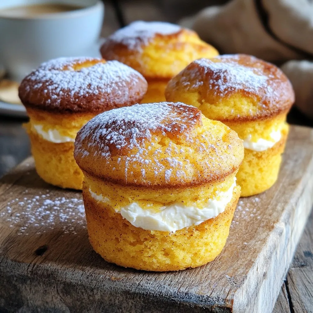 - 1 cup all-purpose flour - 1/2 teaspoon baking soda - 1 teaspoon baking powder - 1/2 teaspoon ground cinnamon - 1/4 teaspoon ground nutmeg - 1/4 teaspoon ground ginger - 1/4 teaspoon salt - 1/2 cup granulated sugar - 1/2 cup packed brown sugar - 1/4 cup vegetable oil - 1 cup canned pumpkin puree - 2 large eggs - 1 teaspoon vanilla extract - 1/2 cup cream cheese, softened - 1/3 cup powdered sugar - 1/2 teaspoon fresh lemon juice These ingredients create a rich and soft muffin top. The pumpkin gives a moist texture. The cream cheese filling adds a sweet surprise. You can add a few fun twists to your muffin tops. Consider adding: - 1/2 cup chocolate chips - 1/2 cup chopped nuts (like walnuts or pecans) - 1/2 teaspoon vanilla extract for extra flavor - A pinch of clove for a spicier kick Feel free to mix in any of these options to make it your own. Each serving of a muffin top has about: - Calories: 180 - Total fat: 8g - Saturated fat: 3g - Carbohydrates: 25g - Sugar: 10g - Protein: 3g These muffin tops are a tasty treat, but enjoy them in moderation. You can feel good about the flavors and textures while savoring fall. Start by gathering all your ingredients. You need flour, baking soda, baking powder, spices, sugar, oil, pumpkin, eggs, and cream cheese. Preheat your oven to 350°F (175°C). Line a baking sheet with parchment paper. This makes it easy to remove the muffin tops later. In a bowl, mix together the following dry ingredients: - 1 cup all-purpose flour - 1/2 teaspoon baking soda - 1 teaspoon baking powder - 1/2 teaspoon ground cinnamon - 1/4 teaspoon ground nutmeg - 1/4 teaspoon ground ginger - 1/4 teaspoon salt Whisk these well until they are blended. Set this bowl aside. In a large bowl, combine these wet ingredients: - 1/2 cup granulated sugar - 1/2 cup packed brown sugar - 1/4 cup vegetable oil Mix these until smooth. Then, add: - 1 cup canned pumpkin puree - 2 large eggs - 1 teaspoon vanilla extract Beat this mixture until creamy. Ensure everything mixes well. Now, fold the dry ingredients into your wet mixture. Use a spatula to combine gently. Mix just until there are no dry spots. Avoid overmixing to keep your muffin tops light. In another bowl, blend together: - 1/2 cup cream cheese - 1/3 cup powdered sugar - 1/2 teaspoon fresh lemon juice Stir until you have a smooth cream filling. Using a tablespoon or a cookie scoop, drop the batter onto your prepared baking sheet. Aim for tall mounds. Make an indentation in the center of each mound. Fill this with about one teaspoon of the cream cheese mixture. Bake for 15 to 18 minutes. They’re done when the edges turn golden brown. A toothpick inserted into the edges should come out clean. Let them cool for a few minutes before moving them to a wire rack. To get the perfect muffin top, start with the right batter. Mix the dry and wet ingredients just until combined. Overmixing can make them dense. Use a cookie scoop to drop the batter onto the baking sheet. This helps shape them into nice mounds. The taller you scoop, the fluffier the tops will be. Baking at 350°F gives them a nice rise and golden edges. Once your muffin tops cool, store them in an airtight container. They stay fresh for three days at room temperature. For longer storage, freeze them. Wrap each muffin top in plastic wrap, then place them in a freezer bag. They can last up to three months in the freezer. Thaw them at room temperature or warm them in the oven for a cozy treat. For a lovely presentation, place muffin tops on a wooden board. Dust them with powdered sugar for a sweet look. Add a sprinkle of ground cinnamon or fresh mint on top for color. Serve them with a warm cup of tea or coffee. This makes for a delightful snack or dessert. Enjoy sharing these with friends or family during fall gatherings! {{image_4}} You can make your pumpkin cream cheese muffin tops even better by adding different flavors. Here are some ideas: - Nuts: Chopped walnuts or pecans add a nice crunch. - Chocolate chips: Dark or white chocolate chips bring sweetness and richness. - Dried fruit: Raisins or cranberries add a chewy texture and fruity taste. - Spices: Try adding cardamom or cloves for a warm, spiced flavor. These easy add-ins can help you create a unique treat that fits your taste. You can adapt this recipe for different diets. Here’s how: - Gluten-free: Use a gluten-free flour blend instead of all-purpose flour. Look for one that has xanthan gum for better texture. - Dairy-free: Substitute the cream cheese with a dairy-free cream cheese. You can also use coconut cream for a rich filling. - Egg-free: Use flax eggs as a substitute. Mix 1 tablespoon of ground flaxseed with 2.5 tablespoons of water and let it sit for a few minutes. These simple swaps let everyone enjoy this fall treat. Toppings can change the look and taste of your muffin tops. Consider these options: - Maple glaze: Mix powdered sugar with maple syrup for a sweet drizzle. - Cream cheese frosting: Whip up a simple frosting using cream cheese, butter, and powdered sugar. - Cinnamon sugar: Sprinkle a mix of cinnamon and sugar on top before baking for a crunchy finish. - Caramel sauce: Drizzle warm caramel on top right before serving for a decadent touch. These toppings can make your muffin tops even more special and fun to eat. To keep your pumpkin cream cheese muffin tops fresh, use an airtight container. Place parchment paper between layers to avoid sticking. Store them at room temperature for up to three days. If you want them to last longer, refrigerate them. In the fridge, they can stay fresh for about a week. Yes, you can freeze muffin tops! To freeze, first cool them completely. Then, wrap each muffin top in plastic wrap. Place them in a freezer bag or container. They can stay in the freezer for up to three months. When you're ready to enjoy them, just thaw them at room temperature. To reheat muffin tops, use your oven for the best taste. Preheat your oven to 350°F (175°C). Place the muffin tops on a baking sheet and warm them for about 5-7 minutes. This method helps keep them soft and tasty. If you're in a hurry, you can microwave them for 10-15 seconds. Enjoy them warm for the best flavor! Yes, you can make these muffin tops without eggs. Replace each egg with 1/4 cup of unsweetened applesauce. This keeps the muffins moist and adds a bit of sweetness. You can also use flaxseed meal mixed with water as a substitute. Mix 1 tablespoon of flaxseed meal with 2.5 tablespoons of water. Let it sit for a few minutes until it thickens. These muffin tops last about 3-4 days at room temperature. Store them in an airtight container to keep them fresh. If you want them to last longer, put them in the fridge. They can stay fresh for up to a week in the fridge. If you need a substitute for cream cheese, use mascarpone cheese or Greek yogurt. Both have a creamy texture and mild flavor. Silken tofu blended until smooth also works well. It adds creaminess without the dairy. Yes, you can use fresh pumpkin instead of canned. Start with a small pumpkin. Cut it, remove the seeds, and roast it until soft. Then, mash it until smooth. This gives a fresh flavor to your muffin tops. To make these muffin tops less sweet, reduce the sugar by 1/4 cup. You can also use less brown sugar. Alternatively, add spices like cinnamon or nutmeg to enhance flavor without added sweetness. We explored the key ingredients for pumpkin cream cheese muffin tops and various ways to customize them. I shared simple steps to prepare and bake these delicious treats. You learned tips for the perfect texture and how to store them for lasting freshness. Plus, I discussed fun variations and answers to common questions. These muffin tops are easy to make and delightfully tasty. Enjoy experimenting with flavors and sharing them with friends and family!