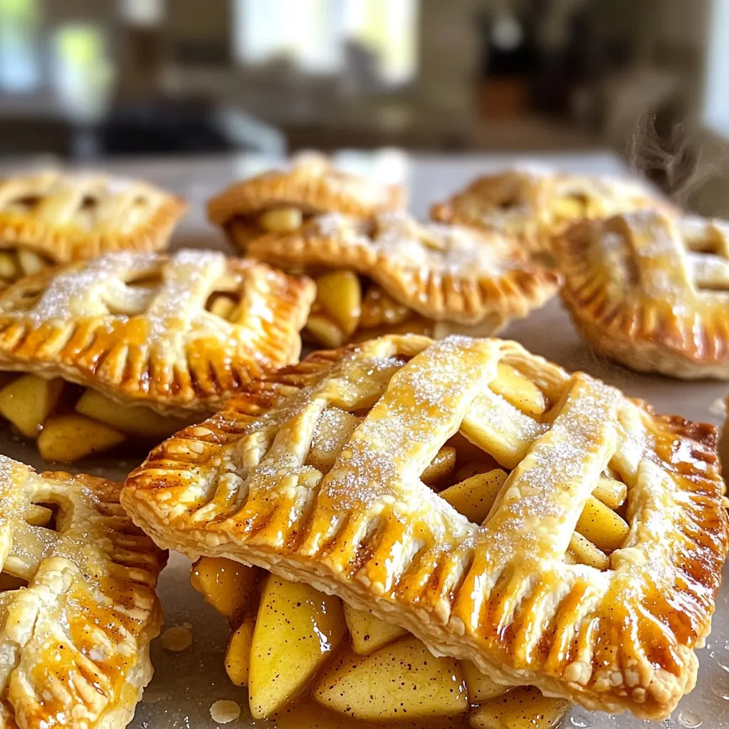 - 2 cups all-purpose flour - 1/2 teaspoon salt - 1/4 cup granulated sugar - 1/2 cup unsalted butter, chilled and cubed - 1/4 cup cold water - 2 medium apples, peeled, cored, and diced into small pieces - 1 teaspoon ground cinnamon - 1/4 teaspoon ground nutmeg - 1 tablespoon fresh lemon juice - 1 egg (for egg wash) - Additional granulated sugar for sprinkling These ingredients create a tasty treat. The all-purpose flour helps make the crust flaky. The butter adds richness, and the apples provide sweet flavor. - 1/2 teaspoon vanilla extract - 1 tablespoon brown sugar - A pinch of salt for balance Adding vanilla enhances the taste. Brown sugar gives a deeper sweetness. A pinch of salt brings out the flavors too. - Use whole wheat flour for a healthier crust. - Swap fresh apples for canned pie filling. - Replace butter with coconut oil for a dairy-free option. These swaps keep the hand pies delicious. You can still enjoy great flavor and texture with these changes. To start, grab a large mixing bowl. In this bowl, whisk together 2 cups of all-purpose flour, 1/2 teaspoon of salt, and 1/4 cup of granulated sugar. Mix until everything blends well. Next, add 1/2 cup of chilled and cubed unsalted butter. Use a pastry cutter or your fingertips to work the butter into the dry mix. You want it to look like coarse crumbs with pea-sized bits of butter. Now, it's time to add the cold water. Gradually pour in 1/4 cup of cold water, one tablespoon at a time. Use a fork to gently mix until the dough starts to come together. Be careful not to overwork it. Once it’s mixed well, shape the dough into a disk. Wrap it in plastic wrap and chill it in the fridge for at least 30 minutes. While the dough chills, let’s prepare the apple filling. Take 2 medium apples and peel, core, and dice them into small pieces. In a separate bowl, mix the diced apples with 1 teaspoon of ground cinnamon, 1/4 teaspoon of ground nutmeg, and 1 tablespoon of fresh lemon juice. Toss everything together until the apples are well-coated. Set the filling aside to let the flavors come together. Once the dough is chilled, it's time to roll it out. On a clean, floured surface, roll the dough to about 1/8 inch thick. Use a round cutter or a drinking glass to cut out circles of dough. Aim for circles that are about 4-5 inches in diameter. Gather any scraps, re-roll, and cut more circles if needed. Take one circle of dough and place about one tablespoon of the apple filling in the center. Carefully fold the dough over to form a half-moon shape. Press the edges firmly to seal. Use a fork to crimp the edges. This not only makes it look nice but also helps keep the filling inside. Now, let’s cook these little delights. Preheat your air fryer to 350°F (175°C). Depending on your air fryer size, place a few hand pies in the basket. Make sure they do not touch. Cook for about 10-12 minutes, or until they turn golden brown and crispy outside. You might need to adjust the cook time based on your air fryer's performance. Once they are done, carefully remove the hand pies from the air fryer. Let them cool for a few minutes before enjoying. To make flaky dough, start with cold butter. Cut the butter into small cubes and keep it chilled. When mixing, work quickly. You want small pieces of butter in the dough. This helps create layers. Don’t overmix the dough; just combine until it forms a ball. After mixing, wrap it in plastic and chill for at least 30 minutes. This resting time lets the gluten relax, making it easier to roll out. To ensure even filling, avoid overstuffing the hand pies. Use about one tablespoon of filling per pie. Place the filling in the center of the dough circle. Leave enough space around the edges to seal the pie well. If the filling spills out, it could create a mess while cooking. Press the edges firmly to keep the filling inside. Use a fork to crimp the edges, which also helps seal them tightly. Preheat your air fryer to 350°F (175°C). This temperature is key for crispiness. Depending on your air fryer’s size, arrange the hand pies in a single layer. Avoid crowding them; they need space for air to circulate. Cook for about 10-12 minutes, but check them often. If your air fryer runs hot, reduce the time slightly. Look for a golden brown color, which means they are done. Adjust cooking time as needed based on your air fryer’s performance. {{image_4}} You can swap apples for other fruits. Try pears for a sweet twist. Cherries add a tart flavor that works well. You can also use berries like blueberries or raspberries. These fruits bring their own unique taste and texture. Just remember to adjust the spices to match the fruit you choose. Cinnamon is a classic choice, but you can mix it up. Add ginger for warmth and depth. You might also try cardamom for a fragrant kick. For a more tropical vibe, sprinkle in some coconut or nutmeg. Feel free to experiment with your favorite spices to create new tastes. To make these hand pies vegan, use plant-based butter instead of regular butter. You can also replace the egg wash with a mixture of almond milk and maple syrup. For gluten-free options, swap regular flour with a gluten-free blend. Ensure that all your ingredients are certified gluten-free to avoid cross-contamination. These changes allow everyone to enjoy this treat! To keep your hand pies fresh, let them cool completely first. Place them in an airtight container. They will stay good at room temperature for about two days. If you want them to last longer, store them in the fridge for up to five days. Always cover them to avoid drying out. You can freeze these hand pies for later. After they cool, wrap each pie in plastic wrap. Then, place them in a freezer-safe bag or container. They can stay in the freezer for up to three months. When you're ready to eat them, just thaw in the fridge overnight. To reheat, use your air fryer for the best results. Set it to 350°F (175°C) and heat for about 5-7 minutes. This will help keep the crust crispy. You can also use an oven set to the same temperature. Avoid the microwave, as it may make the pies soggy. Yes, you can use store-bought pastry. It saves time and effort. Look for pie crust or puff pastry. This can make your hand pies quicker to prepare. Just follow the same steps for filling and sealing. You will know the hand pies are done when they are golden brown. The outside should look crisp and flaky. After about 10-12 minutes, check for the nice color. If they are not brown enough, cook for a few more minutes. These hand pies taste great on their own. You can serve them warm with vanilla ice cream. A drizzle of caramel sauce adds a nice touch too. Dusting with powdered sugar makes it pretty and sweet. These hand pies last for about two days at room temperature. Keep them in an airtight container. This helps to keep them fresh. If you want to store them longer, consider freezing them. You now have all you need to make delicious Air Fryer Apple Cinnamon Hand Pies. With the right ingredients, easy steps, and helpful tips, you'll enjoy a tasty treat. Don’t forget to try different fruits and spices to make it your own. Remember, storage and reheating methods can help keep these pies fresh. Whether for a snack or dessert, these hand pies are sure to impress. Dive in and let your creativity shine in the kitchen!