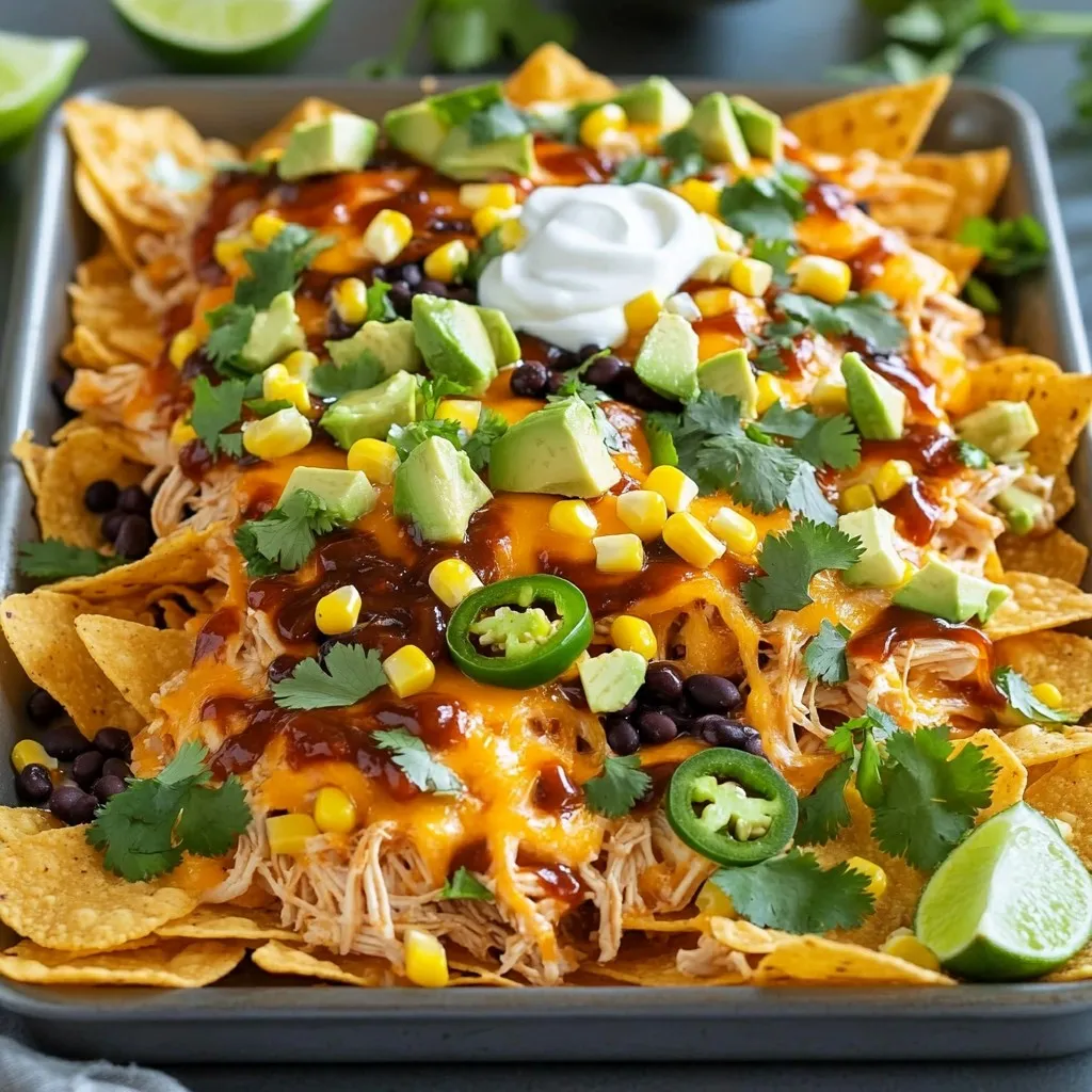 - 2 cups cooked chicken, shredded - 1 cup BBQ sauce (choose your favorite variety) - 1 large bag tortilla chips (about 10-12 ounces) - 2 cups shredded cheddar cheese (or a cheese blend for extra flavor) - 1 cup black beans, drained and rinsed - 1 cup corn kernels (use fresh, frozen, or canned) - 1 jalapeño, sliced (adjust for spice level) - 1/2 cup diced red onion - 1/4 cup fresh cilantro, chopped - 1 avocado, diced - Sour cream (for dipping) - Lime wedges (for a zesty kick) These ingredients make your nachos a feast. The BBQ sauce adds a sweet and tangy flavor. The chicken provides protein, making it hearty. Tortilla chips give that crunch, while cheese makes everything creamy and delicious. The toppings add color and texture. Black beans and corn bring a healthy touch. Jalapeños add heat, and cilantro gives freshness. Diced avocado adds creaminess. Don't forget the sour cream and lime; they enhance every bite! - Preheating the Oven First, you need to set your oven to 400°F (200°C). This step is key for crispy nachos. - Mixing Chicken with BBQ Sauce In a bowl, mix 2 cups of shredded chicken with 1 cup of your favorite BBQ sauce. Stir it well. Make sure all the chicken gets coated nicely. This adds great flavor to your nachos. - Layering Tortilla Chips Grab a large bag of tortilla chips, about 10-12 ounces. Spread them out on a big sheet pan in a single layer. This forms a solid base for your nachos. - Adding BBQ Chicken Mixture Now, take the BBQ chicken mixture and spoon it over the chips. Spread it out evenly. Every chip should get some of that tasty chicken. - Topping with Cheese and Other Ingredients Sprinkle 2 cups of shredded cheddar cheese on top. Then add 1 cup of black beans, 1 cup of corn, and sliced jalapeños. For extra crunch, toss on 1/2 cup of diced red onion. - Oven Time and Temperature Place your loaded nachos in the preheated oven. Bake for 10-12 minutes. Keep an eye on them. The cheese should melt and bubble nicely. - Signs of Doneness When the cheese is gooey and golden, your nachos are ready. Take them out of the oven and let them cool for a minute. How to Avoid Soggy Chips To keep your chips crisp, layer them evenly on the sheet pan. Do not overload them with toppings. Use a light hand when adding the BBQ chicken and other ingredients. This way, every chip stays crunchy and delicious. Best Cheese Options for Melting For the best melt, I recommend using sharp cheddar cheese. It adds flavor and melts beautifully. You can also try a cheese blend for extra taste. A mix of Monterey Jack and cheddar makes a great combo! Adjusting Spice Levels If you like heat, add more jalapeños or use spicy BBQ sauce. For a milder dish, stick with fewer jalapeños. You can also sprinkle some chili powder for a kick without too much heat. Suggestions for Additional Toppings Feel free to mix in your favorite toppings! Black olives, diced tomatoes, or even pineapple can add fun flavors. Fresh lime juice gives a nice zesty touch. Experiment and find what you love. Serving Directly from the Sheet Pan Serve the nachos right from the sheet pan. It creates a casual vibe that everyone enjoys. Guests can scoop their portions, making it fun and interactive. Garnishing Ideas For a pop of color, add fresh cilantro and diced avocado on top. You can also place lime wedges around the nachos. This way, everyone can add a squeeze of lime for extra flavor. {{image_4}} You can easily swap chicken for pulled pork or beef. Both options add rich flavor. Pulled pork brings a smoky taste, while beef gives a hearty bite. For a fun twist, try different spices with the meat. You can also make it vegetarian. Use black beans or diced mushrooms instead. These plant-based options are tasty and filling. Your BBQ sauce choice matters. Go for a sweet sauce for a mild taste. A spicy sauce can kick up the heat. You can even try a mustard-based sauce for a tangy twist. Don’t stop there! Think about international flavors. Tex-Mex flavors bring in ingredients like salsa or guacamole. Southwest tastes can add corn and peppers for a fresh vibe. Add extra veggies for more nutrition. Bell peppers, olives, or diced tomatoes work well. These give crunch and color to your nachos. You can also mix up your cheese. Use pepper jack, mozzarella, or a blend for a unique taste. Each cheese adds its own twist to your dish. To keep your nachos fresh, store leftovers right away. Place them in the fridge within two hours. Use these best practices: - Let the nachos cool to room temperature. - Use an airtight container to keep them from drying out. Choose containers that fit your nachos well. A shallow container works best. This way, layers stay intact. You can also use plastic wrap over a plate for easy storage. You have two main ways to reheat nachos: oven or microwave. - Oven: Preheat to 350°F (175°C). Spread nachos on a baking sheet. Heat for about 10 minutes. This keeps chips crisp. - Microwave: Place nachos on a microwave-safe plate. Heat in short bursts of 30 seconds. Check often to avoid sogginess. To keep nachos crispy, avoid covering them while reheating. If using the microwave, put a paper towel under the nachos. This absorbs moisture. In the oven, spread them out to let air circulate. You can freeze some nacho parts for later use. Follow these guidelines: - Cool items completely before freezing. - Place each component in separate airtight bags. Label them with dates. To thaw, move frozen items to the fridge overnight. This keeps them safe. For quick thawing, use the microwave, but avoid cooking them. Reheat as needed after thawing. - Key Ingredients and Steps To make BBQ chicken nachos, you need simple ingredients. Here’s what you will need: - 2 cups cooked chicken, shredded - 1 cup BBQ sauce - 1 large bag tortilla chips - 2 cups shredded cheddar cheese - 1 cup black beans, drained and rinsed - 1 cup corn kernels - 1 jalapeño, sliced - 1/2 cup diced red onion - 1/4 cup fresh cilantro, chopped - 1 avocado, diced - Sour cream and lime wedges for serving Start by preheating your oven to 400°F (200°C). Mix the shredded chicken with BBQ sauce in a bowl. Spread tortilla chips on a sheet pan. Spoon the BBQ chicken on the chips. Top with cheese, black beans, corn, jalapeño, and onion. Bake for 10-12 minutes until the cheese melts. Finish with cilantro and avocado. Serve with sour cream and lime wedges. - Storage and Meal Prep Tips Yes, you can prepare nachos ahead of time. Store cooked chicken and toppings separately. Keep chips in a sealed bag. When ready to serve, layer the chips, chicken, and toppings. Bake the assembled nachos for fresh flavor. - Complementary Dishes and Drinks Nachos pair well with many sides. Try serving with: - Guacamole - Salsa - Queso dip - Fresh vegetables For drinks, consider: - Iced tea - Soda - Beer These will enhance your nacho experience. - Nutritional Considerations and Tips Nachos can be a fun treat, but they may not be the healthiest. Consider these tips: - Use whole-grain tortilla chips for fiber. - Add more veggies like peppers or tomatoes. - Choose low-fat cheese when possible. Enjoy nachos in moderation for a balanced diet. In this post, you learned how to make tasty BBQ chicken nachos. We discussed key ingredients like shredded chicken, BBQ sauce, and cheese. You also discovered tips for customizing flavors and perfecting your nachos. Don’t forget the importance of storage and reheating for leftovers! Enjoy creating your own unique version of these nachos. Have fun with toppings and flavors. Your BBQ chicken nachos will impress everyone at your next gathering!