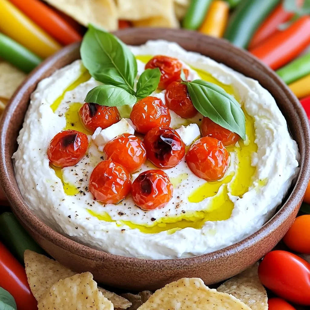 - 1 cup crumbled feta cheese - 1 cup cherry tomatoes, halved - 2 tablespoons extra virgin olive oil, divided These main ingredients create the base for the dip. Feta cheese adds creaminess and a tangy flavor. Cherry tomatoes bring sweetness and a juicy bite. The extra virgin olive oil helps blend everything smoothly and adds richness. - 1 clove garlic, finely minced - 1 tablespoon honey - 1 teaspoon dried oregano Garlic gives the dip a bold taste. Honey adds a touch of sweetness to balance the salty feta. Dried oregano brings an earthy note, making the dip more complex and aromatic. - Salt and freshly ground pepper, to taste - Fresh basil leaves, for garnish - Pita chips or an assortment of fresh vegetables, for serving Season the dip with salt and pepper to enhance the flavors. Fresh basil leaves add a burst of color and fresh taste. Pita chips or fresh veggies make perfect dippers, adding crunch and freshness. 1. Preheating the oven First, set your oven to 400°F (200°C). This hot temperature helps the tomatoes roast well. 2. Preparing the tomatoes Take a baking sheet. Place 1 cup of halved cherry tomatoes on it. Add 1 tablespoon of olive oil, minced garlic, dried oregano, and a pinch of salt and pepper. Mix everything until the tomatoes are fully coated. Spread them out in a single layer. This ensures even cooking. 3. Timing and signs of doneness Slide the baking sheet into the preheated oven. Roast the tomatoes for about 15 to 20 minutes. You know they are done when they look blistered and caramelized. This brings out their sweet flavor. Once they are ready, take them out and let them cool for a bit. 4. Steps to achieve the perfect consistency Grab your food processor. Put in 1 cup of crumbled feta cheese, 1 tablespoon of honey, and the remaining tablespoon of olive oil. Blend all these together until smooth and creamy. 5. Adding in roasted tomatoes Carefully fold in the roasted tomatoes. Remember to save a few for the top. Pulse the processor a few times to keep some chunks. Taste your dip and adjust seasoning with salt or pepper if needed. 6. Final touches Spoon the whipped feta dip into a serving bowl. Arrange the reserved roasted tomatoes on top. Finish by sprinkling fresh basil leaves for color and aroma. This dip is a great addition to any gathering, served alongside pita chips or colorful veggies. To make this dip shine, start with seasoning. Always taste your dip before serving. If it needs more flavor, add salt or pepper. You can also add more honey for sweetness. When blending, use a food processor for a smooth texture. Pulse it a few times to keep some tomato chunks. This adds a nice bite and depth. For a beautiful spread, arrange the dip in a bowl. Place the reserved roasted tomatoes on top for color. Add fresh basil leaves around the dip for a nice touch. Serve with pita chips and fresh vegetables. Arrange them around the bowl for an eye-catching display. Prep your ingredients ahead of time. Chop tomatoes and garlic the night before. This makes cooking faster and easier. Use a good food processor to blend quickly and evenly. Clean as you go to keep your kitchen tidy. This way, you can focus on enjoying your dip! {{image_4}} You can switch up the cheese in this dip. Try goat cheese or cream cheese for a creamier taste. Both options work well and add new flavors. You can also add spices or herbs. A dash of smoked paprika gives a nice kick. Fresh herbs like thyme or rosemary can add depth too. For a vegan version, swap the feta for a dairy-free cheese. There are many good options made from nuts or soy. To make it low-sodium, use low-sodium feta or skip the added salt. You can also reduce the amount of salt in the roasted tomatoes. You can serve this dip with more than just pita chips. Try it with sliced cucumbers or carrot sticks. If you want something crunchy, tortilla chips are a great choice. For drinks, pair it with a light white wine or sparkling water. Both enhance the flavors and make the meal more fun. To keep your whipped feta roasted tomato dip fresh, store it in the fridge. Use an airtight container to prevent any odors from mixing. You can also cover a bowl with plastic wrap. This keeps the dip safe and tasty. When you want to enjoy leftovers, gently reheat the dip. Use a microwave-safe dish. Heat it in short bursts, around 15 seconds, stirring in between. This helps maintain the dip's smooth texture and great flavor. Avoid overheating it, as this can change the dip's creamy nature. You can store the dip in the fridge for up to four days. If you notice any changes in smell or texture, it’s best to discard it. Always check for freshness before serving. Yes, you can make this dip ahead of time. If you want the best flavor, I suggest making it no more than a day in advance. Store the dip in an airtight container in the fridge. This will help the flavors blend well. Before serving, let it sit at room temperature for about 30 minutes. This will bring back the creamy texture and enhance the taste. You have many tasty options for dipping. Here are some popular choices: - Pita chips - Fresh vegetable sticks (like carrots, cucumbers, and bell peppers) - Crostini or toasted baguette slices - Tortilla chips These dippers add great texture and flavor to your dip. They also make for a colorful platter. Feel free to add your own twist to the dip. Here are some fun ideas: - Mix in some chopped olives for a briny taste. - Add crushed red pepper for a spicy kick. - Swap feta for goat cheese or cream cheese for a different flavor. - Stir in fresh herbs like thyme or parsley for a fresh touch. These small changes can make the dip uniquely yours! In this article, we covered the key ingredients for Whipped Feta Roasted Tomato Dip. You learned about the main ingredients, their flavor enhancers, and how to season and garnish the dip right. I shared a simple step-by-step guide to prepare, roast, and blend everything into a smooth texture. We also discussed tips for flavor balance, presentation ideas, and time-saving tricks. Finally, I provided storage tips and answers to common questions. This dip is both easy to make and fun to share with others. Enjoy experimenting with your own twists!