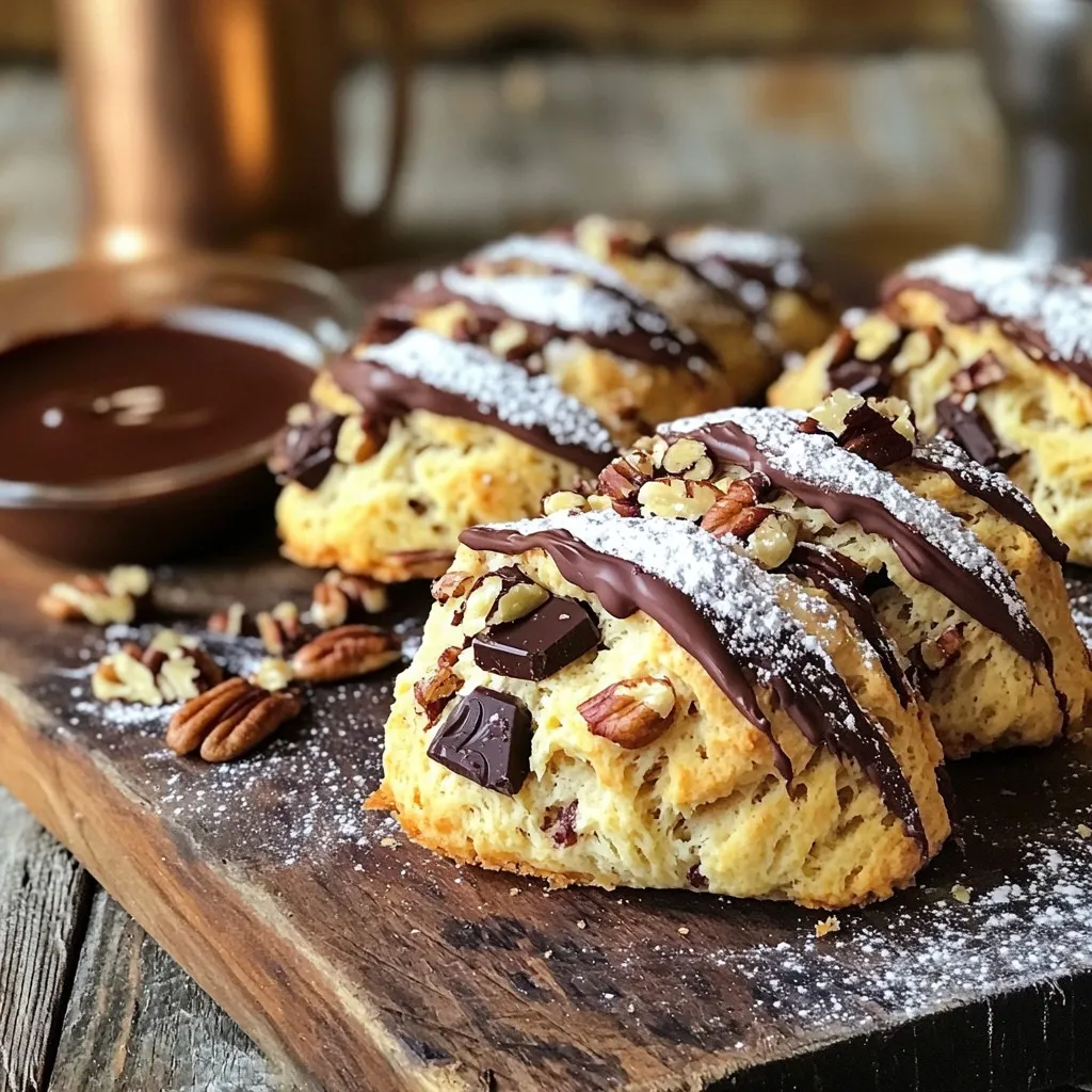 - 2 cups all-purpose flour - 1/3 cup granulated sugar - 1 tablespoon baking powder - 1/2 teaspoon salt - 1/2 cup cold unsalted butter, cut into small cubes - 1/2 cup pecans, roughly chopped - 1/2 cup chocolate chips (semi-sweet or dark) - 3/4 cup heavy cream - 1 teaspoon pure vanilla extract - 1 large egg, beaten (for egg wash) - 1/2 teaspoon cinnamon for warmth - 1/2 teaspoon espresso powder for depth - Zest of one orange for brightness - 1/4 cup dried fruit like cranberries for added texture Choose fresh, high-quality flour. This makes a huge difference in scone texture. Look for butter that is unsalted. It allows you to control the salt level. For chocolate, select semi-sweet or dark chips. The richness of good chocolate enhances the flavor. Fresh pecans add crunch and taste. Always check for a good aroma and avoid any that smell stale. First, preheat your oven to 400°F (200°C). This step helps the scones rise well. Next, line a baking sheet with parchment paper. This makes it easy to remove the scones later. In a large bowl, add 2 cups of all-purpose flour, 1/3 cup of granulated sugar, 1 tablespoon of baking powder, and 1/2 teaspoon of salt. Whisk these together until there are no lumps. This mix gives the scones their structure and sweetness. Now, take 1/2 cup of cold, cubed unsalted butter and add it to the dry mix. Use a pastry cutter or your fingers to blend the butter. You want it to look like coarse breadcrumbs. Then, fold in 1/2 cup of roughly chopped pecans and 1/2 cup of chocolate chips. This adds a crunchy texture and rich flavor. In a separate bowl, mix 3/4 cup of heavy cream and 1 teaspoon of pure vanilla extract. Slowly pour this mix into the dry ingredients. Stir gently with a spatula until just combined. The dough should be a bit sticky. Avoid overmixing to keep the scones light. Next, turn the dough out onto a floured surface. Pat it into a round disc about 1 inch thick. Use a sharp knife to cut the disc into 8 equal wedges. Make sure to cut through completely. This helps each scone bake evenly. Move the scone wedges onto your prepared baking sheet. Space them out so they can rise. Brush the tops with a beaten egg. This gives them a nice golden color. Bake in the preheated oven for 15-20 minutes. Check doneness by inserting a toothpick into a scone; it should come out clean. Once baked, cool them slightly on a wire rack before serving. To get the best scone texture, keep your butter cold. Cold butter makes your scones flaky. Cut your butter into small cubes before mixing it with flour. You want to blend until it looks like coarse crumbs. Don't overmix the dough when adding the cream. Mix just until combined. A little stickiness helps the scones rise nicely. One common mistake is overworking the dough. This makes scones tough instead of light. Another mistake is using warm butter. Warm butter will not create the right texture. Make sure to measure your ingredients accurately. Too much flour can dry out the scones. Also, remember to space the scones on the baking sheet. They need room to grow while baking. To store leftover scones, place them in an airtight container. Keep them at room temperature for up to two days. If you need to keep them longer, freeze them. Wrap each scone in plastic wrap before placing them in a freezer bag. When you want to enjoy them again, thaw at room temperature. To reheat, pop them in the oven at 350°F (175°C) for about 5-10 minutes. This will refresh their texture and warmth. {{image_4}} If you want to change up your scones, try using different nuts. Walnuts add a rich taste. Almonds give a nice crunch. Pecans are great, but hazelnuts can also bring a unique twist. Just make sure to chop them roughly, so they mix well into the dough. You can even mix and match nuts for more flavor. You can use various chocolate types in your scones. Semi-sweet chocolate chips are classic and sweet. Dark chocolate offers a bold taste. If you love milk chocolate, it adds a creaminess. You can also try chocolate chunks for bigger bites of chocolate. Consider mixing chocolates too, like dark and milk, for a fun blend. Spicing up your scones can make them special. Adding cinnamon gives warmth. Nutmeg adds a cozy flavor. You can also add lemon or orange zest for a fresh twist. A touch of espresso powder can enhance the chocolate taste. Just a little can make a big difference. Experiment with these ideas to find your favorite mix! To keep your chocolate pecan scones fresh, store them in an airtight container. This helps prevent them from drying out. Place a piece of parchment paper between layers if you stack them. This way, they won’t stick together. Store them at room temperature for the best taste. If you want to save some for later, freezing works great. Wrap each scone in plastic wrap. Then place them in a freezer-safe bag or container. Label the bag with the date. You can freeze them for up to three months. When you're ready to enjoy, just thaw them at room temperature. Freshly baked scones last about two to three days at room temperature. If you store them properly, they can stay tasty even longer. If you freeze them, they can last for months. Always check for any signs of spoilage before eating. Enjoy your scones while they are fresh for the best flavor! Yes, you can make chocolate pecan scones ahead of time. You can prepare the dough a day in advance. Just wrap it tightly in plastic wrap and refrigerate. When you are ready to bake, slice the dough into wedges and bake them fresh. This way, you enjoy warm scones, which taste best right out of the oven. If you need a substitute for heavy cream, you have options. You can use half-and-half or whole milk mixed with melted butter. For a dairy-free version, try coconut cream or almond milk combined with a bit of oil. These alternatives will give you a nice texture, but may alter the flavor slightly. You can tell when the scones are done by checking their color. Look for a light golden brown on the tops. You can also use a toothpick; insert it into the center of a scone. If it comes out clean, the scones are ready. Baking usually takes about 15-20 minutes, so keep an eye on them! The best way to serve chocolate pecan scones is warm. You can dust them lightly with powdered sugar for a nice touch. Pair them with whipped cream or rich chocolate sauce for dipping. Enjoy them with tea or coffee for a perfect treat! You learned how to make chocolate pecan scones from scratch. We covered key ingredients and tips for quality. I shared step-by-step instructions, crucial tips for the perfect texture, and common mistakes to avoid. You can explore fun variations and how to store your scones properly. Baking should be fun, and you now have the tools to enjoy it. Experiment, learn, and make delicious treats! Your next bake will be a hit.