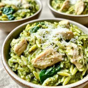 - 1 lb chicken breast, diced - 1 cup orzo pasta - 2 cups chicken broth - 1/2 cup heavy cream - 1/2 cup basil pesto - 1 small onion, finely diced - 3 cloves garlic, minced - Extra virgin olive oil, salt, and pepper - Grated Parmesan cheese - Fresh spinach I love gathering my ingredients before I start cooking. It makes the process smooth and fun. For this dish, the chicken breast forms the heart of the meal. I dice it into small pieces for even cooking. Next, I grab my orzo pasta. It cooks quickly and adds a nice texture. I need rich flavors, so I use chicken broth. It keeps my dish juicy and full of taste. For creaminess, I add heavy cream and basil pesto. They blend together perfectly, making the dish feel luxurious. To boost the flavor, I use a small onion and garlic. I finely dice the onion to release its sweetness. Minced garlic adds a punch that I can’t resist. Extra virgin olive oil helps sauté these ingredients and brings them together. Finally, I think about garnishes. Grated Parmesan cheese adds a salty kick. Fresh spinach not only looks nice but adds color and nutrients. Each ingredient plays a role in making this creamy pesto chicken orzo a delightful dish. Sautéing the Onion and Garlic Start by heating the extra virgin olive oil in a large skillet over medium heat. Once the oil is hot, add the diced onion. Sauté the onion for about 3-4 minutes until it turns translucent. This step builds a great flavor base. Next, add the minced garlic and sauté for one more minute. The garlic will give off a delicious aroma. Cooking the Chicken Now, increase the heat to medium-high. Add the diced chicken breast to the skillet. Season the chicken with salt and pepper. Cook it for about 5-7 minutes. Stir occasionally until the chicken is golden brown and no longer pink in the center. This step ensures the chicken is juicy and full of flavor. Adding the Orzo and Broth Stir in the orzo pasta. Make sure to combine it well with the chicken, onions, and garlic. This helps the pasta soak up all the tasty flavors. Then, pour in the chicken broth. Bring the mixture to a gentle boil. Simmering to Cook Once boiling, reduce the heat to low and cover the skillet with a lid. Let it simmer for about 10 minutes. The orzo will absorb most of the liquid and become tender. Stir occasionally for even cooking. Mixing in Cream and Pesto After the orzo is cooked, gently stir in the heavy cream and basil pesto. Mix until everything is creamy and well combined. This is where the magic happens. You’ll see the dish transform into a rich delight. Adding Spinach Now, add the chopped spinach to the skillet. Cook it for about 2-3 minutes. The spinach will wilt and blend into the dish. This adds a nice color and a healthy touch. Seasoning Adjustments Taste the dish and adjust the seasoning. Add more salt and pepper if needed. This ensures every bite is full of flavor. Presentation Suggestions Serve the creamy pesto chicken orzo in shallow bowls. For a delightful finish, garnish each serving with grated Parmesan cheese. A drizzle of extra pesto on top makes it even better. Enjoy this vibrant and flavorful dish! - Ensuring Chicken is Fully Cooked Cook the chicken until it reaches 165°F. The meat should be white, not pink. Use a meat thermometer for best results. This ensures your dish is safe and tasty. - Tips for Perfectly Cooked Orzo Stir the orzo often while it cooks. This stops it from sticking together. Always taste it at the 10-minute mark. It should be tender but not mushy. - Variations with Additional Spices Add a pinch of red pepper flakes for heat. You can also try Italian seasoning for a new twist. Just a little can change the whole taste! - Substituting Ingredients for Dietary Preferences Use vegetable broth instead of chicken broth for a vegetarian option. Swap heavy cream for coconut milk to make it dairy-free. These swaps keep the flavor but fit different diets. - Best Side Dishes to Pair A simple green salad works well with this dish. Garlic bread is another great choice. Both add freshness and balance the creaminess of the orzo. - Wine Recommendations Pair this meal with a crisp white wine. A Sauvignon Blanc or Pinot Grigio complements the pesto flavors nicely. Choose a wine you enjoy to enhance your meal experience. {{image_4}} Using Turkey or Tofu You can switch chicken for turkey. Turkey breast works well and keeps the dish light. If you want to make it plant-based, use tofu. Firm tofu is best. Press it to remove water, then cube it. Cook it until golden for great texture. Substitute for Vegetarians: Chickpeas Chickpeas are a great choice for vegetarians. They add protein and fiber. Use one can, drained and rinsed. Stir them in with the orzo. This keeps the dish hearty and satisfying. Orzo vs. Other Pasta Types Orzo is small and cooks quickly. However, you can use other pasta shapes. Try penne or fusilli if you prefer. Just adjust the cooking time based on the pasta you choose. Gluten-Free Options If you need gluten-free pasta, look for rice or quinoa pasta. These options work well with the creamy sauce. Just follow package instructions for cooking times. Traditional Basil vs. Other Herb Pestos Basil pesto is classic, but you can try other herbs. Use cilantro or arugula for a twist. Each will bring a new flavor to the dish. Experiment to find your favorite. Making Homemade Pesto Making your own pesto is easy and fun. Blend fresh herbs, garlic, nuts, cheese, and oil. This gives you control over the flavors. Plus, homemade pesto often tastes fresher than store-bought. Refrigeration Tips Store any leftovers in an airtight container. Keep the creamy pesto chicken orzo in the fridge. It can stay fresh for up to three days. Make sure it cools before sealing the container. This helps prevent condensation. Freezing for Later Use You can freeze this dish for longer storage. Use a freezer-safe container or bag. It stays good for about two months. To thaw, place it in the fridge overnight before reheating. Best Methods for Reheating Reheat the chicken orzo on the stove for best results. Add a splash of broth or cream to keep it moist. Stir it over low heat until warmed through. You can also use a microwave. Heat in short bursts, stirring in between. Maintaining Creaminess To keep the dish creamy, avoid high heat. Stir in a little extra cream or broth while reheating. This will help bring back that smooth texture. How Long Does It Last? The creamy pesto chicken orzo lasts about three days in the fridge. If frozen, it can last up to two months. Always check for freshness before eating. Signs of Spoilage Look for changes in color or texture. If it smells off, do not eat it. Mold or a sour odor means it’s time to toss it out. Always prioritize food safety! Can I make this dish ahead of time? Yes, you can prepare this dish ahead. Cook it, let it cool, and store it in the fridge. It stays good for up to three days. Reheat on the stove or in the microwave before serving. This is a great way to save time on busy nights. What can I use instead of chicken broth? If you lack chicken broth, use vegetable broth or water. These options keep the dish flavorful. You can also use a mix of water and a bit of soy sauce for added taste. This helps keep the creamy pesto chicken orzo delicious. Is this dish gluten-free? No, this dish is not gluten-free due to the orzo pasta. However, you can use gluten-free orzo. It cooks similarly and keeps the dish creamy. Always check the package to ensure it is certified gluten-free. Can I make it dairy-free? Yes, you can make this dish dairy-free. Use coconut cream instead of heavy cream. For cheese, try a dairy-free Parmesan or nutritional yeast. These swaps keep the dish creamy while meeting dairy-free needs. What if my orzo is overcooked? If your orzo is overcooked, it might be mushy. Try to drain any extra liquid. You can add a bit more broth or cream to help balance the texture. Adding fresh spinach at the end can make it look better too. How do I make a one-pan dish if I don’t have a skillet? If you lack a skillet, use a large pot or pan. Just make sure it has a lid for simmering. You can also use an electric frying pan. The key is to keep it all in one vessel to maintain flavors. This dish is easy and full of flavor. We covered key ingredients like chicken, orzo, and pesto. You learned step-by-step instructions to create a creamy meal. Remember the tips for cooking and serving to enhance your dish further. You can even try variations to suit your taste or dietary needs. With proper storage and reheating, it will stay delicious for days. Enjoy making this meal and share it with friends and family!