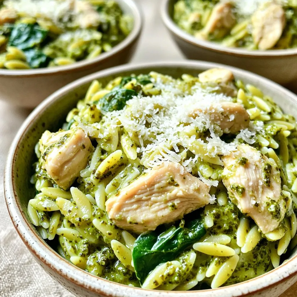- 1 lb chicken breast, diced - 1 cup orzo pasta - 2 cups chicken broth - 1/2 cup heavy cream - 1/2 cup basil pesto - 1 small onion, finely diced - 3 cloves garlic, minced - Extra virgin olive oil, salt, and pepper - Grated Parmesan cheese - Fresh spinach I love gathering my ingredients before I start cooking. It makes the process smooth and fun. For this dish, the chicken breast forms the heart of the meal. I dice it into small pieces for even cooking. Next, I grab my orzo pasta. It cooks quickly and adds a nice texture. I need rich flavors, so I use chicken broth. It keeps my dish juicy and full of taste. For creaminess, I add heavy cream and basil pesto. They blend together perfectly, making the dish feel luxurious. To boost the flavor, I use a small onion and garlic. I finely dice the onion to release its sweetness. Minced garlic adds a punch that I can’t resist. Extra virgin olive oil helps sauté these ingredients and brings them together. Finally, I think about garnishes. Grated Parmesan cheese adds a salty kick. Fresh spinach not only looks nice but adds color and nutrients. Each ingredient plays a role in making this creamy pesto chicken orzo a delightful dish. Sautéing the Onion and Garlic Start by heating the extra virgin olive oil in a large skillet over medium heat. Once the oil is hot, add the diced onion. Sauté the onion for about 3-4 minutes until it turns translucent. This step builds a great flavor base. Next, add the minced garlic and sauté for one more minute. The garlic will give off a delicious aroma. Cooking the Chicken Now, increase the heat to medium-high. Add the diced chicken breast to the skillet. Season the chicken with salt and pepper. Cook it for about 5-7 minutes. Stir occasionally until the chicken is golden brown and no longer pink in the center. This step ensures the chicken is juicy and full of flavor. Adding the Orzo and Broth Stir in the orzo pasta. Make sure to combine it well with the chicken, onions, and garlic. This helps the pasta soak up all the tasty flavors. Then, pour in the chicken broth. Bring the mixture to a gentle boil. Simmering to Cook Once boiling, reduce the heat to low and cover the skillet with a lid. Let it simmer for about 10 minutes. The orzo will absorb most of the liquid and become tender. Stir occasionally for even cooking. Mixing in Cream and Pesto After the orzo is cooked, gently stir in the heavy cream and basil pesto. Mix until everything is creamy and well combined. This is where the magic happens. You’ll see the dish transform into a rich delight. Adding Spinach Now, add the chopped spinach to the skillet. Cook it for about 2-3 minutes. The spinach will wilt and blend into the dish. This adds a nice color and a healthy touch. Seasoning Adjustments Taste the dish and adjust the seasoning. Add more salt and pepper if needed. This ensures every bite is full of flavor. Presentation Suggestions Serve the creamy pesto chicken orzo in shallow bowls. For a delightful finish, garnish each serving with grated Parmesan cheese. A drizzle of extra pesto on top makes it even better. Enjoy this vibrant and flavorful dish! - Ensuring Chicken is Fully Cooked Cook the chicken until it reaches 165°F. The meat should be white, not pink. Use a meat thermometer for best results. This ensures your dish is safe and tasty. - Tips for Perfectly Cooked Orzo Stir the orzo often while it cooks. This stops it from sticking together. Always taste it at the 10-minute mark. It should be tender but not mushy. - Variations with Additional Spices Add a pinch of red pepper flakes for heat. You can also try Italian seasoning for a new twist. Just a little can change the whole taste! - Substituting Ingredients for Dietary Preferences Use vegetable broth instead of chicken broth for a vegetarian option. Swap heavy cream for coconut milk to make it dairy-free. These swaps keep the flavor but fit different diets. - Best Side Dishes to Pair A simple green salad works well with this dish. Garlic bread is another great choice. Both add freshness and balance the creaminess of the orzo. - Wine Recommendations Pair this meal with a crisp white wine. A Sauvignon Blanc or Pinot Grigio complements the pesto flavors nicely. Choose a wine you enjoy to enhance your meal experience. {{image_4}} Using Turkey or Tofu You can switch chicken for turkey. Turkey breast works well and keeps the dish light. If you want to make it plant-based, use tofu. Firm tofu is best. Press it to remove water, then cube it. Cook it until golden for great texture. Substitute for Vegetarians: Chickpeas Chickpeas are a great choice for vegetarians. They add protein and fiber. Use one can, drained and rinsed. Stir them in with the orzo. This keeps the dish hearty and satisfying. Orzo vs. Other Pasta Types Orzo is small and cooks quickly. However, you can use other pasta shapes. Try penne or fusilli if you prefer. Just adjust the cooking time based on the pasta you choose. Gluten-Free Options If you need gluten-free pasta, look for rice or quinoa pasta. These options work well with the creamy sauce. Just follow package instructions for cooking times. Traditional Basil vs. Other Herb Pestos Basil pesto is classic, but you can try other herbs. Use cilantro or arugula for a twist. Each will bring a new flavor to the dish. Experiment to find your favorite. Making Homemade Pesto Making your own pesto is easy and fun. Blend fresh herbs, garlic, nuts, cheese, and oil. This gives you control over the flavors. Plus, homemade pesto often tastes fresher than store-bought. Refrigeration Tips Store any leftovers in an airtight container. Keep the creamy pesto chicken orzo in the fridge. It can stay fresh for up to three days. Make sure it cools before sealing the container. This helps prevent condensation. Freezing for Later Use You can freeze this dish for longer storage. Use a freezer-safe container or bag. It stays good for about two months. To thaw, place it in the fridge overnight before reheating. Best Methods for Reheating Reheat the chicken orzo on the stove for best results. Add a splash of broth or cream to keep it moist. Stir it over low heat until warmed through. You can also use a microwave. Heat in short bursts, stirring in between. Maintaining Creaminess To keep the dish creamy, avoid high heat. Stir in a little extra cream or broth while reheating. This will help bring back that smooth texture. How Long Does It Last? The creamy pesto chicken orzo lasts about three days in the fridge. If frozen, it can last up to two months. Always check for freshness before eating. Signs of Spoilage Look for changes in color or texture. If it smells off, do not eat it. Mold or a sour odor means it’s time to toss it out. Always prioritize food safety! Can I make this dish ahead of time? Yes, you can prepare this dish ahead. Cook it, let it cool, and store it in the fridge. It stays good for up to three days. Reheat on the stove or in the microwave before serving. This is a great way to save time on busy nights. What can I use instead of chicken broth? If you lack chicken broth, use vegetable broth or water. These options keep the dish flavorful. You can also use a mix of water and a bit of soy sauce for added taste. This helps keep the creamy pesto chicken orzo delicious. Is this dish gluten-free? No, this dish is not gluten-free due to the orzo pasta. However, you can use gluten-free orzo. It cooks similarly and keeps the dish creamy. Always check the package to ensure it is certified gluten-free. Can I make it dairy-free? Yes, you can make this dish dairy-free. Use coconut cream instead of heavy cream. For cheese, try a dairy-free Parmesan or nutritional yeast. These swaps keep the dish creamy while meeting dairy-free needs. What if my orzo is overcooked? If your orzo is overcooked, it might be mushy. Try to drain any extra liquid. You can add a bit more broth or cream to help balance the texture. Adding fresh spinach at the end can make it look better too. How do I make a one-pan dish if I don’t have a skillet? If you lack a skillet, use a large pot or pan. Just make sure it has a lid for simmering. You can also use an electric frying pan. The key is to keep it all in one vessel to maintain flavors. This dish is easy and full of flavor. We covered key ingredients like chicken, orzo, and pesto. You learned step-by-step instructions to create a creamy meal. Remember the tips for cooking and serving to enhance your dish further. You can even try variations to suit your taste or dietary needs. With proper storage and reheating, it will stay delicious for days. Enjoy making this meal and share it with friends and family!