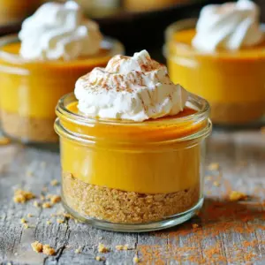 - 1 cup pumpkin puree - 8 oz cream cheese, softened to room temperature - 1/2 cup powdered sugar - 1 teaspoon pure vanilla extract - 1 teaspoon pumpkin pie spice - 1/2 cup heavy whipping cream For this recipe, pumpkin puree gives a rich flavor. I love using fresh puree, but canned works too. Cream cheese adds creaminess and depth. It's key to let it warm up so it blends well. Powdered sugar sweetens the mix without grittiness. Vanilla extract adds warmth, while pumpkin pie spice brings that cozy fall taste. Finally, heavy whipping cream makes the filling light and fluffy. - 1 cup crushed graham crackers - 4 tablespoons unsalted butter, melted - 2 tablespoons packed brown sugar The crust is easy and delicious. Crushed graham crackers create a nice crunch. Melted butter helps hold it together. Brown sugar adds a hint of caramel flavor. This combination makes the perfect base for your cheesecake cups. - Whipped cream - Ground cinnamon Toppings are the final touch. Whipped cream adds sweetness and creaminess. A sprinkle of ground cinnamon enhances the pumpkin flavor. Together, they make each bite delightful and visually appealing. - Start by combining 1 cup of crushed graham crackers, 4 tablespoons of melted unsalted butter, and 2 tablespoons of packed brown sugar in a medium bowl. - Mix these ingredients until they feel like wet sand. - Next, evenly distribute this mixture into your serving cups. - Press down firmly with a spoon or your fingers to ensure a solid base. - In a larger bowl, beat 8 ounces of softened cream cheese until it is perfectly smooth. - Gradually mix in 1 cup of pumpkin puree, ½ cup of powdered sugar, 1 teaspoon of pure vanilla extract, and 1 teaspoon of pumpkin pie spice. - Keep mixing until the mixture is smooth and well combined. - In a clean bowl, whip ½ cup of heavy whipping cream until you reach stiff peaks. - Gently fold this whipped cream into the pumpkin mixture using a spatula. - Be careful not to deflate the whipped cream. Fold until no white streaks remain. - Use a spoon or piping bag to fill each cup with the cheesecake mixture. - Aim to fill them about three-quarters full, leaving space at the top. - Finally, place the filled cups in the refrigerator. Chill them for at least 4 hours until the filling is set. To get the best texture for your cheesecake cups, use room temperature cream cheese. This makes it easier to blend and helps avoid lumps. If you forget to take it out early, you can cut it into small cubes. Let it sit for about 15 minutes to soften. Whipping the cream properly is key. Start with chilled heavy cream in a clean bowl. Use a whisk or an electric mixer. Beat it until stiff peaks form. This means the cream holds its shape. Be careful not to over-whip, or it will turn grainy. For festive occasions, think about how you present your cups. Use clear jars or colored cups to show off the layers. You can place them on a decorative tray. Add some cinnamon sticks or small pumpkin decorations around them for flair. To enhance the flavor, try different garnishes. A dollop of whipped cream on top adds creaminess. A sprinkle of ground cinnamon looks nice and adds warmth. You can also use caramel or chocolate drizzle for a sweet touch. One common mistake is over-mixing the filling. Once you add the whipped cream, mix gently. Fold it in slowly until no white shows. This keeps your cheesecake light and fluffy. Another mistake is not chilling long enough. The cheesecake needs at least 4 hours in the fridge. This helps it set up firm. If you rush this step, the cups may not hold their shape when served. {{image_4}} You can change up the flavor in your No-Bake Pumpkin Pie Cheesecake Cups. Adding chocolate or caramel can bring a new twist. A layer of chocolate ganache can make it rich and sweet. Drizzling caramel on top adds a nice touch, too. You can also try adding spices like nutmeg. Just a pinch can enhance the pumpkin flavor. Mix in a little extra cinnamon for a warm, cozy feel. These changes keep your dessert fresh and exciting. If you want a lighter version, use low-fat cream cheese. It still tastes creamy but cuts down on calories. You can also choose a dairy-free option for the crust. Use crushed nuts and coconut oil instead of butter. This option makes it gluten-free and healthy. You can also swap heavy whipping cream for a plant-based cream. This simple change keeps the texture light without dairy. You can enjoy your dessert without the guilt. If you plan a big gathering, you can easily adjust the recipe. Just double or triple your ingredients. This way, you can fill more cups. If you want mini versions for parties, use smaller cups. They are perfect for snacking and fun to eat. This dessert is also great for any season. You can serve it for Thanksgiving or at summer picnics. These variations make it a versatile treat everyone will love. To keep your no-bake pumpkin pie cheesecake cups fresh, store them in the refrigerator. Use an airtight container or cover each cup tightly with plastic wrap. This helps keep out air and moisture, which can affect taste and texture. If you want to store them longer, you can freeze the cheesecake cups. First, make sure they are fully set. Then, wrap each cup in plastic wrap and place them in a freezer-safe bag. They can last up to two months in the freezer. For best quality, eat your cheesecake cups within 5 days if stored in the fridge. After that, the flavors may change, and the texture may become less appealing. Look for signs of spoilage, like a sour smell or changes in texture. If you see any mold, it’s best to throw them away. You don’t need to reheat these cheesecake cups. They are best served cold. If you stored them in the freezer, transfer them to the fridge for a few hours before serving. This allows them to thaw slowly and keeps the texture creamy. Once ready, add a fresh dollop of whipped cream and a sprinkle of cinnamon before serving for a lovely finish. Yes, you can make these cups ahead of time. This dessert actually tastes better when it sits for a while. I suggest preparing them the day before your event. Chill them in the fridge for at least four hours. This gives the flavors time to blend and the filling time to set. Use airtight containers to keep them fresh. These cheesecake cups look great on a decorative tray. You can top them with whipped cream right before serving. A sprinkle of ground cinnamon adds a nice touch. You could also add cinnamon sticks or mini pumpkins for a festive look. These details enhance both taste and presentation. Absolutely! If you want a lighter version, try low-fat cream cheese. For a dairy-free option, use a plant-based cream cheese. You can also swap pumpkin puree for sweet potato puree for a different twist. If you don’t have graham crackers, crushed cookies or oats can work for the crust. Be creative with your choices! You learned how to make delicious no-bake pumpkin pie cheesecake cups. We covered the key ingredients, from pumpkin puree to whipped cream. I shared step-by-step instructions for the crust and filling, plus helpful tips to avoid mistakes. You discovered fun variations and storage tips to keep your cheesecake fresh. Try these cups at your next gathering. They are easy to make and delicious. Enjoy sharing them with friends and family!