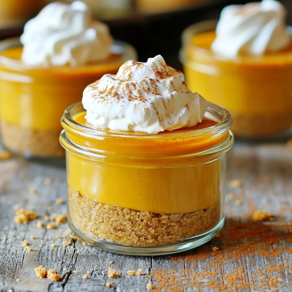 - 1 cup pumpkin puree - 8 oz cream cheese, softened to room temperature - 1/2 cup powdered sugar - 1 teaspoon pure vanilla extract - 1 teaspoon pumpkin pie spice - 1/2 cup heavy whipping cream For this recipe, pumpkin puree gives a rich flavor. I love using fresh puree, but canned works too. Cream cheese adds creaminess and depth. It's key to let it warm up so it blends well. Powdered sugar sweetens the mix without grittiness. Vanilla extract adds warmth, while pumpkin pie spice brings that cozy fall taste. Finally, heavy whipping cream makes the filling light and fluffy. - 1 cup crushed graham crackers - 4 tablespoons unsalted butter, melted - 2 tablespoons packed brown sugar The crust is easy and delicious. Crushed graham crackers create a nice crunch. Melted butter helps hold it together. Brown sugar adds a hint of caramel flavor. This combination makes the perfect base for your cheesecake cups. - Whipped cream - Ground cinnamon Toppings are the final touch. Whipped cream adds sweetness and creaminess. A sprinkle of ground cinnamon enhances the pumpkin flavor. Together, they make each bite delightful and visually appealing. - Start by combining 1 cup of crushed graham crackers, 4 tablespoons of melted unsalted butter, and 2 tablespoons of packed brown sugar in a medium bowl. - Mix these ingredients until they feel like wet sand. - Next, evenly distribute this mixture into your serving cups. - Press down firmly with a spoon or your fingers to ensure a solid base. - In a larger bowl, beat 8 ounces of softened cream cheese until it is perfectly smooth. - Gradually mix in 1 cup of pumpkin puree, ½ cup of powdered sugar, 1 teaspoon of pure vanilla extract, and 1 teaspoon of pumpkin pie spice. - Keep mixing until the mixture is smooth and well combined. - In a clean bowl, whip ½ cup of heavy whipping cream until you reach stiff peaks. - Gently fold this whipped cream into the pumpkin mixture using a spatula. - Be careful not to deflate the whipped cream. Fold until no white streaks remain. - Use a spoon or piping bag to fill each cup with the cheesecake mixture. - Aim to fill them about three-quarters full, leaving space at the top. - Finally, place the filled cups in the refrigerator. Chill them for at least 4 hours until the filling is set. To get the best texture for your cheesecake cups, use room temperature cream cheese. This makes it easier to blend and helps avoid lumps. If you forget to take it out early, you can cut it into small cubes. Let it sit for about 15 minutes to soften. Whipping the cream properly is key. Start with chilled heavy cream in a clean bowl. Use a whisk or an electric mixer. Beat it until stiff peaks form. This means the cream holds its shape. Be careful not to over-whip, or it will turn grainy. For festive occasions, think about how you present your cups. Use clear jars or colored cups to show off the layers. You can place them on a decorative tray. Add some cinnamon sticks or small pumpkin decorations around them for flair. To enhance the flavor, try different garnishes. A dollop of whipped cream on top adds creaminess. A sprinkle of ground cinnamon looks nice and adds warmth. You can also use caramel or chocolate drizzle for a sweet touch. One common mistake is over-mixing the filling. Once you add the whipped cream, mix gently. Fold it in slowly until no white shows. This keeps your cheesecake light and fluffy. Another mistake is not chilling long enough. The cheesecake needs at least 4 hours in the fridge. This helps it set up firm. If you rush this step, the cups may not hold their shape when served. {{image_4}} You can change up the flavor in your No-Bake Pumpkin Pie Cheesecake Cups. Adding chocolate or caramel can bring a new twist. A layer of chocolate ganache can make it rich and sweet. Drizzling caramel on top adds a nice touch, too. You can also try adding spices like nutmeg. Just a pinch can enhance the pumpkin flavor. Mix in a little extra cinnamon for a warm, cozy feel. These changes keep your dessert fresh and exciting. If you want a lighter version, use low-fat cream cheese. It still tastes creamy but cuts down on calories. You can also choose a dairy-free option for the crust. Use crushed nuts and coconut oil instead of butter. This option makes it gluten-free and healthy. You can also swap heavy whipping cream for a plant-based cream. This simple change keeps the texture light without dairy. You can enjoy your dessert without the guilt. If you plan a big gathering, you can easily adjust the recipe. Just double or triple your ingredients. This way, you can fill more cups. If you want mini versions for parties, use smaller cups. They are perfect for snacking and fun to eat. This dessert is also great for any season. You can serve it for Thanksgiving or at summer picnics. These variations make it a versatile treat everyone will love. To keep your no-bake pumpkin pie cheesecake cups fresh, store them in the refrigerator. Use an airtight container or cover each cup tightly with plastic wrap. This helps keep out air and moisture, which can affect taste and texture. If you want to store them longer, you can freeze the cheesecake cups. First, make sure they are fully set. Then, wrap each cup in plastic wrap and place them in a freezer-safe bag. They can last up to two months in the freezer. For best quality, eat your cheesecake cups within 5 days if stored in the fridge. After that, the flavors may change, and the texture may become less appealing. Look for signs of spoilage, like a sour smell or changes in texture. If you see any mold, it’s best to throw them away. You don’t need to reheat these cheesecake cups. They are best served cold. If you stored them in the freezer, transfer them to the fridge for a few hours before serving. This allows them to thaw slowly and keeps the texture creamy. Once ready, add a fresh dollop of whipped cream and a sprinkle of cinnamon before serving for a lovely finish. Yes, you can make these cups ahead of time. This dessert actually tastes better when it sits for a while. I suggest preparing them the day before your event. Chill them in the fridge for at least four hours. This gives the flavors time to blend and the filling time to set. Use airtight containers to keep them fresh. These cheesecake cups look great on a decorative tray. You can top them with whipped cream right before serving. A sprinkle of ground cinnamon adds a nice touch. You could also add cinnamon sticks or mini pumpkins for a festive look. These details enhance both taste and presentation. Absolutely! If you want a lighter version, try low-fat cream cheese. For a dairy-free option, use a plant-based cream cheese. You can also swap pumpkin puree for sweet potato puree for a different twist. If you don’t have graham crackers, crushed cookies or oats can work for the crust. Be creative with your choices! You learned how to make delicious no-bake pumpkin pie cheesecake cups. We covered the key ingredients, from pumpkin puree to whipped cream. I shared step-by-step instructions for the crust and filling, plus helpful tips to avoid mistakes. You discovered fun variations and storage tips to keep your cheesecake fresh. Try these cups at your next gathering. They are easy to make and delicious. Enjoy sharing them with friends and family!
