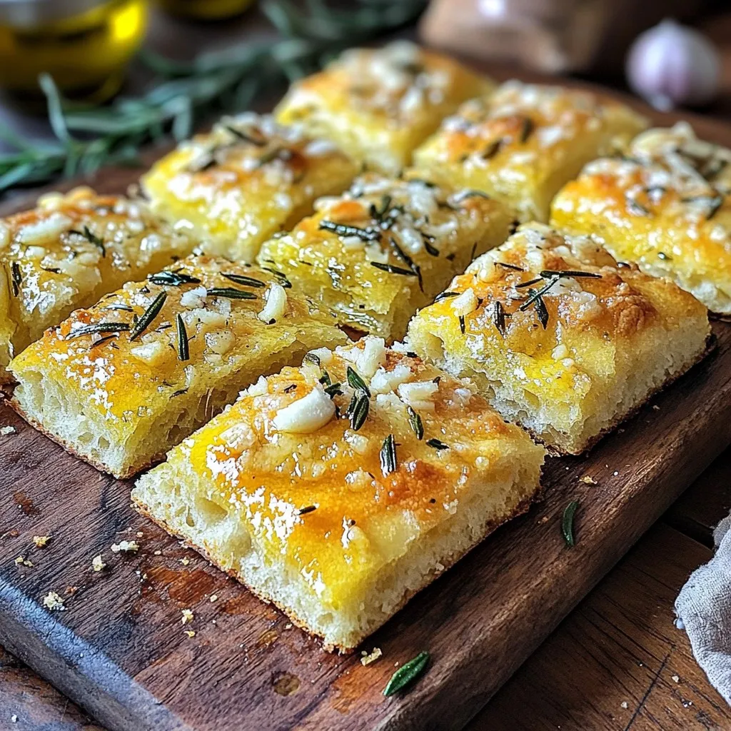 To make Garlic Parmesan Focaccia, you need a few simple ingredients. Here’s the list: - 2 cups all-purpose flour - 1 teaspoon instant yeast - 1 teaspoon sugar - 1 teaspoon salt - 3/4 cup warm water - 1/4 cup olive oil - 3 cloves garlic - 1/2 cup freshly grated Parmesan cheese - Fresh rosemary - Coarse sea salt Each ingredient plays a role in creating the perfect focaccia. The all-purpose flour gives the bread its structure. Instant yeast helps it rise quickly, while sugar feeds the yeast. Salt adds flavor and controls yeast activity. Warm water activates the yeast. It should be around 110°F, which is warm but not hot. Olive oil adds richness and flavor, making the bread tender. Minced garlic brings a strong taste. Freshly grated Parmesan cheese adds a salty, nutty flavor. Fresh rosemary gives a lovely aroma and earthy taste. Lastly, coarse sea salt adds a crunchy finish. Gather these ingredients before you start. This way, you will have everything ready to make this delicious bread. Start with a large bowl. Mix warm water, instant yeast, and sugar. Use 3/4 cup of warm water, around 110°F. Let this sit for about 5 minutes. You’ll see it bubble and froth. This shows the yeast is alive and ready to work. Next, add 2 cups of all-purpose flour and 1 teaspoon of salt to the yeast mix. Stir it well. You want a shaggy dough to form. Now, pour in 1/4 cup of olive oil. Mix until it comes together into a smooth ball. Lightly grease a bowl with olive oil. Place your dough inside and cover it with a clean towel. Let it rise in a warm place for about 1 hour. The dough should double in size. This is key for a fluffy focaccia. While the dough rises, preheat your oven to 400°F (200°C). Once the dough is ready, punch it down gently. Move it to a greased baking sheet. Press and stretch it to fit, about 1 inch thick. To make garlic oil, mix minced garlic with a bit of olive oil in a small bowl. Use this to coat the top of the dough evenly. Sprinkle 1/2 cup of grated Parmesan cheese over the dough. Add chopped fresh rosemary and a light dusting of coarse sea salt. Let the dough rest for 20 minutes as your oven heats. Bake for 20-25 minutes. It should be golden brown and smell amazing. When done, remove the focaccia from the oven. Drizzle some olive oil over the top for extra flavor. Allow it to cool for a few minutes. Slice into squares or triangles, and enjoy! To make your focaccia soft, knead the dough well. Kneading helps build gluten, which gives the bread its nice stretch. Use the palms of your hands to push the dough away. Fold it back, and repeat. Aim for five minutes of kneading. Dough consistency is key. Start with a shaggy dough and add flour as needed. The dough should be tacky but not sticky. If it sticks to your hands too much, add a little flour. If it feels dry, add a tiny splash of water. Want to jazz up your focaccia? Try adding toppings like olives, sun-dried tomatoes, or even caramelized onions. You can also sprinkle on seeds like sesame or poppy for a crunchy texture. Using different herbs can change the taste. Think about adding thyme, basil, or oregano. Fresh herbs give a bright flavor. Dried herbs are also great, just use less since they are stronger. Focaccia shines when served warm. Cut it into squares or triangles for a charming look. Pair it with olive oil for dipping or a light balsamic vinegar. For a rustic touch, serve it on a wooden board. Add sprigs of rosemary on the side for color. This not only looks good but adds to the aroma. Enjoy your focaccia with soups or salads for a complete meal. {{image_4}} You can make herb-infused focaccia by adding fresh herbs. Basil, thyme, and oregano work well. Simply chop the fresh herbs and mix them into the dough. You can also sprinkle them on top before baking. This adds a burst of flavor. Try using dried herbs if fresh ones are not available. Just use less since dried herbs are more potent. For cheese toppings, you have options. Besides Parmesan, try mozzarella for a gooey texture. Feta adds a salty bite, while cheddar gives a sharp taste. You can mix different cheeses for a unique flavor. Sprinkle cheese on top right before baking for a melty finish. Consider adding cheese to the dough for extra flavor. To make gluten-free focaccia, swap the all-purpose flour for a gluten-free blend. Look for blends that contain xanthan gum, as it helps mimic gluten's elasticity. Use the same amount as the original flour. Make sure your baking powder is gluten-free too. This allows everyone to enjoy this tasty bread. To keep your focaccia fresh, wrap it tightly in plastic wrap. Place it in the fridge for up to four days. This helps maintain its softness. Before you eat it, let it come to room temperature. You can also slice it before wrapping. This makes it easy to grab a piece when you want a snack. If you want to save focaccia for later, freezing works well. First, let the bread cool completely. Wrap each piece in plastic wrap, then place them in a freezer bag. Label the bag with the date. Focaccia can stay good for up to three months. When you're ready to eat it, take a piece out and thaw it in the fridge overnight. To enjoy your focaccia again, reheating is key. Preheat your oven to 350°F (175°C). Place the focaccia on a baking sheet. Heat it for about 10-15 minutes. This keeps the crust crispy and the inside soft. If you want, drizzle a little olive oil on top before reheating for extra flavor. To make focaccia rise, keep the dough warm. Use a warm spot in your kitchen. Cover the bowl with a kitchen towel. This keeps in the heat and moisture. You want the dough to double in size. - Aim for a warm room, about 75°F to 80°F. - Let the dough rise for at least one hour. - If it’s cold, place the dough near a warm oven. Yes, you can use fresh garlic. Fresh garlic adds a vibrant flavor. Just chop it finely to mix well. You can also roast it for a milder taste. Adjust the amount to your liking. - Use 3 cloves of fresh garlic, finely chopped. - Roasted garlic gives a sweet and soft flavor. Homemade focaccia stays fresh for about 2 days. Store it in a paper bag for best results. You can also wrap it in plastic wrap. This keeps it soft and moist. - If you want to keep it longer, freeze it. - Focaccia freezes well for up to 3 months. Yes, adding toppings is a great idea! You can use more cheese, herbs, or even veggies. Just sprinkle them on after you spread the garlic oil. - Some tasty toppings include olives, sun-dried tomatoes, or onions. - Make sure not to overload it, or it may not bake well. Serve focaccia warm for the best taste. Cut it into squares or triangles. You can also serve it on a wooden board for a rustic look. Pair it with olive oil or balsamic vinegar for dipping. - It's perfect for parties or as a side with soup. - Add a sprinkle of fresh rosemary on top for garnish. In this blog post, we covered how to make delicious Garlic Parmesan Focaccia from scratch. You learned about the key ingredients, step-by-step instructions, and helpful tips to enhance flavor and texture. Remember, kneading the dough well is crucial for a great outcome. Don’t hesitate to try variations or serve it with your favorite dips. This bread can be a star at any meal or a simple treat. Enjoy your baking and share your tasty focaccia with family and friends!