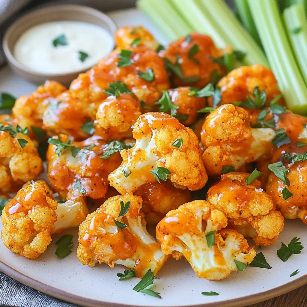 - 1 large head of cauliflower, cut into bite-sized florets - 1 cup all-purpose flour - 1/2 cup water - 1 teaspoon garlic powder - 1 teaspoon onion powder - 1 teaspoon smoked paprika - 1/2 teaspoon salt - 1/4 teaspoon black pepper - 1/2 cup buffalo sauce (store-bought or homemade) - 1 tablespoon olive oil To make this dish, you need fresh cauliflower. Choose a large head with tight, white florets. This helps get a great texture when cooking. - 1 teaspoon garlic powder - 1 teaspoon onion powder - 1 teaspoon smoked paprika - 1/2 teaspoon salt - 1/4 teaspoon black pepper These seasonings add nice flavors to the batter. I love smoked paprika for its mild, smoky taste. It gives the cauliflower a warm flavor that pairs well with buffalo sauce. - Fresh parsley, chopped (for garnish) - Optional: celery sticks and ranch dressing for serving Chopped parsley adds color and freshness. Celery sticks and ranch dressing balance the heat of the buffalo sauce. It’s a classic combination that many enjoy. {{ingredient_image_2}} To start, rinse the cauliflower under cool water. This helps remove any dirt. Next, cut the cauliflower into bite-sized florets. Aim for uniform pieces to ensure they cook evenly. After chopping, pat the florets dry with a paper towel. Removing excess moisture is key for a crispy texture. In a medium bowl, mix the flour, water, garlic powder, onion powder, smoked paprika, salt, and black pepper. Whisk until you have a smooth batter without lumps. This thick batter will stick well to the cauliflower. It gives each piece a tasty coating. Preheat your air fryer to 390°F (200°C) for about 5 minutes. This step is crucial for crispiness. Lightly grease the air fryer basket with olive oil. Place the battered cauliflower florets in a single layer, avoiding overcrowding. Cook them for 12–15 minutes, shaking the basket halfway through. This ensures even cooking and crisping. When they turn golden brown, transfer the florets to a bowl and drizzle with buffalo sauce. Toss gently to coat each piece. Return them to the air fryer for another 3–5 minutes. This final step sets the sauce and enhances the flavor. Afterward, serve them hot, topped with fresh parsley. To get that perfect crispy bite, follow these steps: - Dry the cauliflower: After rinsing, make sure to pat the florets dry. This helps them crisp up well. - Use a thick batter: Mix the flour, water, and spices until smooth. A thick batter sticks better. - Don’t overcrowd the basket: Place the florets in a single layer. This allows hot air to circulate and crisp them evenly. - Preheat the air fryer: Always preheat it to 390°F (200°C) for about 5 minutes. This is key! - Shake halfway through: Shake the basket during cooking to help them cook evenly. You can make your buffalo cauliflower as spicy as you want. Here’s how: - Mild: Use a bit less buffalo sauce. Try starting with 1/4 cup. - Medium: Stick to the full 1/2 cup. This is the standard. - Hot: Add extra buffalo sauce or use a hotter sauce. - Customize: Mix in some cayenne pepper or chili powder to the batter for more heat. Cooking time is important for great results: - Cook for 12–15 minutes: This makes them golden and crunchy. - Final toss: After adding buffalo sauce, air fry for 3–5 more minutes. This helps the sauce stick. - Check for doneness: If they look golden and crisp, they are ready! Adjust time as needed for your air fryer model. These tips help you create a snack that is not just tasty but crispy and full of flavor! Pro Tips Choose the Right Cauliflower: Look for a large head of cauliflower that is firm and free of blemishes. Fresh cauliflower will yield the best flavor and texture for your dish. Make It Gluten-Free: Substitute all-purpose flour with a gluten-free flour blend or almond flour to accommodate gluten-sensitive guests while maintaining a delicious crunch. Experiment with Spices: Feel free to customize the batter by adding your favorite spices, such as cayenne pepper for extra heat or cumin for a unique flavor twist. Air Fryer Capacity: Avoid overcrowding the air fryer basket. Cooking in batches ensures even cooking and allows each floret to become crispy without steaming. {{image_4}} You can easily make this dish gluten-free. Instead of all-purpose flour, use gluten-free flour. Rice flour or chickpea flour works well. Both create a nice batter that sticks to the cauliflower. Just follow the same steps in the recipe. You’ll get the same crispy texture without the gluten. Buffalo sauce is great, but feel free to mix it up! You can use BBQ sauce for a sweet twist. If you like it hot, try a spicy Asian sauce like sriracha. You can also blend sauces for a unique flavor. Mixing buffalo sauce with honey gives a sweet and spicy kick that many love. Don’t stop at just cauliflower! You can add other veggies to your air fryer. Try using broccoli or Brussels sprouts for variety. Cut them to similar sizes for even cooking. Toss them in the batter just like the cauliflower. This way, you’ll have a colorful and tasty mix! After you enjoy your Air Fryer Buffalo Cauliflower, store leftovers in an airtight container. Make sure they cool down first. Proper storage keeps them fresh for 3 to 4 days in the fridge. If you want to keep them longer, consider freezing. Reheat the cauliflower in your air fryer for the best results. Set it to 350°F (175°C) and cook for about 5 minutes. This helps restore the crispiness. You can also use an oven. Simply place them on a baking sheet and heat at 350°F (175°C) for about 10 minutes. Microwaving is quick, but it may make them soggy. To freeze buffalo cauliflower, place cooled florets in a single layer on a baking sheet. Freeze them for 1 to 2 hours until solid. Then, transfer them to a freezer-safe bag or container. They can last up to 3 months in the freezer. When you're ready to enjoy them, you can cook them straight from frozen. Just add a few extra minutes to the air frying time. You can use either fresh or frozen cauliflower. Fresh cauliflower gives a crispier bite. If using frozen, thaw it first and pat it dry. This helps keep your snack crunchy. To add heat, use more buffalo sauce. You can also mix in cayenne pepper or hot sauce. Adjust based on your taste. Feel free to add spices like chili powder for extra flavor. Buffalo cauliflower pairs well with celery sticks and ranch dressing. The cool ranch balances the heat. You can also serve it with blue cheese or a yogurt dip. These sides enhance your snack experience. In this blog post, we explored how to make Air Fryer Buffalo Cauliflower. We covered essential ingredients, seasonings, and garnishing options for perfect flavor. You learned step-by-step instructions, including how to prepare and cook the cauliflower for that ideal crunch. I shared tips for crispiness and adjusting spice levels. Plus, we discussed fun variations and how to store leftovers. Air Fryer Buffalo Cauliflower is a tasty and healthy choice. Enjoy experimenting with this simple recipe!