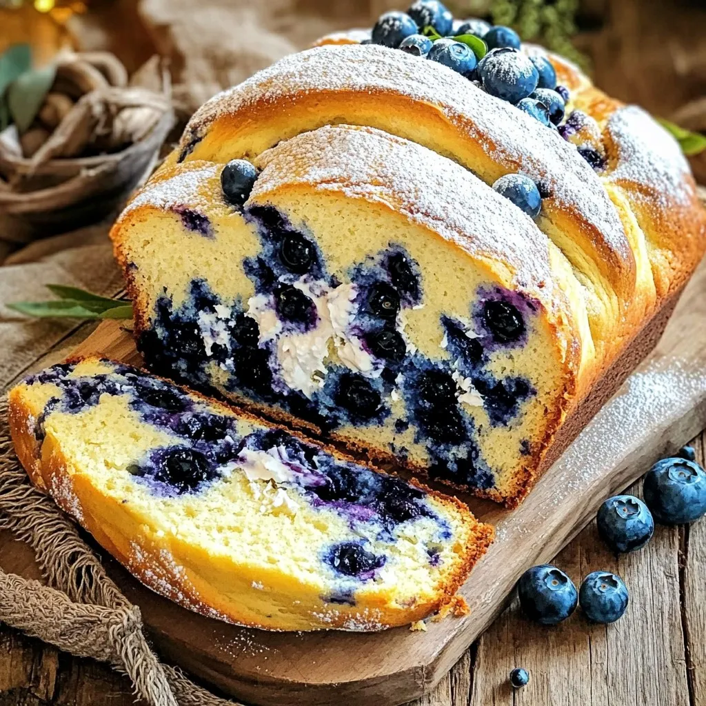 - 1 cup fresh blueberries (or frozen, thawed and drained) - 8 oz cream cheese, softened - ½ cup granulated sugar - ½ cup brown sugar, packed - 2 large eggs, room temperature - ½ cup vegetable oil - 1 tsp vanilla extract - 1 ½ cups all-purpose flour - 1 tsp baking powder - ½ tsp baking soda - ½ tsp salt - ½ tsp ground cinnamon - ¼ cup freshly squeezed lemon juice To make Blueberry Cream Cheese Bread, gather these fresh and simple ingredients. Fresh blueberries bring a burst of flavor. If you use frozen berries, thaw and drain them well. Cream cheese adds a rich, smooth texture. The blend of granulated and brown sugar gives a sweet balance. Using room-temperature eggs helps the batter mix well. Vegetable oil keeps the bread moist. Vanilla extract adds depth to the flavor. Flour, baking powder, baking soda, salt, and cinnamon form the base. Lastly, freshly squeezed lemon juice brightens the taste. These ingredients work together to create a soft, flavorful bread. You can find these items easily at any grocery store. Enjoy gathering your ingredients; it’s the first step to a delightful baking experience! First, preheat your oven to 350°F (175°C). This step is key for even baking. Next, grease a 9x5-inch loaf pan. You can use cooking spray or butter. This helps the bread release easily after baking. In a large mixing bowl, add 8 oz of softened cream cheese. Then, pour in ½ cup of granulated sugar and ½ cup of brown sugar. Use an electric mixer to beat these together. Mix at medium speed for about 3-4 minutes until it’s smooth and creamy. Next, add 2 large eggs, one at a time. Make sure to mix well after each egg. Then, pour in ½ cup of vegetable oil, 1 tsp of vanilla extract, and ¼ cup of freshly squeezed lemon juice. Blend on low speed until everything combines well. In a separate bowl, whisk together 1 ½ cups of all-purpose flour, 1 tsp of baking powder, ½ tsp of baking soda, ½ tsp of salt, and ½ tsp of ground cinnamon. This mix adds flavor and helps the bread rise. Now, gradually add the dry ingredients to the cream cheese mixture. Use a spatula to stir gently. Mix until just combined. It’s okay if a few flour streaks remain; do not overmix. Carefully fold in 1 cup of fresh blueberries. Be gentle to keep the berries intact. This adds great flavor and color to your bread. The batter will look thick and slightly lumpy. Pour the batter into your greased loaf pan. Use a spatula to smooth the top. Place the pan in the preheated oven and bake for 55-65 minutes. To check if it’s done, insert a toothpick into the center. It should come out clean or with a few moist crumbs. Once baked, take the loaf out of the oven. Let it cool in the pan for about 10 minutes. After that, transfer it to a wire rack to cool completely. Now, it's ready for slicing and serving! Start with your cream cheese at room temperature. Cold cream cheese will not mix well. It can make your batter lumpy. To make it smooth, beat it with sugar for 3-4 minutes. This step is key. You want a creamy texture. The smoother the cream cheese, the better your bread will be. When you mix the dry and wet ingredients, be gentle. Stir until just combined. You should still see some flour streaks. Overmixing can make the bread tough. A few lumps are fine. This ensures your bread stays soft and light. To know if your bread is done, use a toothpick. Insert it into the center of the loaf. If it comes out clean or with a few moist crumbs, it's ready. Don’t wait too long to check. If you leave it too long, it can dry out. This test is simple and effective for perfect bread every time. {{image_4}} You can add extra flavors to your Blueberry Cream Cheese Bread. Consider mixing in nuts like walnuts or pecans. They add a nice crunch. You can also sprinkle in spices, like nutmeg or cardamom, for warmth. These spices blend well with blueberries and cream cheese. If you want a healthier version, try using whole wheat flour. It gives a nutty taste and adds fiber. You can also use natural sweeteners, like honey or maple syrup. These options keep the bread sweet but with less refined sugar. Seasonal changes can inspire new twists. In spring or summer, add fresh herbs like basil or mint. They bring a bright flavor. You can also use citrus zest, such as lemon or orange. This adds a fresh zing to your bread. Each season offers a chance to try something new. Blueberry Cream Cheese Bread lasts about 2 to 3 days at room temperature. Keep it in an airtight container. This helps to keep the bread soft and fresh. Avoid placing it in direct sunlight or near heat. To refrigerate, wrap the bread tightly in plastic wrap. This cuts off air and keeps it moist. It can last up to a week in the fridge. When ready to eat, let it sit at room temp for a bit. This helps the flavors come back alive. To freeze, slice the bread first. Place each slice in a freezer bag or wrap it in foil. This makes it easy to grab just what you need. When you want to eat it, take it out and leave it in the fridge overnight to thaw. You can also warm it in the oven for a few minutes. Enjoy your blueberry cream cheese bread fresh, even after freezing! Yes, you can use frozen blueberries. Thaw them and drain well. Frozen berries can add juice to the batter. This may change the color of the bread. Fresh blueberries give a brighter look and taste. If you use frozen ones, it’s best to add them straight from the freezer. This helps them keep their shape. Blueberry Cream Cheese Bread lasts about 3-4 days at room temperature. Keep it in an airtight container. To extend its life, you can store it in the fridge. In the fridge, it stays fresh for about a week. If you want to keep it longer, freeze it. It can last up to 3 months in the freezer. Yes, you can use Greek yogurt or ricotta cheese. These options will change the taste a bit. They may also change the texture but still work well in the recipe. If you want a dairy-free option, look for vegan cream cheese. This will keep the bread moist and tasty. This bread is great on its own. You can enjoy it with butter or cream cheese spread. For a fun twist, top it with a sprinkle of nuts or seeds. A drizzle of honey or maple syrup adds a sweet touch. Pair it with coffee or tea for a delicious snack. To check if the bread is done, use a toothpick. Insert it into the center of the loaf. If it comes out clean or with a few crumbs, it’s ready. If it has wet batter on it, bake for a few more minutes. Keep an eye on it to avoid overbaking. This recipe offers a delightful way to enjoy blueberry cream cheese bread. You need simple ingredients like blueberries, cream cheese, and a few pantry staples. Follow the step-by-step instructions for a smooth bake. Remember to check for doneness with a toothpick. You can customize it with nuts or spices, and even store leftovers properly. Try making it and enjoy the fresh flavors. Happy baking!