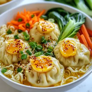 To make a great dumpling ramen bowl, you need: - 200g ramen noodles - 8-10 dumplings (chicken or vegetable) - 4 cups chicken or vegetable broth - 2 soft-boiled eggs - 1 cup bok choy, roughly chopped - 1 medium carrot, cut into thin julienne strips - 2 green onions, finely sliced - 2 cloves garlic, minced - 1 tablespoon fresh ginger, grated - 2 teaspoons soy sauce - 1 teaspoon sesame oil - Salt and pepper to taste You can enhance your dumpling ramen bowl with these extras: - 1 teaspoon chili oil (for heat) - Fresh cilantro sprigs for garnish Gather these tools before you start cooking: - Small saucepan for boiling eggs - Skillet for cooking dumplings - Large pot for the broth - Ladle for serving - Cutting board and knife for chopping - Ice bath for cooling eggs These ingredients and tools will help you create a delicious dumpling ramen bowl. Enjoy! {{ingredient_image_2}} To make soft-boiled eggs, start by boiling water in a small saucepan. Once it’s bubbling, gently lower the eggs in. Cook them for 6-7 minutes for a nice runny yolk. After that, move the eggs to an ice bath. This stops the cooking and makes peeling easier. Once they cool, peel the eggs carefully and set them aside. Next, heat a splash of oil in a skillet over medium heat. Place the dumplings in a single layer. Cook them according to the package instructions, which usually takes about 5-7 minutes. You want them golden-brown and heated all the way through. After cooking, move the dumplings to a plate and keep them warm. In a large pot, add a bit of oil and heat it on medium. Sauté minced garlic and grated ginger for about one minute. Be careful not to burn them. Then, pour in the broth and add soy sauce along with sesame oil. Stir everything well and bring it to a gentle simmer. Once your broth is simmering, add the ramen noodles. Cook them according to the package instructions, usually about 3-4 minutes. In the last minute, toss in chopped bok choy and julienned carrot. This will soften the veggies just right. Now, it’s time to put everything together. Use a ladle to divide the broth, noodles, and vegetables into serving bowls. Top each bowl with 3-4 dumplings and a soft-boiled egg cut in half. If you like a little spice, drizzle some chili oil on top. Finally, add sliced green onions for a fresh touch. For an extra pop of flavor, sprinkle fresh cilantro sprigs on the bowls if you like. Serve your warm Dumpling Ramen Bowl right away. Enjoy the comfort and warmth of this delicious dish! To get the perfect soft-boiled egg, start with fresh eggs. Bring water to a rolling boil in a small pot. Lower the eggs gently into the water. Cook them for exactly 6-7 minutes. This gives you a runny yolk, which I love. After cooking, transfer the eggs to an ice bath. This stops the cooking and makes peeling easier. Once cool, gently peel the eggs and set them aside. For dumplings, you can steam, boil, or pan-fry them. I prefer pan-frying for a crispy texture. Heat a bit of oil in a skillet over medium heat. Place the dumplings in a single layer. Cook them for about 5-7 minutes until they are golden brown. This method keeps them warm and flavorful. Always check package instructions for specific cooking times. You can customize your broth to suit your taste. Start with chicken or vegetable broth as a base. Add soy sauce for saltiness and depth. A splash of sesame oil gives a nutty flavor. If you like spice, drizzle in some chili oil. You can also add more garlic or ginger for extra zing. Taste as you go to find the right balance. A well-presented dish makes your meal more enjoyable. Use deep bowls to hold the broth and ingredients. Layer the ramen noodles, vegetables, and dumplings neatly. Cut the soft-boiled egg in half and place it on top. Sprinkle sliced green onions for a pop of color. If you like, add fresh cilantro for a final touch. A beautiful dish makes your dining experience special. Pro Tips Perfecting the Soft-Boiled Egg: To achieve the ideal runny yolk, be precise with your timing. Using a timer will help ensure consistency every time you make this dish. Enhancing Broth Flavor: For a richer broth, consider simmering it with additional aromatics like star anise or a splash of mirin. This will elevate the overall taste profile of your ramen. Freshness of Veggies: Add your vegetables at the last minute of cooking to retain their vibrant color and crunch. This keeps the ramen bowl looking fresh and appealing. Serving Suggestions: Serve the ramen bowls immediately after assembly to ensure the noodles don’t become soggy. Provide extra chili oil on the side for guests who enjoy more heat. {{image_4}} You can easily make this dish vegetarian or vegan. Swap the chicken broth for vegetable broth. Use vegetable dumplings instead of chicken ones. For a vegan option, skip the soft-boiled egg. You can add tofu for protein and texture. This keeps the bowl hearty and satisfying. You have many choices for dumplings. Try pork, shrimp, or mushroom dumplings. Each type gives a unique taste. If you're short on time, frozen dumplings work well too. Just follow the cooking instructions on the package for best results. Feel free to mix in different veggies. Spinach, bell peppers, or snap peas add color and crunch. If you want a spicy kick, add sliced jalapeños. Get creative with what you have on hand. The goal is to make it fresh and fun! First, let your Dumpling Ramen Bowl cool down. Place it in an airtight container. This keeps flavors fresh and prevents spills. Store the container in the fridge. It will stay good for 2-3 days. To reheat, use a pot on medium heat. Add a splash of broth or water. This helps bring back moisture. Stir gently until everything warms up. You can also use the microwave. Heat in short bursts, stirring in between. You can freeze the broth and dumplings separately. Use freezer-safe containers or bags. Make sure to label them with the date. When you want to eat, thaw them overnight in the fridge. Heat as usual to enjoy a warm meal. The best ramen noodles are fresh or dried wheat noodles. Fresh noodles are chewy and cook quickly. Dried noodles are great for storage and still taste good. Look for noodles labeled "ramen" for the best flavor. Yes, frozen dumplings work well. They save time and are easy to use. Just cook them according to the package instructions. They will still be tasty in your ramen bowl. Soft-boiled eggs last about 3-4 days in the fridge. Store them in their shells for best results. If peeled, eat them within a day for freshness. You can use spinach or kale instead of bok choy. Both options add a nice green color and flavor. Chopped napa cabbage also works well in this recipe. Yes, this recipe is great for meal prep. You can cook the broth and dumplings ahead of time. Store them separately. Just add fresh noodles and veggies when ready to eat. You learned how to make a tasty dumpling ramen bowl. We explored key ingredients, step-by-step prep, and helpful tips. This dish is fun to customize and share. With veggie options and storage tips, you can enjoy it anytime. So gather your tools and get cooking! Enjoy each bite and impress your friends with this delicious recipe.