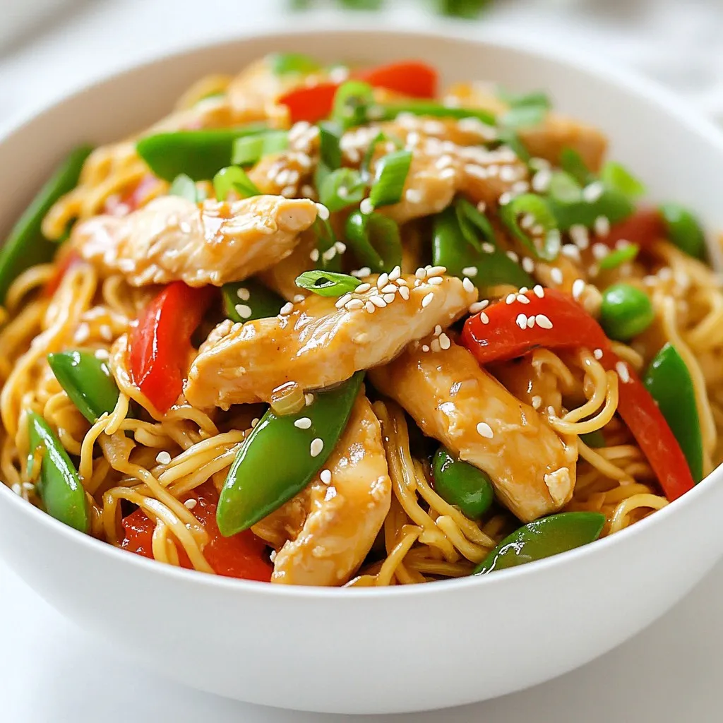 - 500g chicken breast, sliced into thin strips - 200g noodles (egg or rice noodles) - 4 cloves garlic, minced finely - 2 tablespoons ginger, freshly grated - 1 red bell pepper, sliced into thin strips - 1 cup snap peas or snow peas, trimmed - 2 spring onions, chopped (for garnish) - 1/4 cup soy sauce (low-sodium option) - 2 tablespoons honey (or maple syrup) - 1 tablespoon sesame oil - 1 tablespoon vegetable oil (canola or sunflower oil) - Salt and black pepper to taste - Sesame seeds for garnish For this dish, I choose fresh ingredients. Fresh chicken makes it juicy. The noodles bring a lovely texture. I love using garlic and ginger for flavor. The red bell pepper adds color and sweetness. Snap peas give a nice crunch. When it comes to sauces, the soy sauce is key. It adds saltiness and a deep flavor. Honey or maple syrup brings a bit of sweetness. Sesame oil gives a rich, nutty taste. I also use vegetable oil for frying. Garnishing with spring onions and sesame seeds makes it pop. This dish is not only tasty but also looks great on the plate. {{ingredient_image_2}} - Bring a pot of water to a boil. - Cook the noodles according to package instructions. - Drain them in a colander and set aside. - In a small bowl, whisk together the soy sauce, honey, and sesame oil. - Set this marinade aside for later use. - Heat vegetable oil in a skillet over medium-high heat. - Sauté minced garlic and grated ginger for about 30 seconds. - Add sliced chicken breast to the skillet. Cook for 5-7 minutes until golden. - Toss in sliced red bell pepper and snap peas. Stir-fry for 2-3 minutes. - Pour the soy sauce mixture over the chicken and veggies. Stir well. - Gently add the cooked noodles to the skillet. Toss to coat evenly. - Season with salt and black pepper to taste. - Transfer to serving plates. Garnish with spring onions and sesame seeds. - Ensure the oil is hot before adding garlic to prevent burning. Hot oil helps the garlic cook evenly, giving a nice flavor without bitterness. - Adjust cooking time based on the thickness of chicken strips. Thin strips cook faster, while thicker pieces need a bit more time. - For a vibrant look, serve in deep bowls. Add a few extra snap peas and bell pepper strips on top. This makes the dish pop with color. - Pair your meal with a light beverage like iced green tea or a crisp lemonade. These drinks can balance the flavors well. - You can adjust spice levels and sweetness to your taste. If you like it spicy, add some chili flakes. For more sweetness, drizzle in extra honey. - Try garnishing with fresh cilantro or lime wedges for a zesty touch. These add a fresh flavor that brightens the dish. Pro Tips Marinate for Extra Flavor: Allow the chicken to marinate in the soy sauce mixture for at least 30 minutes before cooking to enhance the flavor. Use High Heat: Stir-frying on high heat ensures the chicken cooks quickly and remains tender while giving a nice sear. Add Vegetables Last: To maintain their crunch, add the vegetables towards the end of cooking, just enough to soften slightly. Garnish Creatively: Don't hesitate to experiment with garnishes such as chopped cilantro, lime wedges, or crushed peanuts for added texture and flavor. {{image_4}} You can switch the chicken for shrimp, tofu, or beef. Each option brings a unique taste. If using shrimp, cook them for about 3-4 minutes until they turn pink. For tofu, use firm tofu and sauté it until golden brown, which takes about 5-6 minutes. If you choose beef, slice it thinly and stir-fry for about 4-5 minutes. Adjust your cooking time based on the protein. This keeps your meal tasty and fun! You can also change the noodles for a gluten-free option. Rice noodles work well here. If you use them, soak them in hot water for 10-15 minutes instead of boiling. This keeps them from getting mushy. Other noodles like soba or whole wheat can add new flavors, but they may need slight changes in cooking time. Experiment with different options for the best texture. You can modify the sauce to fit your diet. For a vegan version, use maple syrup instead of honey. If you need it gluten-free, make sure to choose gluten-free soy sauce. Want some extra kick? Add chili flakes or a splash of lime juice for flavor. Adjusting the sauce can make your meal even more exciting and suit your taste. To store leftover Sticky Garlic Chicken Noodles, place them in an airtight container. Let the noodles cool before sealing. Store them in the fridge for up to three days. This keeps the flavors fresh and the texture nice. You can freeze Sticky Garlic Chicken Noodles if you want to save some for later. Use a freezer-safe container or a zip-top bag. Squeeze out as much air as possible before sealing. When frozen, the dish can last up to three months. To keep the taste and texture, separate the chicken from the noodles if you can. When it’s time to enjoy your leftovers, reheating is simple. Use a microwave or stovetop. For the microwave, place the noodles in a bowl and cover them with a damp paper towel. Heat for about one to two minutes. For the stovetop, add a splash of water or broth in a skillet over low heat. Stir gently until heated through to avoid overcooking. This way, your noodles stay tasty and don't get mushy. This dish takes about 25 minutes from start to finish. You will spend 10 minutes prepping your ingredients. Cooking will take around 15 minutes. This makes it a quick meal for busy days. Yes, you can prepare some parts ahead of time. Cook the chicken and veggies a day before, then store them in the fridge. Cook the noodles fresh when you are ready to eat. This will keep the noodles from getting soggy. If you want alternatives, here are some options: - Zoodles (zucchini noodles) for a low-carb choice. - Whole wheat noodles for more fiber. - Rice noodles for a gluten-free option. - Soba noodles if you want a nutty flavor. These options can fit different diets. Yes, this dish is great for kids. To make it even more appealing: - Cut chicken into fun shapes. - Let kids help with adding veggies. - Serve with a side of fruit for color. Kids will love the sweet and sticky sauce! In this blog post, we explored how to make Sticky Garlic Chicken Noodles. You learned about the key ingredients, from chicken and noodles to fresh veggies and tasty sauces. I shared step-by-step cooking instructions and tips to perfect the dish. You can even customize it with different proteins or noodles. Finally, we covered storage and reheating options for leftovers. Enjoy making this dish again and again! Trust me, it will impress everyone.