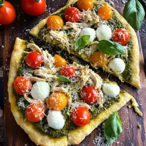 To make the pesto chicken flatbread, gather these ingredients: - 2 flatbreads (store-bought or homemade) - 2 cups cooked chicken, shredded - 1/2 cup fresh basil pesto - 1 cup cherry tomatoes, halved - 1 cup fresh mozzarella balls, halved - 1/4 cup finely grated Parmesan cheese - 2 tablespoons extra virgin olive oil - Salt and freshly cracked pepper, to taste - Fresh basil leaves, for garnish You will need a few basic tools to cook this dish: - Baking sheet - Parchment paper - Medium-sized mixing bowl - Spoon or spatula for mixing - Knife for slicing tomatoes and flatbreads Feel free to add your own twist with these extras: - Grilled vegetables like bell peppers or zucchini - Sliced olives for a briny touch - Red pepper flakes for heat - A drizzle of balsamic glaze for sweetness This list helps you create a tasty and easy meal. Enjoy making your pesto chicken flatbread! First, set your oven to 400°F (200°C). This heat helps make the flatbread crispy. Next, take a baking sheet and line it with parchment paper. This step keeps the flatbreads from sticking and makes cleanup easy. In a medium bowl, mix 2 cups of shredded chicken with 1/2 cup of fresh basil pesto. Stir until the chicken is well-coated. This vibrant green sauce adds flavor and moisture. Feel free to taste a little; it should be fresh and zesty! Spread the pesto chicken mixture evenly over each flatbread. Use about half of the mixture for each flatbread. Next, add 1 cup of halved cherry tomatoes and 1 cup of halved fresh mozzarella balls on top. Sprinkle 1/4 cup of finely grated Parmesan cheese for extra flavor. Drizzle 2 tablespoons of extra virgin olive oil over everything. Finally, season with salt and freshly cracked pepper to taste. Place the baking sheet in the oven. Bake for 12 to 15 minutes. Watch for the cheese to bubble and the edges to turn golden brown. Once baked, take the flatbreads out of the oven. Let them cool for a couple of minutes. This helps avoid burns when cutting. Before serving, add fresh basil leaves on top for color and freshness. Slice the flatbreads into quarters. Enjoy your delicious creation! To get your flatbread crispy, always preheat your oven to 400°F (200°C). This helps the flatbread cook evenly. Place the flatbreads on a baking sheet lined with parchment paper. This way, they won’t stick, and cleanup will be easy. Bake for 12-15 minutes until cheese bubbles and edges turn golden brown. You’ll love the crunch! If you have any leftovers, store them in an airtight container. Keep them in the fridge for up to three days. To ensure the flatbread stays crispy, try not to stack them. If you need to reheat, use an oven instead of a microwave. This keeps the flatbread nice and crunchy. You can make your pesto chicken flatbread even better with extra toppings. Try adding sliced olives or roasted red peppers for a kick. Fresh arugula or spinach can add a nice crunch too. For a spicy touch, sprinkle some red pepper flakes on top. Customize it to fit your taste! {{image_4}} If you want a meat-free dish, try a vegetarian pesto flatbread. Start with the same flatbreads and pesto. Instead of chicken, use roasted vegetables or sautéed mushrooms. Bell peppers, zucchini, and spinach add great flavor and texture. You can also add extra cheese, like ricotta or feta, for creaminess. For a gluten-free option, use gluten-free flatbreads. Many stores offer these, or you can make your own with almond flour or cauliflower rice. This swap keeps the meal tasty without gluten. Double-check all other ingredients to ensure they are gluten-free. To boost the flavor of your flatbread, try adding some spices. A sprinkle of garlic powder or crushed red pepper can add heat. Fresh herbs like thyme or oregano can enhance the taste as well. You can also drizzle balsamic glaze on top for a sweet touch. Each of these options brings a new twist to the classic recipe. To store your pesto chicken flatbread, let it cool first. Place the flatbread in an airtight container. You can also wrap it tightly in plastic wrap. Store it in the fridge for up to three days. Keeping it sealed helps maintain the flavors and texture. When you're ready to enjoy leftover flatbread, preheat your oven to 350°F (175°C). Place the flatbread on a baking sheet, and cover it with foil. This keeps the crust from getting too hard. Heat for about 10-15 minutes or until warm. You can also use a microwave, but it may make the flatbread a bit soggy. If you want that crispy texture, stick to the oven. If you want to freeze the flatbread, follow these steps. First, let it cool completely. Then, wrap each flatbread in plastic wrap. After that, place them in a freezer bag. You can freeze them for up to two months. When you want to eat one, just reheat it directly from the freezer. This makes meal prep easy and keeps your flatbreads tasty! Yes, you can definitely use rotisserie chicken. It saves time and adds great flavor. Just shred the chicken from the rotisserie and mix it with the pesto. This option works well for busy days or quick meals. It also cuts down on prep time, making this dish even easier to enjoy. Some great side dishes include: - Mixed green salad with a light vinaigrette - Garlic bread or breadsticks - Roasted vegetables, like zucchini and bell peppers - A simple fruit salad for a refreshing touch These sides balance the meal and add extra color to your plate. Making homemade pesto is simple and fun. Here’s how: - Gather 2 cups of fresh basil leaves - Add 1/2 cup of grated Parmesan cheese - Include 1/2 cup of extra virgin olive oil - Toss in 1/3 cup of pine nuts or walnuts - Finish with 2 cloves of garlic Blend all the ingredients in a food processor. Adjust the oil to get your desired texture. Taste and add salt as needed. This fresh pesto will elevate your flatbread! This blog post covered everything you need to make delicious pesto chicken flatbread. You learned about key ingredients, cooking tips, and how to store leftovers. You also saw fun variations, like a vegetarian option and gluten-free choices. Remember, customizing recipes is part of the fun! Try adding your favorite toppings and seasonings. With these simple steps and tips, you can enjoy a tasty, quick meal anytime. Get cooking and make your flatbread creation today!