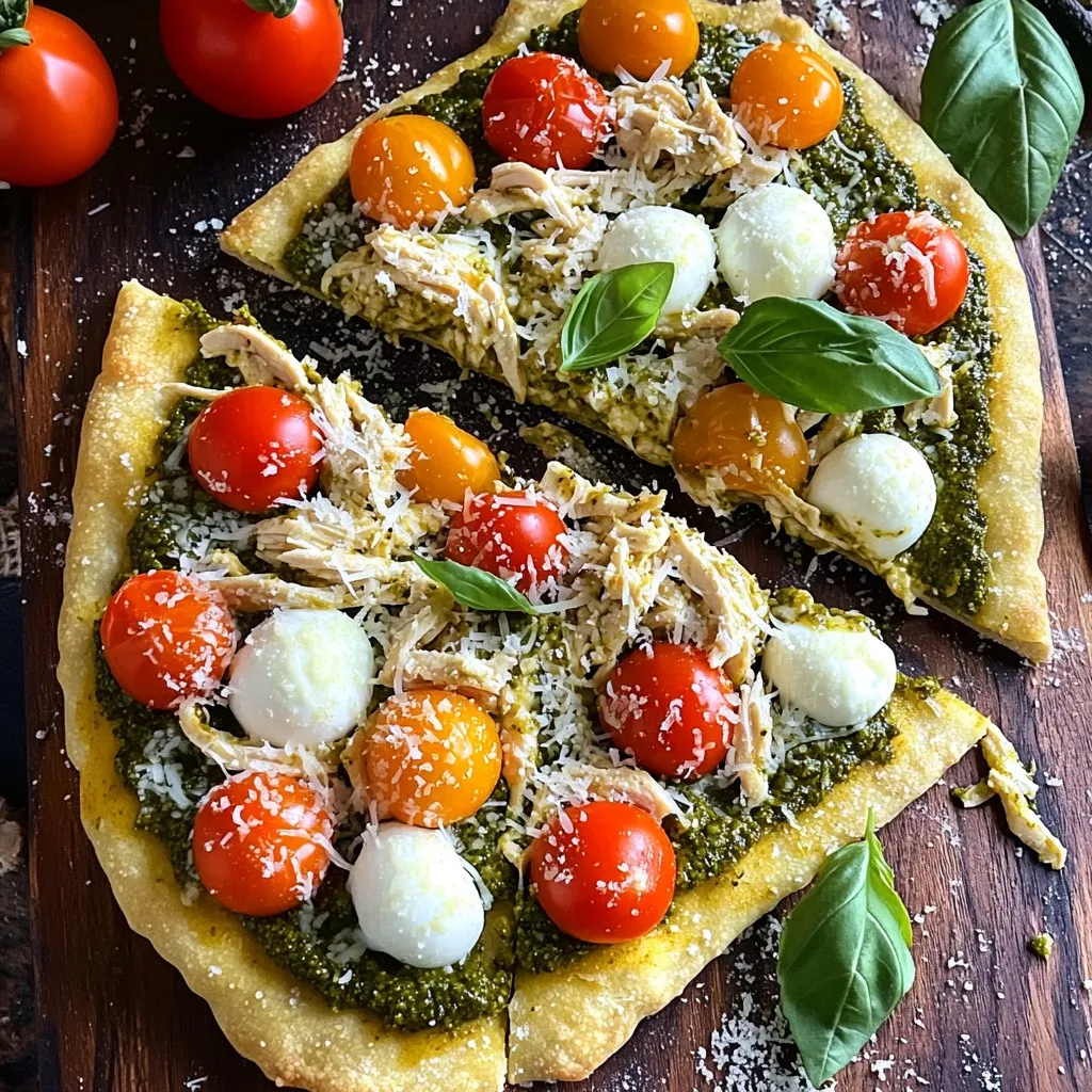 To make the pesto chicken flatbread, gather these ingredients: - 2 flatbreads (store-bought or homemade) - 2 cups cooked chicken, shredded - 1/2 cup fresh basil pesto - 1 cup cherry tomatoes, halved - 1 cup fresh mozzarella balls, halved - 1/4 cup finely grated Parmesan cheese - 2 tablespoons extra virgin olive oil - Salt and freshly cracked pepper, to taste - Fresh basil leaves, for garnish You will need a few basic tools to cook this dish: - Baking sheet - Parchment paper - Medium-sized mixing bowl - Spoon or spatula for mixing - Knife for slicing tomatoes and flatbreads Feel free to add your own twist with these extras: - Grilled vegetables like bell peppers or zucchini - Sliced olives for a briny touch - Red pepper flakes for heat - A drizzle of balsamic glaze for sweetness This list helps you create a tasty and easy meal. Enjoy making your pesto chicken flatbread! First, set your oven to 400°F (200°C). This heat helps make the flatbread crispy. Next, take a baking sheet and line it with parchment paper. This step keeps the flatbreads from sticking and makes cleanup easy. In a medium bowl, mix 2 cups of shredded chicken with 1/2 cup of fresh basil pesto. Stir until the chicken is well-coated. This vibrant green sauce adds flavor and moisture. Feel free to taste a little; it should be fresh and zesty! Spread the pesto chicken mixture evenly over each flatbread. Use about half of the mixture for each flatbread. Next, add 1 cup of halved cherry tomatoes and 1 cup of halved fresh mozzarella balls on top. Sprinkle 1/4 cup of finely grated Parmesan cheese for extra flavor. Drizzle 2 tablespoons of extra virgin olive oil over everything. Finally, season with salt and freshly cracked pepper to taste. Place the baking sheet in the oven. Bake for 12 to 15 minutes. Watch for the cheese to bubble and the edges to turn golden brown. Once baked, take the flatbreads out of the oven. Let them cool for a couple of minutes. This helps avoid burns when cutting. Before serving, add fresh basil leaves on top for color and freshness. Slice the flatbreads into quarters. Enjoy your delicious creation! To get your flatbread crispy, always preheat your oven to 400°F (200°C). This helps the flatbread cook evenly. Place the flatbreads on a baking sheet lined with parchment paper. This way, they won’t stick, and cleanup will be easy. Bake for 12-15 minutes until cheese bubbles and edges turn golden brown. You’ll love the crunch! If you have any leftovers, store them in an airtight container. Keep them in the fridge for up to three days. To ensure the flatbread stays crispy, try not to stack them. If you need to reheat, use an oven instead of a microwave. This keeps the flatbread nice and crunchy. You can make your pesto chicken flatbread even better with extra toppings. Try adding sliced olives or roasted red peppers for a kick. Fresh arugula or spinach can add a nice crunch too. For a spicy touch, sprinkle some red pepper flakes on top. Customize it to fit your taste! {{image_4}} If you want a meat-free dish, try a vegetarian pesto flatbread. Start with the same flatbreads and pesto. Instead of chicken, use roasted vegetables or sautéed mushrooms. Bell peppers, zucchini, and spinach add great flavor and texture. You can also add extra cheese, like ricotta or feta, for creaminess. For a gluten-free option, use gluten-free flatbreads. Many stores offer these, or you can make your own with almond flour or cauliflower rice. This swap keeps the meal tasty without gluten. Double-check all other ingredients to ensure they are gluten-free. To boost the flavor of your flatbread, try adding some spices. A sprinkle of garlic powder or crushed red pepper can add heat. Fresh herbs like thyme or oregano can enhance the taste as well. You can also drizzle balsamic glaze on top for a sweet touch. Each of these options brings a new twist to the classic recipe. To store your pesto chicken flatbread, let it cool first. Place the flatbread in an airtight container. You can also wrap it tightly in plastic wrap. Store it in the fridge for up to three days. Keeping it sealed helps maintain the flavors and texture. When you're ready to enjoy leftover flatbread, preheat your oven to 350°F (175°C). Place the flatbread on a baking sheet, and cover it with foil. This keeps the crust from getting too hard. Heat for about 10-15 minutes or until warm. You can also use a microwave, but it may make the flatbread a bit soggy. If you want that crispy texture, stick to the oven. If you want to freeze the flatbread, follow these steps. First, let it cool completely. Then, wrap each flatbread in plastic wrap. After that, place them in a freezer bag. You can freeze them for up to two months. When you want to eat one, just reheat it directly from the freezer. This makes meal prep easy and keeps your flatbreads tasty! Yes, you can definitely use rotisserie chicken. It saves time and adds great flavor. Just shred the chicken from the rotisserie and mix it with the pesto. This option works well for busy days or quick meals. It also cuts down on prep time, making this dish even easier to enjoy. Some great side dishes include: - Mixed green salad with a light vinaigrette - Garlic bread or breadsticks - Roasted vegetables, like zucchini and bell peppers - A simple fruit salad for a refreshing touch These sides balance the meal and add extra color to your plate. Making homemade pesto is simple and fun. Here’s how: - Gather 2 cups of fresh basil leaves - Add 1/2 cup of grated Parmesan cheese - Include 1/2 cup of extra virgin olive oil - Toss in 1/3 cup of pine nuts or walnuts - Finish with 2 cloves of garlic Blend all the ingredients in a food processor. Adjust the oil to get your desired texture. Taste and add salt as needed. This fresh pesto will elevate your flatbread! This blog post covered everything you need to make delicious pesto chicken flatbread. You learned about key ingredients, cooking tips, and how to store leftovers. You also saw fun variations, like a vegetarian option and gluten-free choices. Remember, customizing recipes is part of the fun! Try adding your favorite toppings and seasonings. With these simple steps and tips, you can enjoy a tasty, quick meal anytime. Get cooking and make your flatbread creation today!