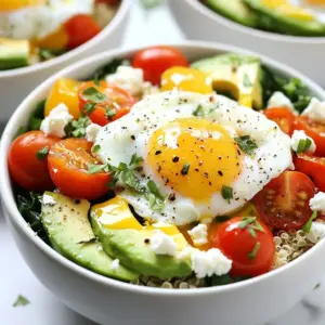 - 1 cup quinoa, thoroughly rinsed - 2 cups water or vegetable broth - 1 tablespoon olive oil - Salt and freshly ground black pepper - 1 cup cherry tomatoes, halved - 1 cup fresh spinach, roughly chopped - 4 large eggs - 1 ripe avocado, sliced - 1 tablespoon feta cheese, crumbled (optional) - 2 tablespoons fresh herbs, chopped You can mix in your favorite ingredients to make your bowls unique. Here are some fun ideas: - Cooked bacon or sausage for extra protein - Sliced radishes for a crunch - Greek yogurt for creaminess - Hot sauce for a kick These add-ins give flavor and fun to your breakfast bowls. You might not have all the ingredients at home. Here are some easy swaps: - Use brown rice instead of quinoa for a different grain. - Swap spinach with kale or arugula for a new taste. - Replace eggs with silken tofu for a vegan option. - Try goat cheese in place of feta for a tangy twist. These substitutions allow you to customize your bowls while keeping them tasty. {{ingredient_image_2}} To cook the quinoa, start by rinsing 1 cup of quinoa in cold water. This helps remove any bitterness. Next, place the quinoa in a medium pot and add 2 cups of water or vegetable broth. Bring the mixture to a boil over high heat. Once boiling, lower the heat, cover the pot, and let it simmer for about 15 minutes. The quinoa is ready when it is fluffy and all the liquid is gone. Remove the pot from heat and set it aside. While the quinoa cooks, heat 1 tablespoon of olive oil in a large skillet over medium heat. Add 1 cup of halved cherry tomatoes to the skillet. Sauté them for about 3-4 minutes. This will help them blister and bring out their sweetness. After the tomatoes, add 1 cup of roughly chopped fresh spinach. Cook for an additional 2-3 minutes until the spinach is wilted but still bright green. Season with salt and pepper, then take the skillet off the heat. In a separate pot, fill it with water and bring it to a gentle boil. Lower the heat to let it simmer. Carefully crack 4 large eggs, one at a time, into the water. Poach them for about 4-5 minutes if you like runny yolks. If you want firmer yolks, let them cook a bit longer. Once done, use a slotted spoon to remove the eggs and place them on a paper towel to drain. To build your breakfast bowls, divide the cooked quinoa evenly among four meal prep containers. Top the quinoa with the sautéed tomatoes and spinach mixture. Place one poached egg in each bowl. Add slices of 1 ripe avocado on top. If you want, sprinkle crumbled feta cheese for extra flavor. Lastly, garnish each bowl with fresh chopped herbs like basil or parsley, and add a light sprinkle of salt and pepper. To make meal prep easy, plan ahead. Choose a day to cook. I like Sundays. Cook all the base ingredients first. Make quinoa, sauté veggies, and poach eggs. Use a large pot for quinoa. This saves time. Store cooked ingredients in separate containers. This way, you can mix and match later. Keep it fun and fresh! To poach eggs well, start with fresh eggs. They hold their shape better. Use a pot with simmering water, not a rolling boil. Add a splash of vinegar to the water. This helps keep the egg together. Crack each egg in a small bowl first. Slowly slide it into the water. Cook for 4-5 minutes for runny yolks. Adjust the time for your taste. You can make your breakfast bowls pop with flavor. Use fresh herbs like basil or parsley. They add a bright taste. Season your veggies with salt and pepper. Drizzle a little olive oil on top. Add a squeeze of lemon for zing. If you like cheese, sprinkle feta on your bowl. These small touches make a big difference! Pro Tips Perfectly Poached Eggs: Use fresh eggs for the best results, and gently swirl the water before adding the eggs to help them maintain their shape. Meal Prep Storage: To keep your breakfast bowls fresh, store the avocado separately or add it just before serving to prevent browning. Flavor Boost: Try adding spices like smoked paprika or chili flakes to the sautéed tomatoes for an extra kick of flavor. Customizable Ingredients: Feel free to swap ingredients based on your preferences; roasted sweet potatoes or black beans can be excellent additions for variety. {{image_4}} You can make your breakfast bowls vegetarian or vegan easily. For a vegetarian option, skip the eggs and add more veggies. Try mushrooms, bell peppers, or zucchini. You can also add cheese if you like. For a vegan bowl, replace the eggs with tofu. Use firm tofu and sauté it with spices for flavor. This keeps your meal rich and filling. Want to up your protein game? Adding chicken or tofu works great. For chicken, grill or bake it first. Shred or chop it into bite-sized pieces. Mix it with your quinoa for a hearty meal. If you choose tofu, marinate it in soy sauce or spices before cooking. This adds flavor that complements the other ingredients. Explore global flavors in your breakfast bowls. For a Mediterranean twist, add olives, roasted red peppers, or hummus. Use couscous instead of quinoa for a different texture. For a Mexican flair, add black beans, corn, and salsa. Top with avocado and cilantro for freshness. These variations not only taste great but also make breakfast exciting! To keep your meal prep breakfast bowls fresh, store them in airtight containers. This keeps out air and moisture. Place the bowls in the fridge right after cooling. They stay good for up to four days. Always check for odors or changes in color before eating. You can freeze your breakfast bowls if you want to keep them longer. Use freezer-safe containers or bags for best results. Store the bowls for up to three months. To freeze, let the bowls cool completely. Label them with the date for easy tracking. Reheating is easy. You can use the microwave or the oven. For the microwave, heat for 1-2 minutes. Stir halfway through to warm evenly. If using an oven, preheat to 350°F (175°C). Cover the bowl with foil and heat for about 15 minutes. Always check that the egg is hot before serving. Meal prep breakfast bowls are healthy, ready-to-eat meals packed in containers. They often include grains, veggies, and protein. These bowls make mornings easier and save time. You can enjoy them throughout the week. They are colorful, tasty, and full of nutrients. Meal prep breakfast bowls last about 4 to 5 days in the fridge. Keep them in airtight containers to maintain freshness. If you notice any change in smell or color, it’s best to throw them out. Yes, you can customize your breakfast bowl! Use different grains like brown rice or farro. Add your favorite vegetables, such as bell peppers or zucchini. You can also switch proteins, like using tofu or chicken. This makes each bowl unique and tailored to your taste. The best containers for meal prepping are glass or BPA-free plastic. Look for airtight containers to keep food fresh. Choose different sizes for various meals. Make sure they are microwave and dishwasher safe for easy use. To make breakfast bowls ahead of time, cook the quinoa and veggies in advance. Store them in containers. Poach eggs fresh each morning for the best taste. You can also prepare toppings, like sliced avocado, and add them just before eating. This keeps everything fresh and delicious. Meal prep breakfast bowls are easy to make and enjoy. We covered the main ingredients, cooking steps, and storage tips. You can add your favorite items or switch ingredients for variety. Remember, meal prep saves time and makes mornings better. Make sure to use proper storage for freshness. With practice, you can create delicious bowls that meet your taste. Enjoy the process and have fun experimenting!