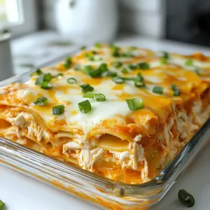 - 12 lasagna noodles - 2 cups cooked, shredded chicken - 1 cup buffalo sauce - 1 cup ricotta cheese - 2 cups shredded mozzarella cheese (divided) - 1 cup shredded cheddar cheese - 1/2 cup softened cream cheese - 1/4 cup chopped green onions - 1 tablespoon olive oil - Salt and pepper In Buffalo Chicken Lasagna, you want fresh and tasty ingredients. The lasagna noodles serve as the base. Use about 12 noodles, cooked to a perfect al dente. For the filling, I like to use 2 cups of cooked, shredded chicken. This adds protein and texture. Mix this chicken with 1 cup of buffalo sauce to bring in that spicy flavor. Cheese is key in this dish. I always use 1 cup of ricotta cheese for creaminess. Then, 2 cups of shredded mozzarella cheese gives that stretchy goodness. Add 1 cup of shredded cheddar cheese for a nice bite. Cream cheese adds richness, so use 1/2 cup of softened cream cheese. Don't forget green onions! A 1/4 cup, chopped, will add a fresh crunch. You can also spice it up with salt and pepper to taste. - Extra vegetables (spinach, bell peppers) - Different types of cheese (goat cheese, pepper jack) - Gluten-free lasagna noodles For a twist, add extra veggies like spinach or bell peppers. They boost nutrition and flavor. You can swap out cheeses too. Consider goat cheese or pepper jack for unique tastes. If you need a gluten-free option, simply use gluten-free lasagna noodles. {{ingredient_image_2}} - Preheat the oven to 375°F (190°C). - Cook the lasagna noodles according to package instructions. - Combine shredded chicken with buffalo sauce. - Blend ricotta, cream cheese, green onions, and half of the mozzarella. To make the chicken mixture, take your cooked, shredded chicken and mix it with buffalo sauce. You can adjust the spice level to your taste. Next, in another bowl, mix ricotta cheese, softened cream cheese, chopped green onions, and half of the mozzarella until it's smooth. - Grease the baking dish and layer the ingredients. - Repeat the layering process for a hearty dish. Start by greasing a 9x13 inch baking dish with olive oil. Spread a thin layer of the chicken mixture at the bottom. Place three lasagna noodles over the sauce. Next, spread half of the cheese mixture, followed by half of the buffalo chicken mixture. Add a layer of shredded cheddar cheese, and then repeat these layers until you have three layers of noodles. - Cover with aluminum foil and bake. - Remove the foil for final browning. Cover the baking dish tightly with aluminum foil. This keeps the lasagna moist while it bakes. Place it in the oven for 25 minutes. After that, carefully take off the foil and bake for another 15 minutes. This helps the cheese turn golden brown. - Let the lasagna cool before slicing. - Garnish with green onions before serving. Once the lasagna is done baking, let it cool for about 10 minutes. This helps the layers hold together. Before serving, sprinkle some chopped green onions on top for a fresh touch. Enjoy your delicious spicy buffalo chicken lasagna! - To stop lasagna noodles from sticking, add salt to boiling water. Stir them gently after adding. - Let the lasagna cool for about 10 minutes before slicing. This makes serving easier. - For a tasty garnish, drizzle extra buffalo sauce on top. Chopped herbs like parsley or cilantro add freshness too. - Serve this lasagna with a side salad or crunchy garlic bread. These sides balance the rich flavors. - If you want a different taste, try barbecue sauce instead of buffalo sauce. - For a healthier option, use low-fat cheese or whole grain noodles. You can also add more veggies for extra nutrients. Pro Tips Adjust the Spice Level: Feel free to modify the amount of buffalo sauce according to your taste. If you prefer a milder flavor, reduce the sauce or mix it with a little ranch dressing. Use Fresh Ingredients: Freshly cooked chicken and homemade sauce can elevate the flavor profile of your lasagna, making it taste even more delicious. Let It Rest: Allow the lasagna to sit for about 10 minutes after baking. This helps the layers set and makes it easier to cut and serve. Experiment with Cheeses: Try blending different types of cheeses like pepper jack or gouda for a unique twist on this dish. It adds depth and a new flavor dimension! {{image_4}} You can make this dish without meat. Use plant-based chicken or mix in your favorite vegetables. I love using spinach or bell peppers for added nutrition and flavor. This keeps the creamy textures while offering a fresh twist. You can easily swap out the chicken for about 2 cups of your chosen options. The buffalo sauce will still give it that spicy kick. If you need a gluten-free option, you can swap traditional noodles for gluten-free pasta. There are many great brands available now. Look for lasagna noodles made from brown rice or quinoa. They cook up just as well as regular noodles. You can follow the same steps and still enjoy all the flavors of this lasagna. Want more heat? Increase the buffalo sauce or add some sliced jalapeños. Mixing in chopped jalapeños gives a nice crunch and extra spice. Adjust the amount based on your heat preference. This way, you can create a dish that packs a punch! Just be careful not to add too much if you're cooking for guests. To keep your buffalo chicken lasagna fresh, let it cool first. Once cool, cover it tightly with plastic wrap or aluminum foil. You can also place it in an airtight container. If you want to freeze it, cut it into portions. Then wrap each piece securely. This way, you can enjoy a slice anytime! When you're ready to eat leftovers, use an oven for the best taste. Preheat it to 350°F (175°C). Place the lasagna in a baking dish. Add a splash of water to keep it moist. Cover the dish with foil. Bake for about 20 minutes. Remove the foil and bake for another 10 minutes. This will make the cheese nice and bubbly! In the fridge, your buffalo chicken lasagna lasts about 3 to 5 days. If you freeze it, it can last for up to 3 months. Just remember to label it with the date. This way, you can keep track of how long it’s been stored. Enjoy your delicious lasagna at its best! To tone down the heat, you can adjust the buffalo sauce. Try using less sauce or mixing it with some ranch dressing. This will help balance the spice while keeping great flavor. You can also add more cheese to help cool it down. Remember, adding more ricotta or cream cheese can make the dish creamier and less spicy. Yes, you can prepare this lasagna ahead of time. Assemble it fully and cover tightly with plastic wrap or foil. Store it in the fridge for up to 24 hours before baking. If you want to store it longer, freeze it before baking. Just make sure to thaw it overnight in the fridge before cooking. Buffalo Chicken Lasagna goes well with many side dishes. A fresh garden salad with a light dressing is perfect. You could also serve it with garlic bread or cheesy breadsticks for extra comfort. For a crunchy touch, try some crispy veggies like celery or carrots on the side. Using raw chicken is not advised for this dish. The cooking time is not long enough for raw chicken to cook safely. Instead, always use cooked, shredded chicken. You can prepare it ahead of time by boiling or baking the chicken before you start making the lasagna. Buffalo chicken lasagna delivers bold flavors in each bite. We explored ingredients, step-by-step instructions, and handy tips to perfect your dish. Plus, we discussed variations to suit different tastes and dietary needs. With creative options and simple steps, you're ready to enjoy this meal. Embrace the fun of cooking, and make this lasagna your own. You’ll impress family and friends with your tasty creation. Happy cooking!