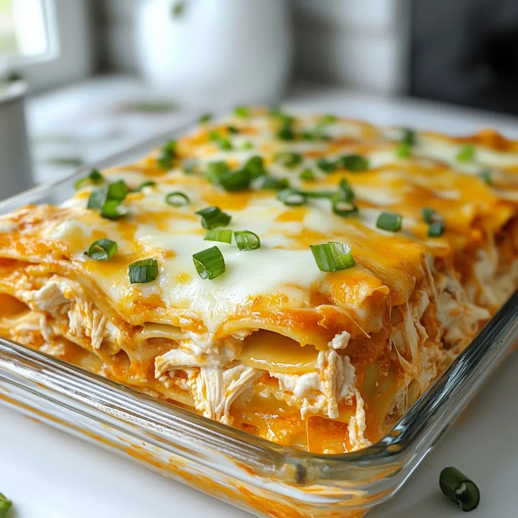 - 12 lasagna noodles - 2 cups cooked, shredded chicken - 1 cup buffalo sauce - 1 cup ricotta cheese - 2 cups shredded mozzarella cheese (divided) - 1 cup shredded cheddar cheese - 1/2 cup softened cream cheese - 1/4 cup chopped green onions - 1 tablespoon olive oil - Salt and pepper In Buffalo Chicken Lasagna, you want fresh and tasty ingredients. The lasagna noodles serve as the base. Use about 12 noodles, cooked to a perfect al dente. For the filling, I like to use 2 cups of cooked, shredded chicken. This adds protein and texture. Mix this chicken with 1 cup of buffalo sauce to bring in that spicy flavor. Cheese is key in this dish. I always use 1 cup of ricotta cheese for creaminess. Then, 2 cups of shredded mozzarella cheese gives that stretchy goodness. Add 1 cup of shredded cheddar cheese for a nice bite. Cream cheese adds richness, so use 1/2 cup of softened cream cheese. Don't forget green onions! A 1/4 cup, chopped, will add a fresh crunch. You can also spice it up with salt and pepper to taste. - Extra vegetables (spinach, bell peppers) - Different types of cheese (goat cheese, pepper jack) - Gluten-free lasagna noodles For a twist, add extra veggies like spinach or bell peppers. They boost nutrition and flavor. You can swap out cheeses too. Consider goat cheese or pepper jack for unique tastes. If you need a gluten-free option, simply use gluten-free lasagna noodles. {{ingredient_image_2}} - Preheat the oven to 375°F (190°C). - Cook the lasagna noodles according to package instructions. - Combine shredded chicken with buffalo sauce. - Blend ricotta, cream cheese, green onions, and half of the mozzarella. To make the chicken mixture, take your cooked, shredded chicken and mix it with buffalo sauce. You can adjust the spice level to your taste. Next, in another bowl, mix ricotta cheese, softened cream cheese, chopped green onions, and half of the mozzarella until it's smooth. - Grease the baking dish and layer the ingredients. - Repeat the layering process for a hearty dish. Start by greasing a 9x13 inch baking dish with olive oil. Spread a thin layer of the chicken mixture at the bottom. Place three lasagna noodles over the sauce. Next, spread half of the cheese mixture, followed by half of the buffalo chicken mixture. Add a layer of shredded cheddar cheese, and then repeat these layers until you have three layers of noodles. - Cover with aluminum foil and bake. - Remove the foil for final browning. Cover the baking dish tightly with aluminum foil. This keeps the lasagna moist while it bakes. Place it in the oven for 25 minutes. After that, carefully take off the foil and bake for another 15 minutes. This helps the cheese turn golden brown. - Let the lasagna cool before slicing. - Garnish with green onions before serving. Once the lasagna is done baking, let it cool for about 10 minutes. This helps the layers hold together. Before serving, sprinkle some chopped green onions on top for a fresh touch. Enjoy your delicious spicy buffalo chicken lasagna! - To stop lasagna noodles from sticking, add salt to boiling water. Stir them gently after adding. - Let the lasagna cool for about 10 minutes before slicing. This makes serving easier. - For a tasty garnish, drizzle extra buffalo sauce on top. Chopped herbs like parsley or cilantro add freshness too. - Serve this lasagna with a side salad or crunchy garlic bread. These sides balance the rich flavors. - If you want a different taste, try barbecue sauce instead of buffalo sauce. - For a healthier option, use low-fat cheese or whole grain noodles. You can also add more veggies for extra nutrients. Pro Tips Adjust the Spice Level: Feel free to modify the amount of buffalo sauce according to your taste. If you prefer a milder flavor, reduce the sauce or mix it with a little ranch dressing. Use Fresh Ingredients: Freshly cooked chicken and homemade sauce can elevate the flavor profile of your lasagna, making it taste even more delicious. Let It Rest: Allow the lasagna to sit for about 10 minutes after baking. This helps the layers set and makes it easier to cut and serve. Experiment with Cheeses: Try blending different types of cheeses like pepper jack or gouda for a unique twist on this dish. It adds depth and a new flavor dimension! {{image_4}} You can make this dish without meat. Use plant-based chicken or mix in your favorite vegetables. I love using spinach or bell peppers for added nutrition and flavor. This keeps the creamy textures while offering a fresh twist. You can easily swap out the chicken for about 2 cups of your chosen options. The buffalo sauce will still give it that spicy kick. If you need a gluten-free option, you can swap traditional noodles for gluten-free pasta. There are many great brands available now. Look for lasagna noodles made from brown rice or quinoa. They cook up just as well as regular noodles. You can follow the same steps and still enjoy all the flavors of this lasagna. Want more heat? Increase the buffalo sauce or add some sliced jalapeños. Mixing in chopped jalapeños gives a nice crunch and extra spice. Adjust the amount based on your heat preference. This way, you can create a dish that packs a punch! Just be careful not to add too much if you're cooking for guests. To keep your buffalo chicken lasagna fresh, let it cool first. Once cool, cover it tightly with plastic wrap or aluminum foil. You can also place it in an airtight container. If you want to freeze it, cut it into portions. Then wrap each piece securely. This way, you can enjoy a slice anytime! When you're ready to eat leftovers, use an oven for the best taste. Preheat it to 350°F (175°C). Place the lasagna in a baking dish. Add a splash of water to keep it moist. Cover the dish with foil. Bake for about 20 minutes. Remove the foil and bake for another 10 minutes. This will make the cheese nice and bubbly! In the fridge, your buffalo chicken lasagna lasts about 3 to 5 days. If you freeze it, it can last for up to 3 months. Just remember to label it with the date. This way, you can keep track of how long it’s been stored. Enjoy your delicious lasagna at its best! To tone down the heat, you can adjust the buffalo sauce. Try using less sauce or mixing it with some ranch dressing. This will help balance the spice while keeping great flavor. You can also add more cheese to help cool it down. Remember, adding more ricotta or cream cheese can make the dish creamier and less spicy. Yes, you can prepare this lasagna ahead of time. Assemble it fully and cover tightly with plastic wrap or foil. Store it in the fridge for up to 24 hours before baking. If you want to store it longer, freeze it before baking. Just make sure to thaw it overnight in the fridge before cooking. Buffalo Chicken Lasagna goes well with many side dishes. A fresh garden salad with a light dressing is perfect. You could also serve it with garlic bread or cheesy breadsticks for extra comfort. For a crunchy touch, try some crispy veggies like celery or carrots on the side. Using raw chicken is not advised for this dish. The cooking time is not long enough for raw chicken to cook safely. Instead, always use cooked, shredded chicken. You can prepare it ahead of time by boiling or baking the chicken before you start making the lasagna. Buffalo chicken lasagna delivers bold flavors in each bite. We explored ingredients, step-by-step instructions, and handy tips to perfect your dish. Plus, we discussed variations to suit different tastes and dietary needs. With creative options and simple steps, you're ready to enjoy this meal. Embrace the fun of cooking, and make this lasagna your own. You’ll impress family and friends with your tasty creation. Happy cooking!