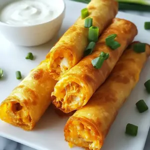 - 2 cups cooked, shredded chicken - 1/2 cup buffalo sauce - 1 cup shredded sharp cheddar cheese - 1/2 cup cream cheese The main ingredients of these taquitos are simple but bold. I use cooked, shredded chicken for that tender bite. The buffalo sauce brings the heat, but you can adjust it to your liking. I blend in sharp cheddar for that gooey, cheesy goodness and cream cheese for a rich texture. - 1/4 cup finely diced green onions - 1 teaspoon garlic powder - 1 teaspoon onion powder - 8 small tortillas - Cooking spray or olive oil For added flavor, I mix in finely diced green onions. They add freshness and a slight crunch. Garlic and onion powders boost the savory profile. I wrap everything in tortillas, which hold the filling perfectly. Finally, a bit of cooking spray or olive oil ensures the taquitos turn golden and crispy in the oven. {{ingredient_image_2}} - Preheat the Oven Start by preheating your oven to 425°F (220°C). This heat helps make the taquitos crispy. - Prepare the Filling In a big bowl, mix 2 cups of cooked, shredded chicken with 1/2 cup of buffalo sauce. Add in 1 cup of shredded sharp cheddar cheese, 1/2 cup of softened cream cheese, and 1/4 cup of finely diced green onions. Sprinkle in 1 teaspoon of garlic powder and 1 teaspoon of onion powder. Mix it well until everything blends into a creamy filling. - How to Roll Tortillas Take a clean, flat surface for rolling. Lay out a tortilla flat. Scoop 2-3 tablespoons of your chicken filling into the center of the tortilla. - Securing the Filling Roll the tortilla tightly around the filling. Make sure to fold in the sides as you roll. This keeps the filling safe inside. Repeat this with all your tortillas and filling until you have a nice stack of rolled taquitos. - Placement on Baking Sheet Place the rolled taquitos seam-side down on a baking sheet lined with parchment paper. This helps keep them from sticking. Lightly spray or brush the tops with cooking spray or olive oil. This step gives them a nice golden-brown color. - Baking Time and Temperature Bake the taquitos in your preheated oven for 15-20 minutes. Keep an eye on them towards the end to avoid burning. They should turn golden brown and crispy all over. After baking, let them cool for a few minutes before serving. Achieving Crispy Texture To get that perfect crunch, brush the taquitos with olive oil or cooking spray. This step helps them brown nicely while baking. Place them seam-side down on your baking sheet. Keep space between each taquito for even cooking. Bake at 425°F for 15-20 minutes. Watch them closely to avoid burning. Once they are golden brown, you know they are ready! Adjusting Spiciness You can control the heat in your taquitos. Start with a mild buffalo sauce if you want less spice. Mix in more buffalo sauce gradually if you like it hot. Taste your filling before rolling the taquitos. This way, you can find the right balance that suits your taste buds. Presentation Ideas Serve your taquitos on a colorful platter. You can add some chopped green onions on top for a fresh look. A sprinkle of smoked paprika can add nice color, too. Place a small bowl of ranch or blue cheese dressing next to the taquitos for dipping. This will make the dish look great and inviting. Dipping Sauce Recommendations Ranch dressing pairs well with spicy flavors. Blue cheese dressing adds a rich taste that complements the buffalo sauce. You can also try a creamy avocado dip or a zesty salsa for a twist. These options will enhance the flavors of your taquitos and keep everyone wanting more! Pro Tips Adjust the Spice Level: If you prefer a milder flavor, reduce the amount of buffalo sauce or mix in a little ranch dressing to balance the heat. Use Fresh Ingredients: For the best taste, opt for fresh green onions and high-quality cheese. Fresh ingredients can elevate the overall flavor of your taquitos. Prevent Sogginess: Make sure to bake the taquitos until they are crispy. This will help prevent them from becoming soggy and will enhance the texture. Experiment with Fillings: Feel free to customize the filling by adding other ingredients like black beans, corn, or different types of cheese for variety. {{image_4}} You can change up the protein in your taquitos. Try tofu for a plant-based twist. Beef works well too if you prefer red meat. Use shredded beef for a hearty option. If you want it to be vegan, use a mix of beans and veggies. This gives you great flavor and texture. You can also swap out the cheese. Vegan cheese melts nicely! Want to mix things up? Use different sauces. Barbecue sauce gives a sweet and smoky taste. Teriyaki sauce adds a sweet, tangy flair. Both pair well with chicken and make the dish fun! You can also change the cheese. Cheddar is sharp, but Monterey Jack is milder. Pepper Jack adds a nice kick too. Mix and match to find your favorite flavor! - Refrigeration Tips: Let your taquitos cool down first. Place them in an airtight container. They can last in the fridge for up to three days. Keep them away from moisture to maintain crispiness. - Freezing Instructions: For longer storage, freeze your taquitos. Wrap them tightly in plastic wrap, then place them in a freezer bag. They can stay fresh for up to two months. No need to thaw before cooking; you can bake them straight from the freezer. - Oven vs. Microwave: The oven is best for reheating taquitos. It keeps them crunchy. Preheat your oven to 375°F (190°C). Bake for about 10-15 minutes, until heated through. The microwave works too but may make them soggy. If you use the microwave, heat in 30-second intervals until warm. Enjoy your leftover taquitos with your favorite dip! Can I use raw chicken? No, using raw chicken is not safe for taquitos. You need to cook the chicken first. Cooked, shredded chicken gives the best flavor and texture. It ensures the filling is ready and safe to eat. How to make taquitos ahead of time? You can make taquitos ahead of time. Roll them and place on a baking sheet. Cover with plastic wrap and keep in the fridge. Bake them just before serving. This way, they stay crispy and tasty. What is the best way to roll taquitos? Lay a tortilla flat and scoop in the filling. Place it in the center, then fold the sides in. Roll tightly from the bottom to the top. Make sure the filling stays inside. This helps avoid spills during baking. How can I make them less spicy? To make taquitos less spicy, use less buffalo sauce. You can also mix in sour cream or yogurt. These will cool down the heat and add creaminess. Adjust the spice to fit your taste. Making chicken taquitos is simple and fun. You start with tasty ingredients like chicken, buffalo sauce, and cheese. Then, you prepare and roll the tortillas before baking them to a crispy finish. Remember to adjust the spice level to your liking and get creative with different fillings. Store leftovers properly for the best taste later. With these tips and variations, you can enjoy this dish at home anytime. Happy cooking!