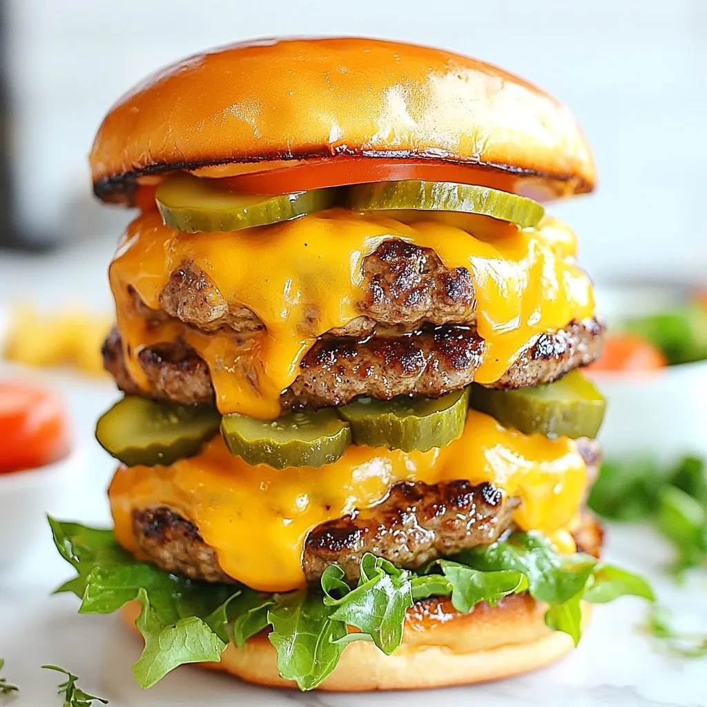 You need 1 pound of ground beef. I suggest using 80/20 beef. This mix keeps your burgers juicy. It has enough fat to give flavor, but not too much to make them greasy. For flavor, you will add a few key spices: - 1 teaspoon garlic powder - 1 teaspoon onion powder - 1 teaspoon smoked paprika - 1 teaspoon Worcestershire sauce - Salt and freshly ground black pepper to taste These spices add depth and a nice kick to the meat. The Worcestershire sauce adds umami, which makes the burgers taste even better. Mix these into the beef gently. Overmixing can make the burgers tough. Choose your favorite burger buns. You will need 4. Also, gather these toppings: - 4 slices of sharp cheddar cheese - Fresh lettuce leaves - Ripe tomato slices - Crisp pickles The cheese melts beautifully on the burger. The fresh toppings add crunch and freshness. The bun holds everything together. For a special touch, make a sauce by mixing: - 1/4 cup mayonnaise - 1 tablespoon ketchup - 1 teaspoon Dijon mustard - A dash of your favorite hot sauce This sauce brings everything to life, adding creaminess and flavor. Enjoy building your burger with these tasty ingredients! {{ingredient_image_2}} Start by grabbing a large mixing bowl. Add 1 pound of ground beef to the bowl. I like using 80/20 beef for juicy burgers. Next, sprinkle in 1 teaspoon each of garlic powder, onion powder, and smoked paprika. Pour in 1 teaspoon of Worcestershire sauce. Add salt and pepper to taste. Use your hands to mix gently. Be careful not to overwork the meat. This keeps the burgers tender and juicy. Now, divide the meat into four equal parts. Each part will be a burger patty. Shape each part into a round patty. Press a small indentation in the center of each patty. This step helps them cook evenly and keeps them from puffing up. Heat your grill or skillet over medium-high heat. Once hot, place the patties on the grill. Let them cook for about 3-4 minutes on one side. You want a nice sear before flipping them over. After flipping, put a slice of sharp cheddar cheese on each patty. Cook for another 3-4 minutes. Check that they reach your desired doneness. Use a meat thermometer if you have one. Aim for 135°F for medium-rare and 160°F for medium. While the burgers cook, toast the buns on the grill or in a pan until golden brown. Finally, assemble your burgers with sauce, lettuce, tomato, pickles, and the cheesy patty. Enjoy your juicy crack burgers! Use ground beef that is 80/20. This mix has enough fat for juicy burgers. The fat keeps the meat moist. It also gives great flavor. If you use lean beef, your burgers might dry out. Always look for fresh meat. Cook your burgers to the right temp. For medium-rare, aim for 135°F. For medium, aim for 160°F. Use a meat thermometer to check. This ensures safety and taste. Let the burgers rest for a few minutes after cooking. This helps the juices spread evenly. Don't overwork the meat when mixing. This can make your burgers tough. Shape the patties gently and make a small dent in the center. This helps them cook evenly. Also, flipping the burgers too soon can cause them to stick. Wait for a good sear before flipping. Pro Tips Use the Right Fat Content: Choosing ground beef with a fat content of 80/20 ensures your burgers are juicy and flavorful. The higher fat content helps keep the meat moist during cooking. Don't Overwork the Meat: When mixing the seasonings into the ground beef, be gentle. Overworking the meat can lead to tough burgers. Mix just until combined for that perfect bite. Create a Dimple: Make a slight indentation in the center of each patty before cooking. This helps the burgers cook evenly and prevents puffing, resulting in a more uniform shape. Toast Your Buns: Don't skip toasting the burger buns! It adds a delicious crunch and helps prevent the buns from becoming soggy when you add sauces and toppings. {{image_4}} You can switch up the cheese on your Juicy Crack Burgers. Try pepper jack for a spicy kick. Swiss cheese adds a creamy texture. If you love blue cheese, crumble some on top for bold flavor. Each cheese brings a unique taste, so feel free to experiment. Toppings can change your burger game. Instead of just lettuce, try arugula for a peppery bite. Add avocado slices for creaminess. Sautéed mushrooms bring a rich, savory touch. You can also use jalapeños for heat or coleslaw for crunch. Mix and match to find your favorite combo. The special sauce is key to flavor. You can add a teaspoon of garlic powder for more zest. A splash of BBQ sauce gives it a smoky twist. Want it sweeter? Stir in a bit of honey. Each tweak makes the sauce your own, so get creative! To keep your Juicy Crack Burgers fresh, store them in the fridge. Place any leftover burgers in an airtight container. Use them within three days for the best taste. If you have extra patties, wrap them well in plastic wrap or foil before placing them in the fridge. You can freeze these burgers to enjoy later. Wrap each uncooked patty in plastic wrap. Then, place them in a freezer bag. Be sure to label the bag with the date. Cooked burgers can also be frozen. Just let them cool completely first. They can last for up to three months in the freezer. To reheat, take the burgers out of the fridge or freezer. If they are frozen, allow them to thaw in the fridge overnight. For cooked burgers, warm them in a skillet over medium heat. Heat for about 5-6 minutes on each side until hot. If using the microwave, place the burger on a plate and cover it. Heat it for 30-60 seconds, checking often. Enjoy your juicy burgers warm and tasty! A burger is juicy when it has a good amount of fat. I recommend using ground beef with an 80/20 ratio. This means 80% lean meat and 20% fat. The fat melts as the burger cooks, keeping it moist. Adding seasonings like garlic powder and Worcestershire sauce also helps boost the flavor. Yes, you can make these burgers in the oven. Preheat your oven to 400°F. Place the patties on a baking sheet lined with parchment paper. Bake them for about 15 minutes, flipping halfway through. Add cheese on top during the last few minutes of baking. This ensures the cheese melts perfectly. To check if your burgers are done, use a meat thermometer. For a medium-rare burger, the center should reach 135°F. For medium, it should be 160°F. If you don’t have a thermometer, look for juices running clear. If the juices are pink, the burger needs more time. We covered the key ingredients for great burgers, from beef to toppings. I shared step-by-step instructions for mixing, shaping, and cooking. You learned tips to choose the right beef and avoid mistakes. We explored fun variations with cheese and sauces. Finally, I explained storage and reheating to keep your burgers fresh. Make these burgers your own! Enjoy the process and share them with others.