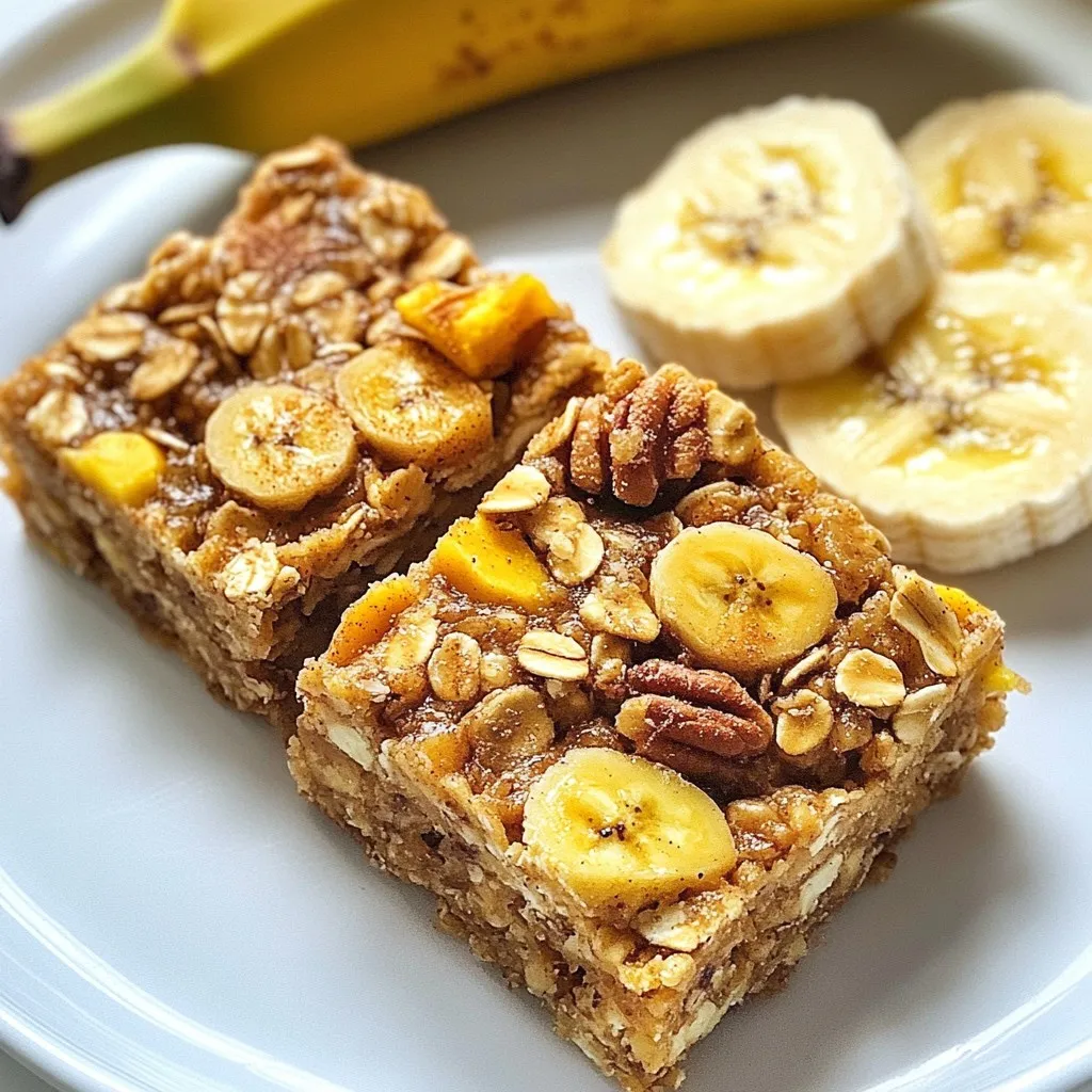 Here’s what you need for energizing banana oatmeal snack bars: - 2 ripe bananas, thoroughly mashed - 1 cup rolled oats - 1/2 cup almond butter (or substitute with peanut butter) - 1/4 cup honey or maple syrup - 1/4 cup chopped nuts (such as walnuts, almonds, or pecans) - 1/4 cup dried fruits (select from raisins, cranberries, or chopped apricots) - 1 teaspoon pure vanilla extract - 1/2 teaspoon ground cinnamon - A pinch of salt These simple ingredients make these snack bars both tasty and healthy. Ripe bananas add natural sweetness, while oats give you lasting energy. Almond butter provides healthy fats and protein. You can mix and match the nuts and dried fruits to fit your taste. Feel free to use maple syrup if you prefer a vegan option. The vanilla and cinnamon add warmth and flavor, making each bite delightful. {{ingredient_image_2}} First, set your oven to 350°F (175°C). Grab an 8x8 inch baking dish. Line it with parchment paper. Leave some paper hanging over the edges. This helps with easy removal later. In a big bowl, mash the ripe bananas well. Add the almond butter and honey. Pour in the vanilla extract too. Stir everything until it becomes smooth and blended. Next, add the rolled oats to the mix. Sprinkle in the ground cinnamon and a pinch of salt. Stir well until the dry ingredients blend into the wet mix. Then, fold in the chopped nuts and dried fruits. This adds crunch and sweetness. Make sure they spread evenly in the batter. Now, pour the banana-oat mixture into your baking dish. Use a spatula to press it down firmly. Aim for a flat, even layer. Place it in the oven and bake for 25-30 minutes. Watch for a golden brown edge and a firm center. Once baked, take it out of the oven. Let it cool in the pan for about 10 minutes. Use the parchment paper to lift the whole bar out. Set it on a wire rack to cool completely. After it cools, slice it into bars. Enjoy your tasty, energizing snack! You can easily swap out ingredients in this recipe. Here are some ideas: - Use peanut butter instead of almond butter. - Swap honey for maple syrup if you prefer. - Mix up your nuts; try cashews or pecans. - Choose any dried fruit you like, such as apricots or raisins. These changes can give you a new flavor each time you make the bars. For soft and chewy bars, use very ripe bananas. The more spots, the better! Make sure to mash them well. Mix the wet ingredients until they are smooth. When you add the dry ingredients, don’t overmix. Just combine until everything is mixed. This keeps the bars soft and moist. If you want a crunchier texture, bake them a bit longer. Just watch closely to avoid burning. To serve, cut the bars into squares or rectangles. Place them on a bright plate or a wooden board. Dust a little cinnamon on top for flair. Add fresh banana slices beside the bars to make the dish pop. You can also wrap them in parchment paper for a lovely gift. These snack bars are perfect for breakfast or a quick snack. Enjoy them with a cup of tea or coffee! Pro Tips Use Overripe Bananas: The riper the bananas, the sweeter your bars will be. Look for bananas with brown spots for optimal flavor. Experiment with Add-ins: Feel free to customize your bars by adding different seeds, nut butters, or even a sprinkle of chocolate chips for added indulgence. Storage Tips: To maintain freshness, store the bars in an airtight container in the refrigerator. They can last up to a week! Perfect Serving Size: Cut the bars into smaller pieces for a quick and easy snack on the go, or keep them larger for a satisfying treat. {{image_4}} You can mix in different flavors to make your bars unique. Try adding: - Choco chips for a sweet touch. - Coconut flakes for a tropical vibe. - Pumpkin spice for a warm flavor. - Chia seeds for extra crunch and nutrition. These add-ins can enhance both taste and texture. Feel free to be creative! You can easily adjust this recipe for different diets. For a vegan version, use: - Maple syrup instead of honey. - Nut butter like almond or sunflower seed butter. For gluten-free bars, ensure you use certified gluten-free oats. These swaps make the bars suitable for more people! You can change the size of your snack. Cut the bars larger for a filling snack or smaller for a quick bite. If you want bite-sized snacks, scoop the batter into mini muffin tins. Bake them for about 15-20 minutes. This way, you can enjoy a healthy snack anytime! To keep your Energizing Banana Oatmeal Snack Bars fresh, store them in an airtight container. Use parchment paper between layers to prevent sticking. Place the container in a cool, dry spot, away from direct sunlight. This method helps keep the bars soft and tasty. If you want to save some bars for later, freezing works great! Wrap each bar tightly in plastic wrap. Then, place them in a freezer-safe bag or container. Label the bag with the date. When you want a bar, just take one out and let it thaw at room temperature. These snack bars stay fresh for about a week at room temperature. If stored in the fridge, they last about two weeks. Frozen bars can last for up to three months. Keep an eye on them for any signs of spoilage, like off smells or changes in texture. Enjoy these bars at their best! To boost protein in your bars, add protein powder. One scoop of your favorite protein powder works well. You can also mix in Greek yogurt or cottage cheese. Try adding seeds like chia or hemp seeds for extra protein. Almonds also add both crunch and protein. You can swap honey or maple syrup for other sweeteners. Agave nectar is a good choice, as is coconut sugar. You might also try mashed dates or applesauce for a natural sweetness. Just remember, different sweeteners may change the texture a bit. Yes, you can use quick oats in this recipe. Quick oats will make the bars a bit softer. If you prefer a chewier texture, stick with rolled oats. Both options will still taste great and provide energy. The bars are done when the edges turn golden brown. The center should feel firm to the touch. You can also insert a toothpick; it should come out clean or with just a few crumbs. If you see wet batter, bake a bit longer. In this blog post, you learned how to make tasty snack bars using simple ingredients. We covered each step, from mixing the wet and dry items to baking and slicing. I shared tips for ingredient swaps and the best ways to store your bars. You can even try different flavors to fit your needs. Enjoy your fresh, healthy snack bars! With a bit of practice, you’ll master this easy recipe. Dive in, experiment, and enjoy the delicious results!