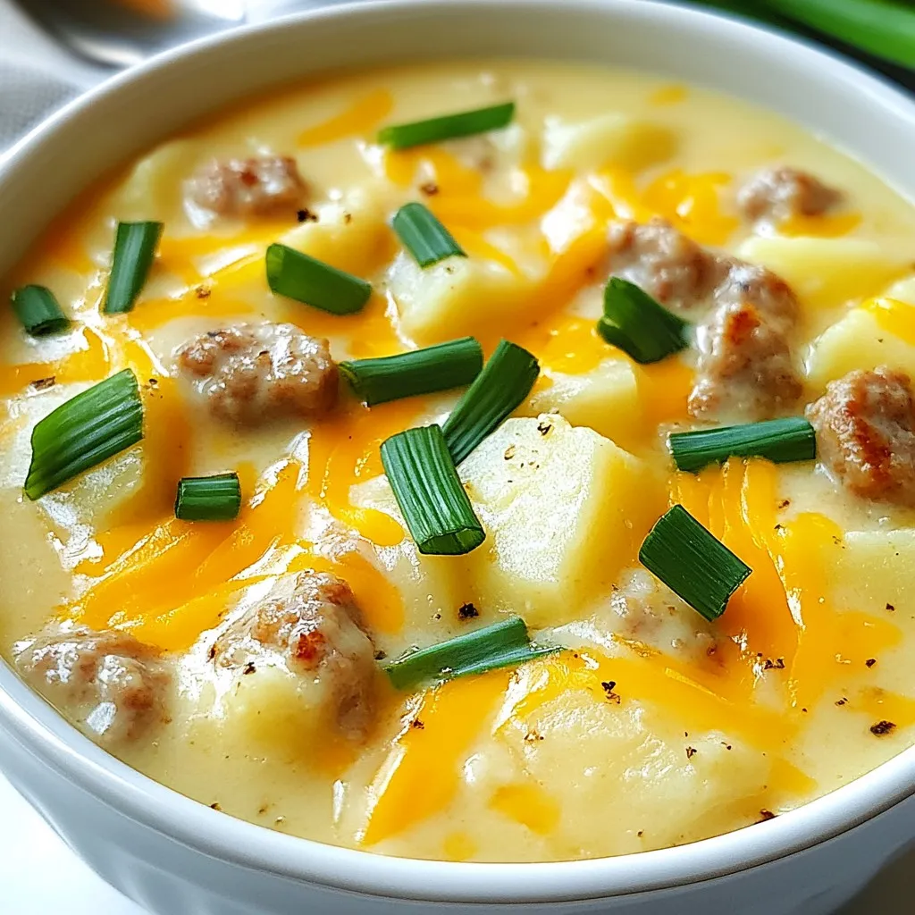 Here’s everything you need to make Cheesy Sausage Potato Soup. This list makes it easy to gather all items before you start cooking. - 1 pound Italian sausage, casing removed - 4 medium potatoes, diced into bite-sized pieces - 1 medium onion, finely chopped - 2 cloves garlic, minced - 4 cups chicken broth (preferably low-sodium) - 1 cup heavy cream - 2 cups shredded sharp cheddar cheese - 1 teaspoon dried thyme - 1 teaspoon smoked paprika - Salt and freshly ground black pepper to taste - 2 tablespoons extra virgin olive oil - 2 green onions, thinly sliced (for garnish) Each ingredient plays a key role. The Italian sausage gives rich flavor. Potatoes add heartiness and texture. Onion and garlic bring depth. Chicken broth forms the soup base. Heavy cream and cheddar make it creamy and cheesy. Seasonings like thyme and paprika add warmth and spice. Olive oil helps sauté, while green onions add a fresh touch on top. With this list, you're ready to create a comforting bowl of soup! {{ingredient_image_2}} 1. Start by heating the olive oil in a large pot over medium heat. Wait until it shimmers. 2. Now, add the chopped onion and minced garlic. Sauté them for 3-4 minutes. You want the onion to be soft and fragrant. 3. Increase the heat a bit and add the Italian sausage. Use a wooden spoon to break it into smaller pieces. Cook for 6-8 minutes until it is deep brown and fully cooked. 4. Next, mix in the diced potatoes, dried thyme, and smoked paprika. Add a good pinch of salt and pepper. Stir well so the potatoes get coated. 1. Carefully pour in the chicken broth and bring the soup to a rolling boil. 2. Once it boils, reduce the heat to low. Let it simmer for 15-20 minutes. This is when the potatoes become soft enough to pierce with a fork. 1. When the potatoes are tender, stir in the heavy cream and shredded cheddar cheese. Keep stirring until the cheese melts into a creamy soup. 2. Taste the soup and adjust the seasoning with more salt and pepper if needed. - Alternative sausage options: If you prefer a milder flavor, use chicken sausage. For a spicy kick, try chorizo. Both options work well in this soup. - Dairy-free substitutes for cream and cheese: You can swap heavy cream for coconut milk for a rich taste. Nutritional yeast can replace cheese for a cheesy flavor without dairy. - Ensuring sausage is well-cooked: Cook the sausage until it is deep brown. Use a wooden spoon to break it apart, ensuring it cooks evenly. This adds great flavor to the soup. - Tips for achieving creamy consistency: Stir in the cream and cheese slowly. This way, they melt evenly, making the soup rich and smooth. If it seems too thick, add a splash of broth. - Garnishing with green onions: Slicing green onions adds color and freshness. Sprinkle them on top right before serving for a bright finish. - Best serving suggestions with sides: Serve this soup in sturdy bowls. Pair it with crusty bread or warm rolls. They help soak up the creamy goodness and make the meal more filling. Pro Tips Use Fresh Ingredients: Fresh potatoes and quality sausage will elevate your soup’s flavor significantly. Opt for locally sourced ingredients when possible. Adjust the Thickness: If you prefer a thicker soup, mash some of the potatoes against the side of the pot before adding the cream and cheese. Cheese Choices: Feel free to experiment with different types of cheese. Gruyère or Monterey Jack can add unique flavors to your soup. Make Ahead: This soup can be made ahead of time and stored in the refrigerator. The flavors will deepen as it sits, making it even more delicious the next day! {{image_4}} You can make Cheesy Sausage Potato Soup even better by adding fresh veggies. Good choices are: - Carrots, diced small - Spinach or kale, chopped - Corn, frozen or fresh - Bell peppers, diced Each veggie adds flavor and texture. They also boost the soup’s nutrition. For spices, try these to enhance the taste: - A pinch of cayenne for heat - A dash of oregano for warmth - Fresh herbs like parsley or basil for brightness These spices give your soup a unique twist. Mixing in these options keeps your meal exciting. If you need gluten-free options, make sure to use gluten-free sausage. Check the broth too. Many brands are gluten-free. For a low-fat version, swap heavy cream for: - Reduced-fat milk - Unsweetened almond milk - Half-and-half You can also use less cheese. This still keeps the soup creamy, just lighter. These changes make it fit your needs without losing flavor. After you enjoy your Cheesy Sausage Potato Soup, store any leftovers in an airtight container. This keeps the soup fresh for up to four days in the fridge. When reheating, use a pot on medium heat. Stir often to warm it evenly. You can also microwave it, but cover the bowl to prevent splatters. Heat it until hot, then enjoy it again! If you want to save the soup for later, freezing is a great option. Let the soup cool completely before you freeze it. Use freezer-safe containers or bags, leaving some space at the top for expansion. The soup lasts up to three months in the freezer. To defrost, move it to the fridge overnight. You can also use the microwave for quick thawing. After thawing, reheat as mentioned before for best results. You can add some heat by using spicy sausage. You can also mix in red pepper flakes or diced jalapeños. If you want more heat, add a dash of hot sauce while cooking. Adjust the spice level to suit your taste. Yes, Yukon Gold potatoes work well in this soup. They have a creamy texture and cook nicely. Their flavor blends well with the sausage and cheese. Feel free to use them instead of regular potatoes. This soup pairs well with crusty bread or warm dinner rolls. You can also serve it with a light salad for balance. A sprinkle of fresh herbs on top adds a nice touch too. These sides make your meal more filling. If your soup is too thin, you can mash some of the potatoes. This will make the soup thicker without changing the flavor. You can also add a bit more cheese or cream for extra thickness. Just stir it in until you reach the desired consistency. This blog post covered how to make a hearty Cheesy Sausage Potato Soup. We looked at the ingredients, step-by-step cooking instructions, tips for success, variations to try, and storage methods. Now, you have all the tools to create this delicious dish. Remember, you can change ingredients to suit your taste. Enjoy making this recipe and sharing it with others. It’s a comforting meal for any time of year. Happy cooking!