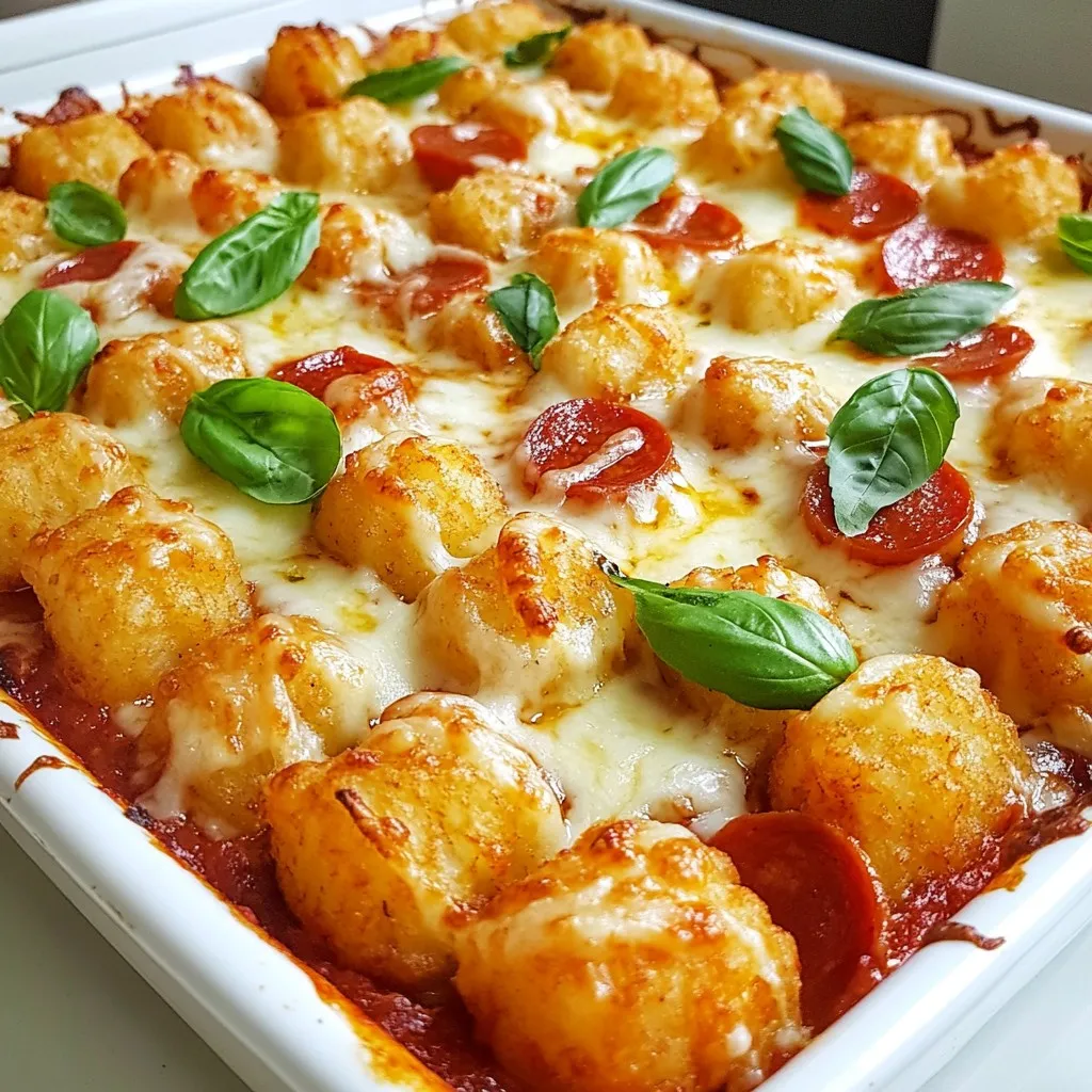 To make Tater Tot Pizza Casserole, you need a few main ingredients. Each one adds a special touch to the dish. Here’s what you’ll need: - 1 lb ground beef or turkey - 1 small onion, finely chopped - 2 cloves garlic, minced - 1 can (15 oz) pizza sauce - 1 teaspoon Italian seasoning - 1 cup sliced pepperoni - 2 cups shredded mozzarella cheese - 1 bag (about 32 oz) frozen tater tots - 1/2 cup grated Parmesan cheese - Salt and pepper to taste - Fresh basil leaves for garnish (optional) These ingredients come together to create a rich and tasty casserole. The ground meat gives a hearty base, while the pizza sauce adds flavor. The pepperoni and cheese create that classic pizza taste. Tater tots on top provide a crispy finish that everyone loves. You can add fresh basil at the end for a pop of color and flavor. This recipe is simple but packed with deliciousness. {{ingredient_image_2}} 1. Preheat your oven to 425°F (220°C). This helps cook the casserole evenly. 2. Chop one small onion finely. This will add flavor to the meat mixture. 3. Mince two cloves of garlic. Garlic gives a nice aroma and taste to the dish. 1. In a large skillet, cook one pound of ground beef or turkey over medium heat. Brown the meat for about 6-8 minutes. Make sure it is no longer pink. 2. Drain any excess fat from the skillet to keep your dish lean and healthy. 3. Add the chopped onion and minced garlic to the skillet. Sauté this mixture for about 3-4 minutes until the onion turns soft and clear. 4. Pour in one can of pizza sauce and add one teaspoon of Italian seasoning. Season with salt and pepper to taste. Let it simmer for 5 minutes. This helps all the flavors mix well. 1. Lightly grease a 9x13 inch baking dish. This keeps the casserole from sticking. 2. Spread the meat and sauce mixture evenly in the baking dish. This forms a tasty bottom layer. 3. Layer sliced pepperoni over the meat mixture. Make sure it is spread out evenly. 4. Sprinkle one cup of shredded mozzarella cheese on top of the pepperoni. This cheese melts and adds creaminess. 5. Carefully arrange frozen tater tots in a single layer over the cheese. It’s okay if they overlap a little. 6. Add the remaining mozzarella cheese evenly on top of the tater tots. This ensures a cheesy topping. 7. Finish with half a cup of grated Parmesan cheese for extra flavor. 1. Place the casserole in the preheated oven. Bake for 25-30 minutes. 2. Keep an eye on it. Look for the tater tots to turn a golden brown color. 3. The cheese should be bubbly and delicious. This means it’s ready to eat! 4. After baking, let the casserole cool for about 5 minutes. This helps it firm up for slicing. 5. If you like, garnish with fresh basil leaves for a pop of color and flavor. - Always cook the meat until it is fully brown. This makes sure it's safe to eat. - After browning the meat, drain the fat. This helps keep your dish leaner and tastier. - For even cooking, layer the ingredients well. Start with the meat, then cheese, and finish with tater tots. - To get crispy tater tots, spread them in a single layer. If they overlap, don’t worry; they will still turn out tasty. - Serve the casserole with fresh basil on top. This adds a nice color and flavor. - Pair it with a side salad. This gives a refreshing touch and balances the meal. Pro Tips Use Lean Meat: Opt for lean ground beef or turkey to reduce excess fat and calories while keeping the dish flavorful. Fresh Garlic is Key: Always use fresh minced garlic instead of pre-packaged to enhance the aromatic flavors of the casserole. Customize Your Toppings: Feel free to add other favorite pizza toppings like mushrooms, bell peppers, or olives for a personalized touch. Let it Rest: Allow the casserole to cool for a few minutes before slicing to ensure cleaner cuts and better presentation. {{image_4}} If you want to switch up the meat, use ground turkey. It’s lean and tasty. You can also try ground chicken for a lighter option. For those who prefer a meatless meal, use a mix of beans and lentils. They add protein and flavor without meat. To add more flavor, consider adding chopped bell peppers or mushrooms. These veggies bring color and taste. You can also use different cheeses. Try cheddar for a sharper flavor or a blend of cheeses for extra creaminess. For a gluten-free dish, look for gluten-free tater tots. They are just as crispy and delicious. If you are on a low-carb diet, use cauliflower tots instead. They offer a great base and lower the carbs in your meal. To keep your Tater Tot Pizza Casserole fresh, store leftovers in an airtight container. Place it in the fridge within two hours of baking. This helps to prevent bacteria growth. Use a shallow dish for quick cooling. Make sure to cover it tightly to avoid drying out. You can easily freeze Tater Tot Pizza Casserole. First, let it cool completely. Cut it into portions for easier thawing later. Wrap each piece in plastic wrap, then place them in a freezer bag. Squeeze out as much air as you can before sealing. For best taste, eat within three months. When you're ready to eat, thaw the casserole overnight in the fridge. To reheat, place it in the oven at 350°F (175°C) for about 20-25 minutes. Cover with foil to keep it moist. Check that it's hot all the way through before serving. In the fridge, leftovers last about 3-4 days. Make sure to eat them during this time for the best flavor and safety. If you freeze it, aim to enjoy it within three months. While it may last longer, quality may decline after that. Always check for any signs of spoilage, like off smells or changes in texture. To make Tater Tot Pizza Casserole vegetarian, swap the meat for veggies. You can use mushrooms, bell peppers, or spinach. Add a can of drained black beans for extra protein. This mix keeps the dish hearty and tasty. Follow the same steps as the meat version. Just sauté the veggies until soft before adding them to the sauce. Yes, you can use different types of meat. Ground turkey works well if you want a leaner option. You might also try ground chicken or sausage for a different flavor. Just cook the meat until no longer pink. Then, follow the steps in the recipe. Feel free to mix in different spices to match your taste. Tater Tot Pizza Casserole pairs nicely with a side salad. A simple green salad adds freshness to the meal. You can also serve garlic bread or breadsticks for extra fun. For drinks, try soda or lemonade. Both add a nice touch to this casual dinner. Tater Tot Pizza Casserole takes about 25 to 30 minutes to bake. You want the tater tots to be golden brown and crispy. Check the cheese, too. It should be bubbly and melted. After baking, let it cool for about 5 minutes. This makes it easier to slice and serve. This blog post shared a simple and fun recipe for Tater Tot Pizza Casserole. We covered the key ingredients, how to prep and cook, and tips for perfecting your dish. Vary the recipe with substitutions or enhance flavors to suit your taste. Storing leftovers is easy, and you can freeze extra servings for later. Enjoy your delicious casserole and impress your friends and family with this treat. Cooking can be simple and satisfying!