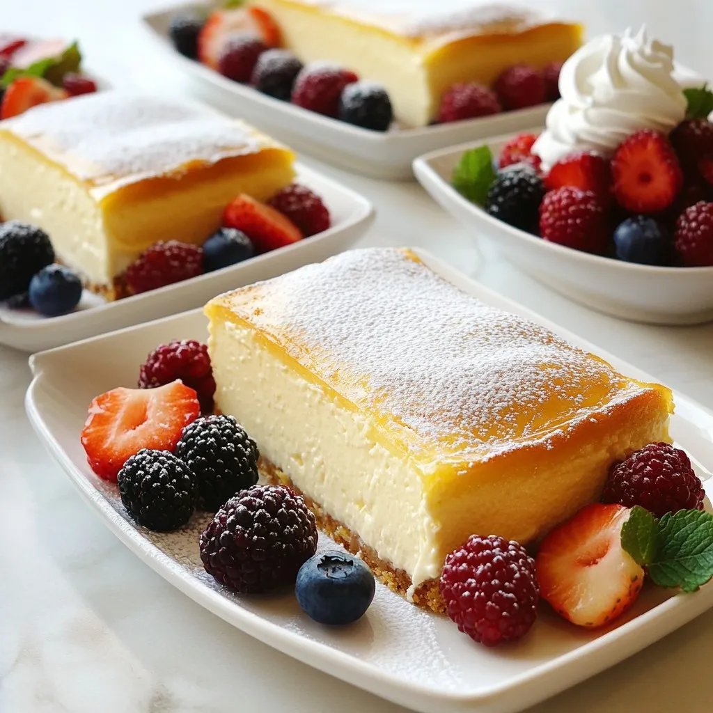 - 400g cream cheese, softened to room temperature - 200g Greek yogurt, plain - 150g granulated sugar - 3 large eggs, at room temperature - 2 tablespoons cornstarch - 1 tablespoon fresh lemon juice - 1 teaspoon pure vanilla extract - 1/2 teaspoon fine sea salt - 120ml heavy cream The ingredients for the Basque cheesecake loaf are key to its rich flavor. Start with cream cheese, as it gives the cheesecake its creamy texture. Use Greek yogurt for a tangy taste and extra creaminess. Granulated sugar sweetens the mix, balancing the flavors perfectly. Next, you'll need three large eggs. They help the cheesecake set and hold its shape. Cornstarch is crucial for texture, giving the cheesecake a smooth bite. Fresh lemon juice adds brightness, while vanilla extract enhances the overall taste. A pinch of fine sea salt rounds out the flavors. Finally, heavy cream adds richness and makes the batter silky. Each ingredient plays a vital role, so choose quality products for the best results! 1. Preheat your oven to 200°C (400°F). This step warms the oven for even baking. 2. Line a 9x5 inch loaf pan with parchment paper. Leave some paper hanging over the edges. This makes for easy removal later. 1. In a large mixing bowl, combine 400g of softened cream cheese, 200g of plain Greek yogurt, and 150g of granulated sugar. Use an electric mixer. Beat on medium speed for 2-3 minutes. Your mixture should be smooth and lump-free. 2. Next, add 3 large eggs one at a time. Blend well after each egg. This helps to mix everything evenly. 3. Now, sift 2 tablespoons of cornstarch over the mixture. Add 1 tablespoon of fresh lemon juice, 1 teaspoon of pure vanilla extract, and 1/2 teaspoon of fine sea salt. Mix gently until just combined. Be careful not to overmix. 4. Slowly pour in 120ml of heavy cream while mixing on low speed. Keep mixing until the batter is smooth and silky. 1. Carefully transfer the cheesecake batter into the prepared loaf pan. Gently tap the pan on the countertop a few times. This releases any trapped air bubbles. 2. Place the loaf pan in the preheated oven. Bake for 40-50 minutes. The top should be a rich golden brown. The center will still jiggle slightly when shaken. 3. Once baked, turn off the oven and crack the door open a bit. Let the loaf cool slowly inside for about 30 minutes. This helps prevent cracks from forming. 4. After cooling in the oven, remove the cheesecake. Let it cool to room temperature on a wire rack. Cover it and refrigerate for at least 4 hours, or overnight, to set completely. - Avoiding overmixing When you mix the batter, do it gently. Overmixing adds too much air. This can lead to cracks when baking. Mix just until everything is combined. This will help your cheesecake stay smooth and creamy. - Ensuring proper cooling After baking, let the loaf cool slowly in the oven. This step is key. It helps prevent cracks. Open the oven door slightly for about 30 minutes. Then, let it cool to room temperature on a wire rack. Finally, chill it in the fridge for at least four hours. For best results, chill overnight. - Presentation ideas For a lovely presentation, slice the cheesecake into even pieces. Place each slice on a decorative plate. Dust them lightly with powdered sugar. Add fresh berries or a dollop of whipped cream on top. These simple touches make your dessert look special. - Pairing recommendations This cheesecake goes well with many flavors. Try pairing it with a fruit compote or a drizzle of caramel sauce. A cup of coffee or a sweet dessert wine works nicely too. These pairings enhance the rich flavor of the cheesecake. {{image_4}} Citrus infusion You can add a fresh twist to your Basque cheesecake loaf by infusing citrus flavors. Simply mix in the zest of one lemon or orange to the batter. This brightens the dish and adds a pop of flavor. You can also use lime zest for a tangy kick. The citrus will balance the creaminess and make each bite refreshing. Chocolate swirl options If you love chocolate, try adding a swirl to your cheesecake. Melt about 100g of dark chocolate and let it cool slightly. When you pour the batter into the loaf pan, drizzle the melted chocolate on top. Use a knife to swirl it into the batter. This adds a rich chocolate flavor that pairs well with the creamy cheesecake. Low-sugar alternatives For a healthier option, you can reduce the sugar. Replace granulated sugar with a natural sweetener like stevia or monk fruit sweetener. Just remember to follow the conversion instructions on the packaging to match the sweetness of sugar. This keeps the dessert tasty without the extra calories. Dairy-free substitutions To make this cheesecake loaf dairy-free, swap the cream cheese and heavy cream with vegan alternatives. Look for dairy-free cream cheese made from nuts or soy. Use full-fat coconut milk instead of heavy cream. These substitutes will still give you a creamy texture and rich taste. To keep your Basque cheesecake loaf fresh, store it properly. - Refrigerating leftovers: Place any leftover slices in an airtight container. This keeps the cheesecake moist and tasty. You can also cover the loaf with plastic wrap. Store it in the fridge for easy access. - Freezing options: If you want to save some for later, freezing is great. Wrap slices in plastic wrap, then place them in a freezer bag. This helps avoid freezer burn. You can also freeze the whole loaf wrapped tightly. Knowing how long your cheesecake will last helps you enjoy it at its best. - Duration in fridge: When stored correctly, your cheesecake will last about 3 to 5 days in the fridge. Always check for signs of spoilage before you eat. - Duration in freezer: If you freeze it, your Basque cheesecake can stay good for about 2 to 3 months. For the best taste, try to eat it sooner rather than later. Can I use different types of cheese? Yes, you can! While cream cheese is the star of this recipe, you can mix in other cheeses. Mascarpone adds a rich taste. Ricotta can also work, but it may change the texture. Just keep the total amount close to 400g. How long should I bake it if I use a different pan size? Baking time changes with pan size. If you use a smaller pan, check at 30-35 minutes. For larger pans, it may take longer, about 50-60 minutes. Always look for that golden top and slight jiggle in the center. What can I serve with Basque Cheesecake Loaf? This cheesecake loaf is delicious on its own. You can serve it with fresh berries like strawberries or blueberries. A sprinkle of powdered sugar or a dollop of whipped cream also works well. For extra flavor, try drizzling honey or a fruit sauce on top. You can easily make a delicious Basque Cheesecake Loaf with just a few steps. We discussed key ingredients like cream cheese, Greek yogurt, and eggs. Then, I shared simple instructions for mixing and baking. Don't forget the tips for the perfect texture and fun variations to try. Proper storage helps keep leftovers fresh. With these insights, you can create a delightful dessert that impresses everyone. Enjoy your baking journey and share your tasty results!