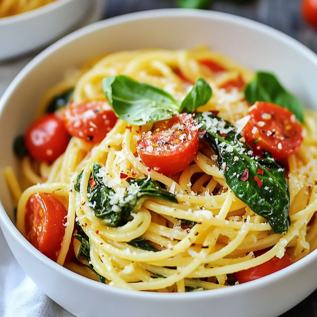 - 250g pasta of your choice (spaghetti or penne recommended) - 2 cups fresh spinach, thoroughly washed and roughly chopped - 2 medium-sized ripe tomatoes, diced into small pieces - 1 small onion, finely chopped - 2 cloves garlic, minced - 1 tablespoon extra virgin olive oil - 1 teaspoon dried oregano - 1/2 teaspoon red chili flakes (optional, for heat) - Sea salt and freshly cracked black pepper to taste - A handful of fresh basil leaves for garnish - Grated Parmesan cheese (optional, for a savory finish) Now, let’s talk about the ingredients for this dish. First, you need pasta. I love using spaghetti or penne. Both work well and cook nicely. You will need 250 grams of your chosen pasta. Next, fresh spinach is a must. Use about 2 cups. Make sure to wash it well and chop it roughly. Fresh spinach adds a bright green color and a nice taste. You also need ripe tomatoes. Two medium-sized tomatoes will do the trick. Dice them into small pieces. These juicy tomatoes bring sweetness and flavor to the dish. Don’t forget the onion and garlic. Use one small onion, finely chopped, and two cloves of minced garlic. They add depth and aroma to the dish. Olive oil is important too. One tablespoon of extra virgin olive oil will help sauté the onions and garlic. It adds a lovely richness. For flavor, you will want one teaspoon of dried oregano. This herb goes well with tomatoes and spinach. If you like a bit of heat, add half a teaspoon of red chili flakes. Lastly, season the dish with sea salt and freshly cracked black pepper. Use these to taste. For garnish, add some fresh basil leaves. They give a lovely touch. If you like cheese, sprinkle some grated Parmesan on top. Gather all these ingredients, and you are ready to create a wonderful Spinach Tomato Pasta! {{ingredient_image_2}} Start with a large pot. Fill it with water and add a good amount of salt. This step helps flavor the pasta. Bring the water to a rolling boil before adding your pasta. I like to use spaghetti or penne. Cook the pasta according to the package time until it is al dente. Al dente means it should be firm but not hard. Just before draining, take out half a cup of the pasta water. This water can help make your sauce creamy later. Drain the pasta and set it aside. Next, grab the same pot or a large skillet. Pour in the olive oil and heat it on medium. Add the finely chopped onion and cook for about 2 to 3 minutes. You want it to be soft and see-through. Then, toss in the minced garlic. Cook it for about a minute. The smell should be amazing by now! It’s time to add the diced tomatoes. Cook them for about 5 minutes. This helps them break down and mix with the onion and garlic. After the tomatoes soften, fold in the chopped spinach. Also, add the dried oregano and red chili flakes if you want some heat. Season with salt and pepper. Cook everything for an additional 2 to 3 minutes until the spinach wilts. Now, turn the heat down to a gentle simmer. Add the drained pasta to the skillet with the tomato and spinach mix. Toss everything together well. If the sauce looks dry, add some reserved pasta water bit by bit. You want a light and silky sauce that coats the pasta nicely. Taste your dish. Adjust the salt and pepper if needed. Serve the pasta in deep bowls. For a pretty touch, add fresh basil leaves on top. You can also sprinkle grated Parmesan cheese if you like. Enjoy your delicious creation! To choose the best tomatoes, look for ripe and firm ones. They should have a shiny skin. Fresh tomatoes have the best taste. If you want a richer flavor, try using San Marzano tomatoes. They are sweet and juicy! To enhance flavor, add some spices. Dried oregano brings warmth. Red chili flakes add heat, but use them sparingly. Fresh basil gives a nice aroma. You can even squeeze some lemon for brightness. For storage, use airtight containers. Glass or plastic works well. Make sure to cool the pasta before sealing. This keeps it fresh longer. When reheating, add a splash of water. This helps the pasta stay moist. Heat it on low on the stove or in the microwave. Stir it well to mix in any added water. Prepping ingredients in advance saves time. Chop the onions and garlic the night before. You can also dice the tomatoes ahead of time. Store them in the fridge for quick use. For quick weeknight meals, cook the pasta and sauce ahead. Then, just mix and heat when ready to eat. You can also make a double batch for easy lunches. Pro Tips Use Seasonal Vegetables: Incorporating seasonal vegetables not only enhances flavor but also adds nutritional value to your dish. Consider adding bell peppers or zucchini for variety. Perfect Pasta Cooking: Always cook pasta in a large pot with plenty of salted water to ensure even cooking. This helps the pasta to be flavorful and prevents it from sticking together. Reserve Pasta Water: Remember to save some pasta cooking water before draining. This starchy water can be used to adjust the sauce consistency and help it adhere to the pasta. Fresh Herbs for Flavor: Adding fresh herbs like basil or parsley at the end of cooking brightens up the dish. They provide a burst of flavor that dried herbs can't match. {{image_4}} You can switch up the greens in this dish. Kale or arugula works great. They add a different taste and texture. If you do not have Parmesan cheese, try mozzarella or feta. These can give a nice twist to the dish. Want to make it heartier? Add protein! Grilled chicken or shrimp makes it filling. You can also use tofu for a plant-based option. Toss in more veggies like bell peppers or zucchini for extra nutrients. They blend well and boost the flavor. For a gluten-free meal, use gluten-free pasta. There are many options available now, and they taste great. If you need a vegan dish, skip the cheese or use a plant-based alternative. You can also use olive oil instead of butter for sautéing. This keeps the dish light and healthy. For a delightful meal, consider serving your spinach tomato pasta with a fresh salad. A simple green salad with a light vinaigrette works wonders. You can also pair it with crusty bread. This helps to soak up any leftover sauce. When it comes to drinks, a chilled white wine like Sauvignon Blanc is great. If you prefer non-alcoholic options, try a refreshing mocktail. A mix of sparkling water and fresh lemon juice will complement the dish nicely. Presentation makes a meal even more special. Serve the pasta in wide, shallow bowls. This allows the colors to pop. For a creative touch, sprinkle crushed red pepper flakes on top. It adds heat and visual interest. Do not forget the garnishes! Fresh basil leaves not only enhance flavor but also brighten the dish. A sprinkle of grated Parmesan cheese adds a savory finish. Use colorful garnishes to make your plate stand out. Your guests will love it! How can I make this dish vegan? To make this dish vegan, skip the Parmesan cheese. You can use nutritional yeast for a cheesy flavor. Replace olive oil with a plant-based option if needed. Can I use frozen spinach instead of fresh? Yes, you can use frozen spinach. Thaw it and drain excess water before adding it to the dish. This will help keep your pasta from getting too watery. What are the best types of pasta to use? Spaghetti and penne are great options. Both hold the sauce well. You can also try gluten-free pasta if you prefer. How do I store leftovers properly? Store leftovers in an airtight container. Keep them in the fridge for up to three days. Reheat gently on the stove, adding a bit of water if needed. Can I make this recipe ahead of time? Yes, you can prep the sauce ahead of time. Cook the pasta fresh when you're ready to eat. This way, the pasta stays firm and tasty. This blog post showed you how to make a simple spinach tomato pasta. We explored the best ingredients and shared step-by-step cooking tips. You learned how to sauté, combine, and serve your dish beautifully. By following these easy methods, you can enjoy a tasty meal any night. Don't forget to try different variations and pairings to keep it exciting. Cooking can be fun and satisfying, so get started and make your own delicious pasta dish!