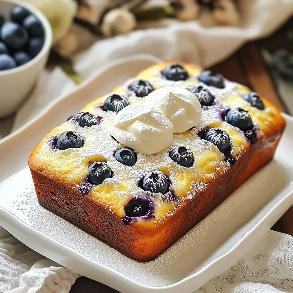 To make Blueberry Cream Cheese Bread, gather these simple ingredients: - 2 cups all-purpose flour - 1 cup fresh or frozen blueberries - 1/2 cup granulated sugar - 1/2 teaspoon baking powder - 1/2 teaspoon baking soda - 1/4 teaspoon salt - 1/2 cup unsalted butter - 1 package (8 oz) cream cheese - 2 large eggs - 1 teaspoon pure vanilla extract - 1/2 cup Greek yogurt - Zest of 1 lemon These ingredients work together to create a moist, flavorful bread. The blueberries add a burst of sweetness, while the cream cheese makes it rich and creamy. The lemon zest brings a nice, fresh touch. You can use fresh blueberries or frozen ones. If you choose frozen, make sure to thaw and drain them first. This way, your bread won’t turn too wet. Each ingredient plays a role in giving the bread its delightful taste and texture. {{ingredient_image_2}} - Preheat oven to 350°F (175°C) - Prepare the loaf pan Start by turning your oven on to 350°F. This heat gives the bread a nice rise. Next, take a 9x5-inch loaf pan. Grease it with butter or cooking spray. Then, dust it lightly with flour. This step helps the bread come out easily after baking. - Combine all-purpose flour, baking powder, baking soda, and salt In a medium bowl, mix together your dry ingredients. This includes 2 cups of all-purpose flour, 1/2 teaspoon of baking powder, 1/2 teaspoon of baking soda, and 1/4 teaspoon of salt. Whisk them well to combine. This mix forms the base of your bread. - Use an electric mixer to blend until smooth In a large bowl, cream together 1/2 cup of softened butter and 8 oz of softened cream cheese. Use an electric mixer on medium speed. Mix for about 2-3 minutes until it's smooth and fluffy. This mix adds a rich flavor to your bread. - Gradually add sugar and eggs one at a time Now, slowly add in 1/2 cup of granulated sugar. Keep mixing until the sugar is well blended. Next, crack in 2 large eggs, one at a time. Mix well after each egg. This ensures the eggs are fully mixed in, giving the bread a nice texture. - Mix in vanilla extract and lemon zest Add 1 teaspoon of pure vanilla extract and the zest of 1 lemon. Stir them in until combined. These flavors brighten up the bread and make it smell amazing. Then, add 1/2 cup of plain Greek yogurt. This adds moisture and keeps the bread soft. - Alternate adding dry ingredients and Greek yogurt Now, it's time to combine everything. Alternate adding the dry mix and Greek yogurt to the wet ingredients. Start with a third of the dry mix. Stir gently, then add half the yogurt. Repeat this until all ingredients are combined. Be careful not to overmix to keep the bread fluffy. - Carefully mix in blueberries to prevent overmixing Gently fold in 1 cup of fresh or thawed blueberries with a spatula. Make sure to do this carefully. You want to keep the blueberries whole for bursts of flavor in every bite. - Pour batter into pan and bake for 55-65 minutes Pour the batter into the loaf pan. Smooth the top with a spatula. Place the pan in your preheated oven. Bake for 55-65 minutes. Check with a toothpick to see if it comes out clean or with a few crumbs. - Allow to cool before slicing Once baked, take the loaf out of the oven. Let it cool in the pan for about 10 minutes. Then, transfer it to a wire rack to cool completely before slicing. This cooling step is key for great texture. - Always ensure your ingredients are at room temperature. This helps them blend better. - To check doneness, insert a toothpick into the center of the bread. If it comes out clean, it's done. If it has wet batter, bake it longer. - For a beautiful presentation, slice the bread and serve it warm. - Add a dollop of whipped cream on top for extra flair. A light dusting of powdered sugar adds sweetness. - Pair the bread with a handful of fresh blueberries for a burst of flavor. - Avoid overmixing the batter. This can make the bread tough. Mix gently to keep it light. - Ensure you prepare the pan well. Grease it with butter or spray, then dust with flour. This helps the bread release easily after baking. Pro Tips Choose Fresh Berries: Using fresh blueberries will enhance the flavor and texture of your loaf. If using frozen berries, make sure they are completely thawed and drained to prevent excess moisture. Room Temperature Ingredients: Ensure your butter, cream cheese, and eggs are at room temperature. This helps achieve a smooth batter and better rise. Don’t Overmix: When incorporating the flour mixture and yogurt, mix until just combined. Overmixing can lead to a dense loaf instead of a light and fluffy texture. Cool Before Slicing: Allow the loaf to cool completely on a wire rack before slicing. This helps set the crumb and prevents it from becoming gummy. {{image_4}} You can easily make this bread gluten-free. Here are a few good flour substitutes: - Almond flour - Coconut flour - Gluten-free all-purpose flour Each of these options gives a nice texture. Just make sure to adjust the liquid if needed. You can also switch up the fruits or flavors. Here are some ideas to try: - Raspberries or strawberries for a different taste - Chopped nuts like walnuts or pecans for crunch - A splash of lemon juice for extra zest Using flavored yogurt can add a fun twist too. Try vanilla or lemon yogurt for added flavor. Get creative with how you serve this bread. Here are some fun ideas: - Slice the bread warm and top it with whipped cream. - Dust with powdered sugar for a sweet touch. - Serve with fresh blueberries on the side for added flavor. These simple touches can make your Blueberry Cream Cheese Bread even more delightful! Store your Blueberry Cream Cheese Bread at room temperature. Place it in an airtight container. This keeps the bread fresh and moist. If you don't have a container, wrap it tightly in plastic wrap. It will stay good for about 2-3 days on the counter. For longer storage, freeze the bread. First, let it cool completely. Then, wrap it tightly in plastic wrap. You can also use aluminum foil for extra protection. Place the wrapped bread in a freezer bag or airtight container. It can stay fresh in the freezer for up to three months. The bread's best practice shelf life is about 2-3 days at room temperature. If frozen, it lasts about three months. When you are ready to eat, thaw it overnight in the fridge. For best flavor, reheat slices in the toaster or oven. Enjoy the fresh taste as if it were just baked! Yes, you can use frozen blueberries! Just remember to thaw and drain them first. This helps avoid excess moisture in your bread. Frozen berries may burst more than fresh ones. So, fold them in gently to keep your bread looking great. Look for a few signs to check if the bread is done. The top should be golden brown and springy to the touch. Insert a toothpick into the center; if it comes out clean or with a few moist crumbs, it’s ready. If it has wet batter on it, give it more time. Yes, you can prepare this bread ahead of time! You can mix the batter and store it in the fridge for up to 24 hours. However, for the best taste, I recommend baking it fresh. If you have leftovers, you can store them for later. This bread pairs well with many things! You can serve it with whipped cream or a dollop of yogurt. For a fruity twist, add a side of fresh berries. A cup of tea or coffee also goes great with it. Enjoy it any time of day! You learned how to make Blueberry Cream Cheese Bread, from ingredients to storage tips. Remember to mix your ingredients carefully to avoid overmixing and ensure a great texture. Try different fruits or yogurt flavors to make it your own. Proper storage will keep your bread fresh longer. Bake this special treat and enjoy it with family or friends. Happy baking!