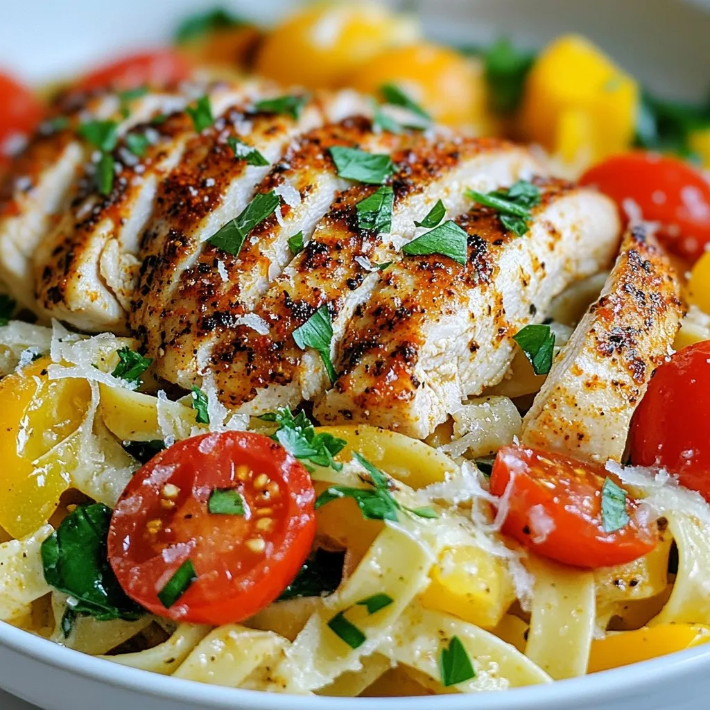 - 2 boneless, skinless chicken breasts - 2 tablespoons Cajun seasoning - 8 oz fettuccine pasta - 1 cup heavy cream - 1 cup cherry tomatoes - 1 bell pepper (red or yellow) - 1 small onion - 2 cloves garlic - 1 cup fresh spinach leaves - Salt and pepper to taste - Fresh parsley and Parmesan for garnish What is Cajun seasoning? Cajun seasoning is a blend of spices. It adds bold flavor and a bit of heat. You can buy it pre-made or mix your own. Common spices include paprika, cayenne, garlic powder, and onion powder. This seasoning is key for the dish's signature taste. Why fettuccine pasta? Fettuccine is flat and wide. This shape holds the creamy sauce well. It gives each bite a rich, satisfying texture. You can use other pasta, but fettuccine is the best choice for this recipe. What role does heavy cream play? Heavy cream makes the sauce rich and smooth. It balances the spices and adds depth. The cream helps create a luscious coating on the pasta. Using lighter cream will change the texture and taste. These ingredients come together to make a vibrant and flavorful meal. Enjoy cooking this easy and tasty Cajun chicken pasta! {{ingredient_image_2}} Season the Chicken: Start by cutting the chicken breasts into strips. Place the chicken in a bowl, then sprinkle with Cajun seasoning. Toss it well so each piece gets coated. Let it sit for a few minutes. This helps the flavor seep into the chicken. Cooking the Pasta: Fill a large pot with water and add a good pinch of salt. Bring the water to a rolling boil. Once boiling, add the fettuccine pasta. Cook it according to the package instructions, usually about 8-10 minutes. You want it al dente. After cooking, drain the pasta and set it aside. Sautéing the Chicken: In a large skillet, heat 2 tablespoons of olive oil over medium-high heat. When the oil is hot, add the marinated chicken strips. Cook them for 5-6 minutes. Make sure to stir occasionally. The chicken should turn golden brown and be cooked through. Once done, remove it from the skillet and set it aside on a plate. Sautéing Vegetables: In that same skillet, add 1 tablespoon of olive oil. Toss in the diced onion, sliced bell pepper, and minced garlic. Sauté these for about 3-4 minutes. Stir often. You want the veggies to become tender and fragrant. Combining All Ingredients: Lower the heat to medium-low. Pour in the heavy cream and stir to mix it well with the veggies. Add the halved cherry tomatoes and fresh spinach leaves. Cook just until the spinach wilts, about 2 minutes. Next, return the cooked chicken to the skillet. Add the drained fettuccine. Toss everything gently to coat the pasta in the creamy sauce. Season with salt and freshly cracked pepper to taste. Serving Suggestions: Serve the spicy chicken pasta in bowls. For a nice touch, garnish with freshly chopped parsley. Add a generous sprinkle of grated Parmesan cheese on top. You can also serve it with a slice of lemon for a pop of color and extra flavor. To spice up your Cajun chicken pasta, you can adjust the spice level. If you like it hot, add more Cajun seasoning. For a milder taste, use less. You can also mix in some red pepper flakes for extra heat. For added depth of flavor, consider using smoked paprika. It brings a warm, smoky taste that pairs well with the Cajun spices. A splash of lemon juice just before serving brightens the dish and adds a fresh kick. To keep your chicken juicy, do not overcook it. Cook the chicken only until it is golden and no longer pink inside. A quick tip is to let the chicken rest for a few minutes after cooking. This helps keep the juices locked in. When sautéing vegetables, cook them until they are tender but still crisp. Start with onions and peppers, then add garlic. This order allows the flavors to build without burning the garlic. Stir frequently to prevent sticking and ensure even cooking. Cajun chicken pasta pairs nicely with garlic bread or a fresh green salad. For wine, a chilled white, like Sauvignon Blanc, balances the spice well. To make your dish look great, garnish with fresh parsley and grated Parmesan cheese. A slice of lemon on the side adds a pop of color and flavor. Enjoy your meal with style! Pro Tips Marinate the Chicken: Letting the chicken marinate in Cajun seasoning for at least 15 minutes enhances the flavor and tenderness. Perfect Pasta: Cook the fettuccine just until al dente; it will continue to cook when mixed with the sauce, ensuring it doesn't become mushy. Add a Kick: If you love spice, consider adding a pinch of cayenne pepper to the cream sauce for an extra kick. Fresh Ingredients: Using fresh spinach and ripe cherry tomatoes not only enhances flavor but also adds vibrant color to your dish. {{image_4}} You can change a few ingredients for a healthier dish. Instead of heavy cream, try using Greek yogurt or cashew cream. These choices cut calories and add protein. They also keep the sauce creamy and tasty. For pasta, fettuccine works well, but you can swap it for whole wheat or gluten-free pasta. These options add fiber and fit different diets. Each pasta type brings its own charm to the dish. To mix things up, consider adding seafood. Shrimp or crawfish can give your Cajun chicken pasta a tasty twist. Just cook them along with the chicken for a savory bite. You can also add more veggies. Zucchini, mushrooms, or even corn can boost the flavor and color. They make the dish more colorful and nutritious. Play around with what you have on hand! In spring and summer, use fresh vegetables. Asparagus, peas, and bell peppers are great choices. They add crunch and brightness to the dish. When it gets hot, you might want a cold pasta dish. Just cook the pasta, let it cool, and toss it with a dressing. Add some cherry tomatoes and fresh herbs for a refreshing summer meal. It’s a fun way to enjoy the same flavors in a new way! To keep your Cajun chicken pasta fresh, store it in an airtight container. Make sure it cools down first before sealing. This helps prevent extra moisture and keeps the pasta from getting soggy. You can keep it in the fridge for about 3 to 4 days. If you notice any strange smells or colors, it’s best to toss it. If you want to freeze your Cajun chicken pasta, follow these steps. First, let the pasta cool completely. Next, place it in a freezer-safe container or bag. Make sure to remove as much air as possible to avoid freezer burn. It’s best to eat frozen pasta within 2 to 3 months. When ready to enjoy, thaw it overnight in the fridge. Reheat it gently on the stove or in the microwave. Add a splash of cream or water to help make the sauce smooth again. Can you make Cajun chicken pasta ahead of time? Yes, you can make Cajun chicken pasta ahead of time. Cook the dish and let it cool. Store it in an airtight container. When you’re ready to eat, just reheat it in a pan or microwave. This keeps the flavors strong. What if I don’t have Cajun seasoning on hand? If you lack Cajun seasoning, mix spices you have. Use paprika, garlic powder, and cayenne pepper. Combine these to get a similar flavor. Experiment with spices you enjoy. Is this recipe gluten-free? No, this recipe is not gluten-free because of the fettuccine pasta. To make it gluten-free, use gluten-free pasta. Many brands offer good options. Just cook it according to the package instructions. Can it be made dairy-free? Yes, you can make this recipe dairy-free. Substitute the heavy cream with coconut milk or a dairy-free cream. This keeps the dish creamy without dairy. Check the Cajun seasoning to ensure it’s dairy-free too. How to make a lighter version of this dish? To make a lighter version, use less cream or a lower-fat option. You can also add more veggies. Try using zucchini, broccoli, or bell peppers. This adds nutrition and taste. What to do if the sauce is too thick? If your sauce is too thick, add a little pasta water. Stir in small amounts until you reach the right consistency. This keeps the flavor while adjusting the sauce. Cajun chicken pasta is a tasty and easy dish to make. We covered essential ingredients like chicken, pasta, and Cajun seasoning. You learned step-by-step cooking methods, tips to enhance flavor, and fun variations. Remember to serve it with a side of fresh veggies or garlic bread for the best experience. With this knowledge, you can create a delicious meal that impresses everyone. Enjoy cooking, and make it your own!