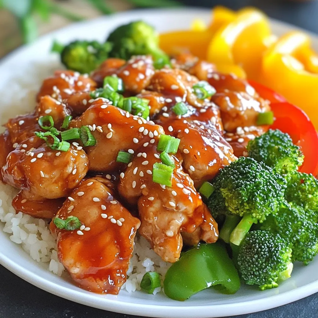 - 4 boneless, skinless chicken thighs (or breasts) - 1 cup store-bought teriyaki sauce - 1/2 cup low-sodium chicken broth - 1/4 cup pure honey - 2 garlic cloves, finely minced - 1 tablespoon fresh ginger, finely grated - 1 cup broccoli florets, fresh or frozen - 1 cup bell peppers, sliced thinly (any color for a vibrant display) - 1 tablespoon toasted sesame oil - 2 green onions, finely chopped (for garnish) - A sprinkle of sesame seeds (for garnish) You can swap chicken thighs for chicken breasts if you prefer. If you want a sweeter sauce, use maple syrup instead of honey. You can also use low-sodium soy sauce instead of the teriyaki sauce. If you have no fresh ginger, ground ginger works too. For veggies, try snap peas or carrots. This meal serves four and is packed with flavor. Each serving has about: - Calories: 300 - Protein: 30g - Fat: 10g - Carbohydrates: 25g - Fiber: 3g - Sugar: 12g This dish is a great balance of protein and veggies, making it a healthy choice. {{ingredient_image_2}} Start by placing your chicken in the crockpot. You can use thighs or breasts. I like thighs for their flavor. Make sure the pieces lie flat and do not overlap. This helps them cook evenly. In a bowl, mix together the teriyaki sauce, chicken broth, honey, garlic, and ginger. Whisk until everything blends well. This sauce brings a sweet and savory taste. Pour this mixture over the chicken. Make sure every piece gets a nice coat. Cover the crockpot and set it on low. Cook for 6-7 hours or high for 3-4 hours. The chicken should be fork-tender when done. Use a meat thermometer to check that it’s at 165°F. After cooking, shred the chicken with two forks. Stir it with the sauce and veggies. This makes every bite full of flavor. To get tender chicken, I start by using boneless, skinless thighs. They stay juicy and cook well. Place the chicken in a single layer at the bottom of your crockpot. This helps heat circulate evenly. Cooking on low for 6-7 hours gives the best results. If you're in a hurry, high for 3-4 hours works too. Always check the chicken's internal temperature. It should reach 165°F (75°C) for safe eating. Using fresh ingredients boosts the flavor of your teriyaki chicken. I like to add minced garlic and grated ginger for a punch. Fresh broccoli and bell peppers add crunch and color. You can use frozen vegetables if you like. Just toss them in at the end of cooking. This keeps them bright and fresh. Don’t forget the toasted sesame oil! It adds a lovely nutty taste. When using a crockpot, avoid lifting the lid during cooking. Each time you open it, heat escapes. Instead, check your meal near the end of the cooking time. Stir the chicken and sauce together just before serving. This helps blend the flavors. Also, use a liner for easy cleanup. It saves time and effort! Pro Tips Use Fresh Ingredients: Always opt for fresh garlic and ginger for the best flavor. Fresh ingredients enhance the overall taste of your dish significantly. Adjust the Sweetness: Depending on your taste preference, feel free to adjust the amount of honey in the sauce. You can add more for a sweeter profile or reduce it for a savory kick. Meal Prep Friendly: This recipe is perfect for meal prep! Cook a larger batch and store leftovers in airtight containers for quick meals throughout the week. Experiment with Vegetables: Don’t hesitate to add other vegetables like snap peas or carrots. This adds more color and nutritional value to your dish! {{image_4}} You can swap out chicken for other proteins. Try pork, beef, or tofu. Each protein brings a unique taste. For pork, use boneless chops. For beef, choose thin strips. If you want a vegan option, use extra-firm tofu. Just chop it into cubes. You can mix up the veggies in this dish. Instead of broccoli and bell peppers, try snap peas or carrots. You can also add sliced mushrooms or zucchini. The key is to choose vegetables you like. Just cut them into similar sizes for even cooking. If you want to make your own teriyaki sauce, it’s easy. You need soy sauce, honey, and rice vinegar. Mix these with minced garlic and ginger for flavor. Here’s a simple recipe: - 1/2 cup soy sauce - 1/4 cup honey - 1 tablespoon rice vinegar - 1 garlic clove, minced - 1 teaspoon grated ginger Whisk everything together. Adjust the sweetness as you like. This sauce can add a personal touch to your dish. To store your leftover teriyaki chicken, let it cool first. Place it in an airtight container. Make sure to separate the chicken from the veggies if you want. Store it in the fridge for up to four days. This keeps the chicken tender and the veggies fresh. When you're ready to enjoy your leftovers, you can reheat them in a few ways. The best method is using the microwave. Place the chicken in a bowl and cover it with a damp paper towel. Heat for one to two minutes, stirring halfway. You can also reheat on the stove. Just warm it over low heat until hot. Add a splash of chicken broth if it seems dry. You can freeze this dish too! Place the cooled chicken and veggies in a freezer-safe bag. Squeeze out as much air as you can before sealing. Label the bag with the date. It will keep well for up to three months. To thaw, place it in the fridge overnight. Reheat it fully before serving. Yes, you can use frozen chicken. Just add more cooking time. If you cook on low, aim for 7-8 hours. For high, cook for 4-5 hours. The chicken will still be tender and full of flavor. Teriyaki chicken pairs well with many sides. Here are some great options: - Steamed rice - Noodles - Quinoa - Stir-fried veggies - Salad You can mix and match these sides to fit your taste. Check the chicken's internal temperature. It should reach 165°F (75°C). You can also use a fork to test. If the chicken shreds easily, it's ready to eat. This ensures you enjoy a safe and tasty meal. This blog shared all you need to make teriyaki chicken. We covered key ingredients and even swaps for them. You learned how to prepare the chicken and the teriyaki sauce step-by-step. Tips for tender chicken and flavor upgrades help you ace this dish. I gave ideas for variations and safe storage tips, too. Remember, cooking can be fun and easy. Enjoy making this dish your own!