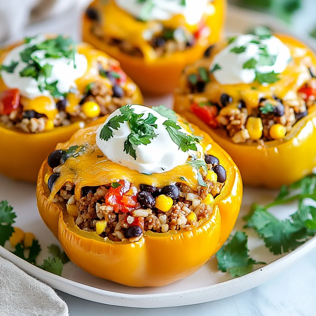 To make taco stuffed bell peppers, you need a list of vibrant ingredients. Here’s what you will need: - 4 large bell peppers (mix colors like red, yellow, green, or orange) - 1 lb ground turkey or ground beef - 1 cup black beans, thoroughly drained and rinsed - 1 cup corn kernels (use fresh or frozen) - 1 cup cooked brown rice - 1 packet taco seasoning (or mix cumin, paprika, garlic powder, and chili powder) - 1 cup diced tomatoes, fresh or canned (include juices) - 1 cup shredded cheese (cheddar or a Mexican blend) - 1/4 cup fresh cilantro, finely chopped - 2 tablespoons olive oil - Salt and pepper to taste - Optional toppings: sour cream and sliced avocado Each ingredient adds its own flavor and texture. The bell peppers serve as the perfect vessel for all the tasty fillings. Ground turkey or beef provides protein. Black beans and corn add fiber and sweetness. Brown rice helps bind it all together. The taco seasoning gives that classic taste we love. Diced tomatoes keep everything moist. Cheese adds a melty finish, while cilantro brightens the dish. Don't forget to season with salt and pepper to make it just right! This combination creates a colorful and satisfying meal that is sure to please everyone. {{ingredient_image_2}} To start, preheat your oven to 375°F (190°C). This step warms the oven for baking the stuffed peppers. Next, prepare the bell peppers. Slice the tops off and remove the seeds and white membranes. Lightly brush the outside with olive oil and sprinkle with salt. Stand the peppers upright in a baking dish. Set them aside for later. In a large skillet over medium heat, add 1 pound of ground turkey or beef. Cook it until browned, breaking it up with a spatula. This takes about 5-7 minutes. Once the meat is browned, add the taco seasoning, diced tomatoes (with their juices), black beans, corn, and cooked brown rice. Stir well to mix all the ingredients. Let them cook together for about 5 minutes. This helps the flavors blend nicely. Now, carefully spoon the taco mixture into each bell pepper. Pack it tightly to fill each one fully. Sprinkle the remaining shredded cheese on top of the stuffed peppers for a cheesy finish. To bake, cover the dish with foil. Place it in the preheated oven and bake for 25 minutes. After 25 minutes, remove the foil. Continue baking for another 10-15 minutes. The peppers should be tender and the cheese bubbly. Once done, carefully take the dish out of the oven. Let the stuffed peppers cool slightly before serving. To get the perfect texture, choose large bell peppers. They hold the filling well. Ensure you cook the meat until it is browned. This adds great flavor and keeps the filling moist. Adjust seasoning to taste after mixing in the ingredients. Start with the taco seasoning and add salt and pepper. You can always add more, but you can't take it out! Serve each stuffed pepper on a plate. Top with a dollop of sour cream and a few slices of avocado. This adds creaminess and color. A sprinkle of fresh cilantro gives a nice pop, making your dish look and taste great. You can make these peppers vegetarian by using black beans or lentils instead of meat. Try adding chopped vegetables like zucchini or mushrooms for extra flavor. For toppings, consider using salsa, diced onions, or fresh lime juice. These will boost the taste and make your meal unique. Pro Tips Choose Colorful Peppers: Selecting a mix of bell pepper colors not only enhances the presentation but also adds a variety of flavors to the dish. Pre-cook the Rice: Using pre-cooked brown rice saves time and ensures that the rice is perfectly tender by the time the peppers are finished baking. Customize Your Filling: Feel free to add other ingredients like diced onions, jalapeños, or even quinoa for a unique twist on the classic taco flavor. Let Them Rest: Allow the stuffed peppers to cool for a few minutes before serving; this helps the flavors to settle and makes them easier to handle. {{image_4}} You can change the protein in taco stuffed bell peppers to fit your taste. For a vegan option, use plant-based meats. These mimic the texture of ground meat well. You can also use lentils or quinoa for a hearty base. If you prefer meat, ground turkey or beef works great. Chicken or pork can also be tasty choices. Feel free to mix up the veggies in your stuffed peppers. Try adding chopped zucchini, mushrooms, or spinach for extra nutrition. You could even add sweet or spicy peppers for a kick. Different types of cheese can also change the flavor profile. Cheddar, Monterey Jack, or pepper jack can add fun twists to your dish. To make your peppers have a Mexican flair, add jalapeños or a spoonful of salsa. This gives your dish a nice kick. For a Southwest twist, you can use chipotle peppers or diced avocados. Both options add unique flavors that will impress anyone who tries your stuffed peppers. Store your taco stuffed bell peppers in an airtight container. This keeps them fresh longer. Place the container in the fridge. They can last up to four days this way. If you want to keep them longer, freeze the stuffed peppers. Wrap each one in plastic wrap, then place them in a freezer-safe bag. They can last up to three months in the freezer. When you’re ready to eat, take them out and thaw overnight in the fridge. Reheat in the oven or microwave. If using the oven, cover with foil to keep them moist. Heat until they're warm all the way through. In the fridge, taco stuffed bell peppers last about four days. If they sit longer, check for signs of spoilage. Look for changes in color or smell. If they smell off or look slimy, it's best to throw them away. When frozen, they can stay good for about three months. After that, they may lose flavor and texture. Always label your bags with the date for easy tracking. You can easily make Taco Stuffed Bell Peppers vegetarian by swapping out the meat. Use a mix of black beans and corn as your base. You can also add quinoa for extra protein. Here’s a quick list of great substitutes: - 1 cup cooked quinoa - 1 cup diced mushrooms - 1 cup chopped zucchini - 1 cup lentils, cooked and seasoned - 1 packet taco seasoning These substitutions keep the flavors bold while making the dish meat-free. Yes, you can use other types of peppers! Bell peppers are great, but feel free to try others. Here are some fun options: - Poblano peppers for a smoky flavor. - Anaheim peppers for a mild spice. - Jalapeño peppers for extra heat. - Mini sweet peppers for bite-sized treats. Each type brings a unique taste to your dish, so get creative! Taco Stuffed Bell Peppers pair well with many sides. Here are some tasty ideas: - Mexican rice for a filling option. - Fresh guacamole for creaminess. - A simple green salad for crunch. - Tortilla chips with salsa for a fun snack. These sides enhance your meal and make it even more enjoyable! In summary, we’ve covered how to make tasty Taco Stuffed Bell Peppers, from choosing colorful bell peppers to mixing your favorite proteins and ingredients. You learned the steps for prepping and cooking, plus tips for perfect flavor and stunning presentation. Remember, you can get creative with proteins and toppings. Store any leftovers properly to enjoy them later. With these ideas, it's easy to make a dish that suits your taste and impresses your family. Enjoy your cooking adventure!