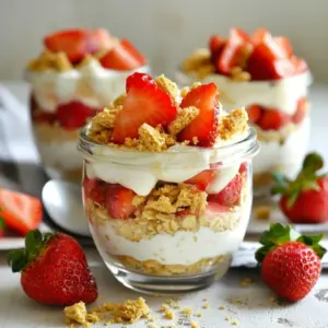 For delicious Strawberry Cheesecake Overnight Oats, gather these ingredients: - 1 cup rolled oats - 1 cup unsweetened almond milk (or your favorite milk alternative) - ½ cup Greek yogurt (choose vanilla for sweetness or plain for a lighter taste) - 2 tablespoons maple syrup (or honey for natural sweetness) - 1 teaspoon pure vanilla extract - ½ cup fresh strawberries, diced into bite-sized pieces - 2 tablespoons cream cheese, softened to room temperature - 1 tablespoon chia seeds for added nutrition and texture - A pinch of salt to enhance flavors - Optional: Crushed graham crackers for an extra crunch on top You can swap some ingredients if needed: - Use coconut milk instead of almond milk for a creamier taste. - Substitute regular yogurt for Greek yogurt if you want a lighter option. - If you dislike maple syrup, honey works well as a sweetener. - Swap strawberries for blueberries or raspberries for a different fruit flavor. - For a dairy-free version, leave out cream cheese or use a plant-based option. Each ingredient brings great benefits: - Rolled oats are rich in fiber. They help keep you full and support digestion. - Greek yogurt is high in protein, good for muscle health and recovery. - Strawberries are full of vitamins and antioxidants, boosting your immune system. - Chia seeds provide omega-3 fatty acids and fiber, good for heart health. - Almond milk is low in calories, making it a great dairy alternative. These ingredients not only taste great but also nourish your body! {{ingredient_image_2}} Making strawberry cheesecake overnight oats is easy and fun. You need just ten minutes to prepare. Gather your ingredients first. This includes rolled oats, almond milk, Greek yogurt, strawberries, and more. 1. Start by taking a medium mixing bowl. Add the rolled oats and almond milk. 2. Next, mix in the Greek yogurt, maple syrup, vanilla extract, chia seeds, and a pinch of salt. Stir well. Ensure all oats soak up the liquid. 3. Now, gently fold in the diced strawberries and cream cheese. Be careful not to overmix. You want to keep those strawberry pieces intact. 4. Spoon the mixture into mason jars or airtight containers. Fill each jar about three-quarters full. This lets the oats expand in the fridge. 1. Secure the lids on your jars tightly. Place them in the fridge overnight. You can also let them sit for at least four hours. 2. When you’re ready to eat, take out the jars. Stir the oats gently. If they feel too thick, add a splash of almond milk. 3. Top with fresh strawberries and a sprinkle of crushed graham crackers for that cheesecake crunch. Enjoy! To make creamy overnight oats, start with rolled oats. They absorb liquid well and create a nice texture. Use enough liquid to soak the oats. I suggest one cup of almond milk for every cup of oats. Mixing in Greek yogurt adds creaminess and protein. Make sure to stir all ingredients well. This helps prevent clumping. Use a pinch of salt to enhance the flavors. You can boost flavor with a few simple add-ins. Try adding a tablespoon of peanut butter for a nutty twist. A sprinkle of cinnamon adds warmth and spice. For a sweet touch, mix in extra maple syrup or honey. Chia seeds not only add nutrition but also help thicken the oats. If you like crunch, sprinkle crushed graham crackers on top. This gives a nice texture, just like a cheesecake crust. One common mistake is not using enough liquid. This leads to dry oats. Always measure your ingredients carefully. Another mistake is overmixing, which can break down the strawberries. Gently fold them into the mixture to keep their shape. Finally, don’t skip the refrigeration step. Letting the oats soak overnight is key for flavor and texture. Enjoy your creamy, delicious strawberry cheesecake overnight oats! Pro Tips Use Rolled Oats: For the best texture, stick with rolled oats rather than instant oats, as they hold up better during soaking. Adjust Sweetness: Taste the mixture before refrigerating and adjust the sweetness by adding extra maple syrup or honey according to your preference. Chill for Flavor: Allowing the oats to soak overnight helps the flavors meld together, enhancing the overall taste of your breakfast. Experiment with Fruits: Feel free to mix in or substitute other fruits like blueberries or bananas to customize your overnight oats to your liking. {{image_4}} You can switch up the flavors to keep things fun. Want a chocolate twist? Add two tablespoons of cocoa powder to the mix. You can also stir in some chocolate chips for extra sweetness. If peanut butter is your jam, mix in two tablespoons of creamy peanut butter. This gives your oats a nutty taste and adds protein. You can easily change the flavors. The base recipe works well with many fun add-ins. Making these oats vegan is simple. Just swap Greek yogurt for a plant-based yogurt. Almond milk is already a great choice, but you can use soy or oat milk too. For a gluten-free option, check your oats to ensure they are certified gluten-free. This way, everyone can enjoy a yummy breakfast. Fresh fruit makes these oats taste great. You can use other fruits when strawberries are out of season. Blueberries, raspberries, or even diced peaches work well. Just keep the same amount of fruit. The oats will still be tasty and colorful. Think about adding bananas for a creamy texture. Seasonal fruit gives your overnight oats a fresh twist every time. To store your strawberry cheesecake overnight oats, use airtight containers. Mason jars work great. Fill each jar three-quarters full, so the oats have room to expand. Cover the jars tightly with lids. Keep them in the fridge until you are ready to eat. These oats stay fresh for up to five days in the fridge. For the best taste, eat them within three days. If you notice any change in smell or texture, it’s time to toss them. Always check for freshness before digging in. You can enjoy these oats cold right from the fridge. If you prefer them warm, heat them gently in the microwave. Add a splash of almond milk if they seem too thick. Stir well after heating to mix everything back together. This keeps every bite delicious and creamy! Yes, you can make these oats ahead of time. In fact, they taste better when they sit overnight. Prepare the oats the night before, and they will be ready in the morning. Just store them in the fridge in jars or containers. If you want a substitute for Greek yogurt, try plain yogurt or a dairy-free option. You can use coconut yogurt for a creamy texture. It adds flavor and keeps the oats moist. You can freeze the overnight oats, but they may change in texture. If you freeze them, make sure to use a freezer-safe container. Thaw them overnight in the fridge before enjoying. Just stir well after thawing to mix the ingredients. We covered a lot about making overnight oats. You learned about the ingredients, their health benefits, and how to mix them. I shared tips to make creamy oats and avoid common mistakes. Plus, I provided delicious variations and storage tips. Remember, these oats are versatile and easy to prepare. Enjoy finding your favorite flavors and combinations. With this knowledge, you can create a tasty, healthy meal any time. Now, it's time for you to start making your own delightful overnight oats.