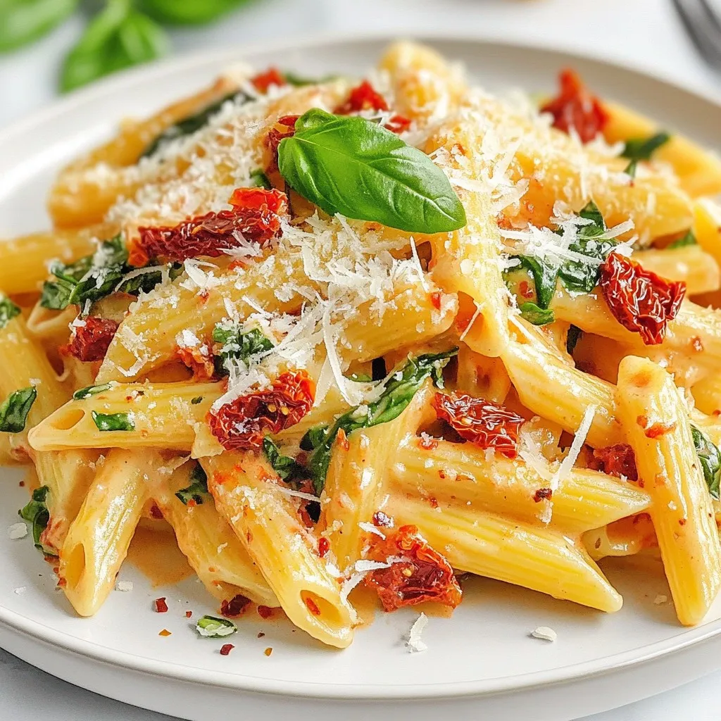 To make Marry Me Sun-Dried Tomato Pasta, you will need these ingredients: - 12 oz penne pasta - 1 cup sun-dried tomatoes in oil, drained and roughly chopped - 1 cup heavy cream - 1 cup freshly grated Parmesan cheese - 2 large garlic cloves, minced - 1 teaspoon red pepper flakes (adjust according to preferred spice level) - 1 cup fresh baby spinach, tightly packed - 2 tablespoons extra-virgin olive oil - Salt and freshly cracked black pepper to taste - Fresh basil leaves, for garnish You can swap some ingredients if needed: - Pasta: Use any pasta shape you like, such as fusilli or spaghetti. - Cream: Substitute with half-and-half or a non-dairy cream for a lighter option. - Parmesan: Grated Pecorino Romano or nutritional yeast works well for a vegan dish. - Spinach: Kale or arugula can add a nice twist. - Sun-Dried Tomatoes: Fresh tomatoes can replace them but will change the flavor. Using quality ingredients makes a big difference. Fresh pasta tastes better and has a nice texture. Good sun-dried tomatoes bring rich flavor to the sauce. Heavy cream creates a creamy texture. Freshly grated cheese melts better and adds depth. Always choose fresh spinach and basil for vibrant color and taste. Quality ingredients lead to a delicious meal everyone will love. {{ingredient_image_2}} Start by boiling a large pot of salted water. You want it to bubble hard. Once it's boiling, add 12 ounces of penne pasta. Cook it until it's al dente, which means it should still have a little bite. This usually takes about 9-11 minutes. Reserve 1 cup of the pasta water before draining the rest. Set the drained pasta aside in a colander while you prepare the sauce. In a large skillet, heat 2 tablespoons of extra-virgin olive oil over medium heat. When the oil is hot, add 2 minced garlic cloves and 1 teaspoon of red pepper flakes. Sauté for about 1 minute, stirring often. You want the garlic to smell amazing but not to turn brown. This step brings out the flavors you will love. Now, add 1 cup of chopped sun-dried tomatoes to the skillet. Stir them in and let them cook for 2-3 minutes. This warms up the tomatoes and mixes their flavor with the oil and garlic. After that, slowly pour in 1 cup of heavy cream while stirring. Let the sauce simmer for 2-3 minutes. You will notice it thickening up a bit. Lower the heat to low. Add 1 cup of freshly grated Parmesan cheese to the cream sauce. Stir until the cheese melts smoothly. Next, fold in 1 cup of fresh baby spinach. Cook it for about 1 minute. The spinach should wilt but still keep its bright green color. Gently add your reserved pasta to the skillet. Toss everything together so the pasta is well coated with the sauce. If the sauce seems too thick, use a bit of the reserved pasta water. Add it slowly until you reach the right consistency. Finally, season your dish with salt and freshly cracked black pepper to taste. Serve your Marry Me Sun-Dried Tomato Pasta in bowls, and don't forget to garnish with fresh basil leaves for that extra flair! To keep your pasta from sticking, follow these steps: - Use a large pot with plenty of water. - Add a good amount of salt to the boiling water. - Stir the pasta in the first few minutes of cooking. - Avoid overcooking the pasta. Aim for al dente. After draining, toss the pasta with a little olive oil. This extra step helps keep it from clumping. To make a smooth cream sauce, do this: - Start on medium heat when adding heavy cream. - Stir constantly to avoid lumps. - Let the sauce simmer, but don’t boil it. If the sauce is too thick, add reserved pasta water slowly. This helps reach your desired creaminess without overpowering the flavor. You can change the flavor of your Marry Me Sun-Dried Tomato Pasta easily. Here are some ideas: - Add cooked chicken, shrimp, or tofu for protein. - Toss in extra veggies like bell peppers or zucchini. - Try different cheeses like goat cheese for a tangy twist. These variations can give your dish a new life and keep it exciting! Pro Tips Perfect Pasta Texture: Always cook the pasta until al dente for the best texture. It will continue to cook slightly when mixed with the sauce. Enhancing Flavor: Use high-quality sun-dried tomatoes packed in oil for a richer flavor. You can even use some of the oil in the sauce for added depth. Adjusting the Creaminess: If the sauce is too thick, gradually add reserved pasta water until you reach your desired consistency. This will also help the sauce adhere better to the pasta. Basil Freshness: Add fresh basil leaves just before serving to maintain their vibrant color and aromatic flavor, enhancing the dish's overall appeal. {{image_4}} You can easily boost the protein in Marry Me Sun-Dried Tomato Pasta. Try adding cooked chicken, shrimp, or tofu. For chicken, use grilled or sautéed pieces. Cook shrimp quickly in the same skillet before adding the sun-dried tomatoes. If you prefer tofu, use firm tofu and sauté it until golden. This makes the dish heartier and more filling. Make this pasta even more colorful and nutritious by adding veggies. Spinach is great, but you can mix in bell peppers, zucchini, or mushrooms. Sauté them in the olive oil with garlic until tender. These extra vegetables will add flavor and make the dish more vibrant. You can adjust the amount to match your taste. While penne pasta works well, you can swap it for other types. Try fusilli, spaghetti, or even gluten-free pasta. Each type changes the texture and look of the dish. Just keep the cooking time in mind. Always check the package for the right cooking time. This way, you’ll have a perfect pasta every time. To store leftover Marry Me Sun-Dried Tomato Pasta, wait for it to cool. Place the pasta in an airtight container. This helps keep it fresh. Store it in the fridge for up to three days. You can also use a resealable plastic bag. Just make sure to remove excess air. When it’s time to reheat, use a skillet for the best results. Add a splash of water or extra cream to help loosen the sauce. Heat over medium until warm. You can also use the microwave. Just cover the pasta to keep it moist. Heat in short bursts, stirring in between. To freeze Marry Me Sun-Dried Tomato Pasta, let it cool completely. Portion it into freezer-safe containers. Leave some space at the top, as the pasta will expand. It can last in the freezer for up to three months. To reheat, thaw overnight in the fridge before warming. This way, the flavors stay intact. Yes, you can prepare Marry Me Sun-Dried Tomato Pasta ahead of time. Cook the pasta and make the sauce as usual. Let them cool, then store them separately in the fridge. When you are ready to serve, reheat the sauce and mix it with the pasta. If the sauce thickens, add a splash of pasta water to loosen it. To add more heat, increase the amount of red pepper flakes. Start with one teaspoon, then taste. If you want it hotter, add more a little at a time. You can also add a pinch of cayenne pepper or sliced fresh chili peppers for extra spice. Pair this pasta with a fresh garden salad for a light meal. Garlic bread complements the rich sauce well. You can also serve it with grilled chicken or shrimp for added protein. A glass of white wine, like Sauvignon Blanc, enhances the dish's flavors. Yes, you can use other cheeses. Try using goat cheese for a tangy flavor. Mozzarella offers a creamy texture. Feta cheese adds a salty kick. Just keep the amount similar to the Parmesan for the best results. This blog post covered the essential ingredients, cooking steps, and variations for Marry Me Sun-Dried Tomato Pasta. Quality ingredients make a big difference in taste. I shared how to cook pasta, make a smooth cream sauce, and add flavors. You also learned about storage tips and how to customize your dish. Remember, small changes can lead to big flavors. Enjoy experimenting with this recipe. It’s perfect for any meal and will impress everyone. Cooking should be fun, and this dish makes it easy!