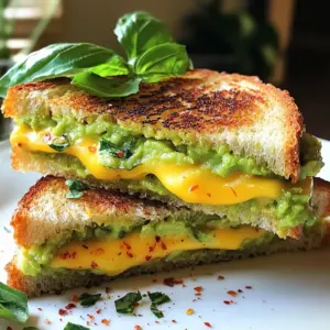 - 2 slices of crusty sourdough bread - 1 ripe avocado - 1 cup shredded sharp cheddar cheese - 1/2 teaspoon garlic powder - 1/4 teaspoon crushed red pepper flakes - Salt and freshly cracked pepper - 1 tablespoon unsalted butter - Fresh basil leaves (optional) The right ingredients make all the difference in your Avocado Grilled Cheese. I love using crusty sourdough bread. It gives a nice crunch that pairs well with creamy avocado. Choose a ripe avocado for the best flavor. Mash it until it's smooth but still creamy. This texture adds richness to the sandwich. Shredded sharp cheddar cheese is my go-to choice. It melts beautifully and adds a strong flavor. For seasoning, I use garlic powder and crushed red pepper flakes. They add a wonderful kick, while salt and freshly cracked pepper enhance the taste. Don't forget the unsalted butter! It helps the bread crisp up nicely. If you want to add a fresh touch, toss in some basil leaves. They add bright flavor and beautiful color. These simple, fresh ingredients make this sandwich a true delight! {{ingredient_image_2}} First, take your ripe avocado and cut it in half. Remove the pit and scoop the flesh into a small bowl. Use a fork to mash the avocado until it is smooth but still creamy. Add a pinch of salt, freshly cracked pepper, garlic powder, and crushed red pepper flakes. Mix it well to blend all the flavors together. This tasty mash adds a nice kick to your sandwich. Next, grab your slices of crusty sourdough bread. Spread a generous layer of the seasoned avocado on one side of each slice. Make sure to cover the bread well. On the unspread side of one slice, pile on a cup of shredded sharp cheddar cheese. This layer should be thick, as it will melt beautifully. Then, place the other slice of bread on top, with the avocado side facing down. Now, heat a skillet over medium heat. Add a tablespoon of unsalted butter and let it melt until it shimmers. Once the butter is hot, gently place your sandwich in the skillet. Cook for about 3-4 minutes, or until the bottom turns a lovely golden brown and you see the cheese starting to melt. Carefully flip the sandwich with a spatula. If you want, you can add a bit more butter to the pan for extra crispiness. Cook for another 3-4 minutes until the other side is golden and the cheese is melty. After that, take the sandwich out and let it rest for a minute to set. If you like, garnish with some fresh basil leaves for a nice touch. To get that perfect toastiness, start with the right skillet temperature. Use medium heat. This helps the bread crisp up without burning. Next, apply butter like a pro. Spread a thin layer on the outside of each slice. It creates a golden crust that makes your sandwich shine. For melty cheese, choose sharp cheddar. It melts nicely and adds great flavor. Other good options are mozzarella or Gruyère. Watch the cooking time closely. When you see the cheese starting to ooze, it’s time to flip the sandwich. Aim for about 3-4 minutes on each side. Serve your Avocado Grilled Cheese on a rustic wooden board. This adds charm and makes it look special. Pair it with cherry tomatoes or a small salad for a pop of color. For an extra flavor boost, add fresh basil leaves on top. They not only taste great but also make your sandwich look pretty. Enjoy it warm for the best taste! Pro Tips Perfect Avocado Ripeness: Choose an avocado that yields slightly to gentle pressure for the best creamy texture. Cheese Melting Technique: For an extra gooey grilled cheese, use a mix of cheeses like mozzarella or fontina along with cheddar. Keep It Crispy: For a crunchier sandwich, spread a thin layer of mayonnaise on the outside of the bread before grilling. Flavor Boost: Experiment with adding sliced tomatoes or jalapeños inside the sandwich for an extra layer of flavor. {{image_4}} You can make your avocado grilled cheese even better! Try adding sliced tomatoes for freshness. The juicy tomatoes add a nice burst of flavor. You can also add some leafy greens like spinach or arugula. They bring a crunch and a hint of earthiness to the dish. Experimenting with different cheeses is fun, too! Try mozzarella for a creamy melt or pepper jack for a spicy kick. Mixing cheeses can create a rich, unique taste. Sourdough is great, but you can switch it up! Whole grain bread adds extra fiber and a nuttier taste. It also gives your sandwich a hearty feel. If you need a gluten-free option, use gluten-free bread. Many brands offer tasty choices that work well. Just make sure to check the label for quality. These alternatives can make your sandwich just as delicious! If you love heat, spice it up! Adding jalapeños gives your grilled cheese a nice kick. You can slice them fresh or use pickled ones for a tangy touch. Another way to add spice is through hot sauce. A few drops can take your sandwich to the next level. Just be careful not to overdo it; you want to enjoy the flavors, not just the heat! To store leftover avocado grilled cheese, wrap it in foil or place it in an airtight container. This keeps it fresh. Make sure to eat it within two days for the best taste. When reheating, place it in a skillet over low heat. This helps keep the bread crispy and the cheese melty. Store avocados at room temperature until ripe. Once ripe, keep them in the fridge to slow down ripening. To keep bread fresh, wrap it in paper or a cloth. Avoid plastic bags, as they trap moisture and can make the bread soggy. You can freeze avocado grilled cheese, but it's best to freeze it before cooking. Wrap the sandwich tightly in plastic wrap and place it in a freezer bag. To freeze effectively, remove as much air as possible. When ready to eat, thaw it in the fridge overnight, then cook it in a skillet. This helps restore its crispy texture and cheesy goodness. Yes, you can make this avocado grilled cheese vegan! For the cheese, use a dairy-free cheese that melts well. Brands like Daiya or Violife work great. Instead of butter, use a vegan butter or olive oil for grilling. Your creamy avocado will still shine through! To make this dish gluten-free, choose gluten-free bread. Look for brands that offer gluten-free sourdough or whole grain options. Many grocery stores have a good selection now, so you can still enjoy your sandwich without the gluten! You can serve your avocado grilled cheese with many tasty sides. Here are some ideas: - A small salad with mixed greens - Cherry tomatoes for a fresh bite - A bowl of soup, like tomato or butternut squash - Sweet potato fries for a fun crunch These sides add color and flavor to your meal! In this post, we explored the great taste of avocado grilled cheese. We covered the key ingredients, like sourdough, avocados, and cheddar. You learned how to mash avocados and assemble your sandwich perfectly. Tips on toasting and cheese melting helped you refine your technique. We also discussed variations, storage methods, and answered common questions. Try these ideas at home to create a meal that delights. Enjoy your cooking journey!