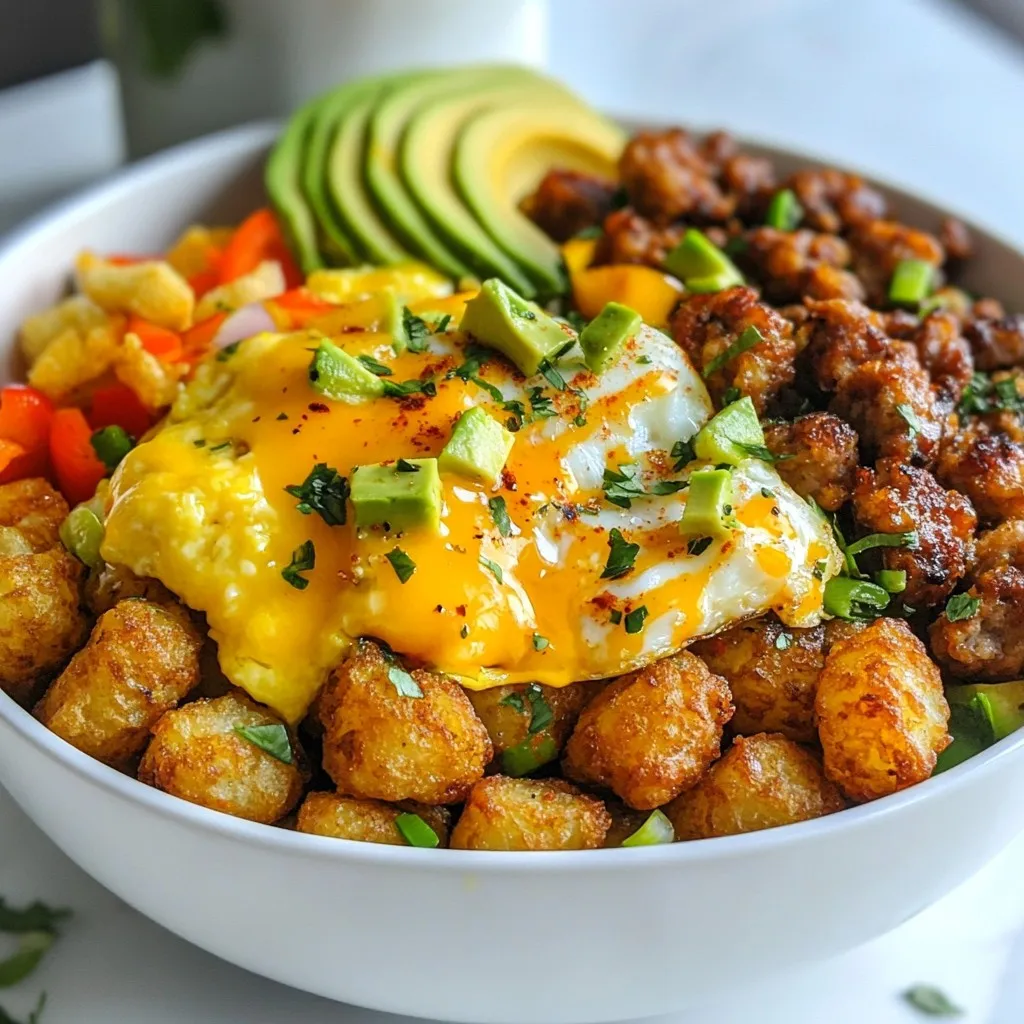- 2 cups frozen tater tots - 4 large eggs - 1 cup shredded cheddar cheese - 1/2 cup diced bell peppers (red, yellow, green) - 1/2 cup diced onions - 1/2 cup cooked and crumbled breakfast sausage - 1 ripe avocado, sliced - Hot sauce, to taste I love how this meal is quick and easy. First, let's talk about the main ingredients. You can't have a Tater Tot Breakfast Bowl without crispy tater tots. They serve as the perfect base, giving you that satisfying crunch. Next, you'll need large eggs. You can cook them however you like, whether scrambled or sunny-side-up. Finally, shredded cheddar cheese is essential for adding creaminess and flavor. Now for the vegetables. Diced bell peppers add a pop of color and sweetness. I like to use a mix of red, yellow, and green. Diced onions bring extra flavor and aroma. Sauté them together for a tasty topping. If you want, you can add more ingredients. Cooked and crumbled breakfast sausage adds protein and richness. Sliced avocado is great for a creamy finish. If you enjoy heat, drizzle on some hot sauce for a kick. Each ingredient plays a role in making this breakfast bowl a hit! {{ingredient_image_2}} - Preheating the oven: First, set your oven to 425°F (220°C). This heat will make the tater tots crispy and golden. - Baking the tater tots: Spread 2 cups of frozen tater tots on a baking sheet. Bake them for 25-30 minutes. Flip them halfway through to ensure even cooking. - Sautéing onions and bell peppers: While the tater tots bake, heat a non-stick skillet over medium heat. Add 1 tablespoon of olive oil. Once hot, toss in 1/2 cup diced onions and 1/2 cup diced bell peppers. Sauté for 5-7 minutes until soft and slightly caramelized. - Adding breakfast sausage: If you want protein, add 1/2 cup cooked and crumbled breakfast sausage to the skillet. Cook until it is warm. Season with salt and freshly ground black pepper. - Different cooking methods for eggs: In another skillet, crack 4 large eggs. You can scramble them, cook them sunny-side-up, or over-easy. Choose what you like best. - Seasoning tips: Don’t forget to add salt and pepper to the eggs while cooking for flavor. - Layering the ingredients: Remove the tater tots from the oven. Start with a layer of tater tots in a bowl. On top of that, add the sautéed veggies and sausage. - Melting the cheese: Place the cooked eggs on top. Sprinkle 1 cup of shredded cheddar cheese over the eggs. The heat from the eggs will melt the cheese. Enjoy your tasty Tater Tot Breakfast Bowl! - Bake at 425°F for the best crunch. - Flip halfway through cooking for even crispiness. To get that perfect crunch, start by preheating your oven. I always set it to 425°F. This high temperature helps the tater tots cook quickly, getting them golden brown. Once they bake for about 25 to 30 minutes, flip them halfway through. This ensures that every side gets crisp. - Use garlic powder or paprika for extra taste. - Top with salsa, sour cream, or chopped green onions. To make your tater tots pop with flavor, you can add seasonings. Garlic powder gives a nice kick. Paprika adds a warm, smoky taste. After you build your breakfast bowl, try topping it with salsa or a dollop of sour cream. Chopped green onions also add color and a fresh bite. - Serve in deep bowls or small skillets. - Garnish with fresh herbs or extra avocado slices. When it comes to serving, think about how to make your dish look great. I love using deep bowls or even small cast iron skillets. They give a fun, rustic feel. For a nice touch, sprinkle fresh herbs like cilantro or parsley on top. Extra avocado slices add creaminess and make your dish more inviting. Pro Tips Use Frozen Tater Tots: Frozen tater tots are not only convenient but also ensure a crispy texture. No need to thaw them before baking; just spread them out on the baking sheet and let the oven do the work! Customize Your Veggies: Feel free to mix and match your favorite vegetables! Spinach, mushrooms, or zucchini can add unique flavors and nutrients to your breakfast bowl. Perfect Eggs: For perfectly cooked eggs, consider using a lid on your skillet for a couple of minutes. This helps cook the tops gently without flipping, especially if you like sunny-side-up eggs. Garnish Wisely: Fresh herbs like cilantro or chives not only add a pop of color but also enhance the overall flavor profile of your breakfast bowl. Don't skip the garnishes! {{image_4}} You can easily make this dish vegetarian. Instead of breakfast sausage, try using black beans or lentils. Both add protein and a hearty texture. For extra flavor, mix in some spinach, zucchini, or mushrooms. These veggies boost nutrition and taste great! If you want a different protein, plant-based sausage works well. It gives a similar taste without meat. You can also add crispy bacon or diced ham for a savory twist. Each choice brings a unique flavor to your breakfast bowl. When it comes to cheese, cheddar is classic, but you can switch it up. Try pepper jack for a spicy kick or mozzarella for a milder taste. To melt cheese perfectly, add it when the eggs are hot. This way, it gets gooey and delicious! To keep your Tater Tot Breakfast Bowl fresh, store leftovers in the fridge. Place them in an airtight container. They will stay good for up to three days. If you want to keep them longer, freezing is a great option. Just make sure to use a freezer-safe container. You can freeze your breakfast bowl for up to three months. When you want to reheat your bowl, use the oven if you can. Preheat it to 350°F (175°C) and place the bowl inside. This method helps maintain the texture of the tater tots. You can also use a microwave for quick reheating. Just cover the bowl with a damp paper towel. This keeps the eggs from getting rubbery. Heat in short bursts, checking it often. Enjoy your delicious breakfast again! Yes, you can make Tater Tot Breakfast Bowls ahead of time. Cook the tater tots and the other mix-ins. Store everything in separate containers in the fridge. When you are ready to eat, just reheat the tater tots in the oven. Then, mix in the vegetables and eggs. This method keeps everything fresh and tasty. Many sauces go well with Tater Tot Breakfast Bowls. Here are a few ideas: - Hot sauce adds a spicy kick. - Salsa brings a fresh, zesty flavor. - Ranch dressing offers a creamy touch. - Ketchup is a classic choice for breakfast. Experiment with your favorites to find the best match! You can easily customize this recipe for dietary restrictions: - For a vegetarian option, skip the sausage. - Use plant-based sausage for a meat-like texture. - Choose dairy-free cheese if needed. - Swap eggs for tofu scramble for a vegan dish. These changes keep the dish full of flavor while meeting your needs. Tater Tot Breakfast Bowls are filling, but sides can enhance the meal. Consider these options: - Fresh fruit adds sweetness. - A side salad provides crunch and freshness. - Yogurt with granola makes a tasty addition. - Toast or bagels can round out the meal. These sides add variety and balance to your breakfast! In this post, we explored how to make Tater Tot Breakfast Bowls. We covered main ingredients like frozen tater tots, eggs, and cheese, plus veggies and options to boost flavor. I shared step-by-step instructions for preparation and cooking. We also discussed tips for crispiness and variations for different diets. For a fun breakfast, try this simple recipe. It’s easy to customize and great for leftovers. Enjoy your cooking adventure!