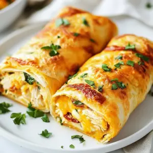 - 2 cups cooked chicken, shredded - 1 cup shredded mozzarella cheese - 1/2 cup cream cheese, softened - 4 large flour tortillas - 3 cloves garlic, minced - 1/2 cup fresh spinach, chopped - 1/4 cup sun-dried tomatoes, diced - 1/4 teaspoon red pepper flakes (optional) - Salt and pepper to taste - 2 tablespoons olive oil - Fresh parsley for garnish Gather these ingredients before you start. Having everything ready makes cooking easy and fun. The cooked chicken should be shredded well to mix nicely with the cheese. I love using mozzarella for its meltiness. Cream cheese adds a rich and creamy feel. Using fresh spinach not only adds color but also boosts nutrition. Sun-dried tomatoes bring a tangy flavor that pairs well with garlic. If you enjoy a bit of heat, add red pepper flakes. Don’t forget to season with salt and pepper to make the flavors pop. Olive oil helps achieve that perfect golden crust on the wraps. Finally, fresh parsley adds a nice touch when you serve. These simple ingredients come together to create a flavorful meal that's sure to impress! {{ingredient_image_2}} 1. First, grab a large mixing bowl. Combine 2 cups of cooked chicken with 1 cup of shredded mozzarella cheese. 2. Add in 1/2 cup of softened cream cheese, 3 cloves of minced garlic, 1/2 cup of chopped spinach, and 1/4 cup of diced sun-dried tomatoes. 3. Sprinkle in salt, pepper, and 1/4 teaspoon of red pepper flakes if you want some heat. 4. Mix everything well until the filling is creamy and evenly blended. 1. Heat a large skillet over medium heat. Add 2 tablespoons of olive oil and swirl it around to coat the pan. 2. Once the oil is shimmering, place a flour tortilla in the skillet. 3. Spoon a generous portion of the chicken mixture into the center of the tortilla. Don’t overfill it! 4. Fold the sides in and tightly roll the tortilla from the bottom up to make a secure wrap. 5. Cook the wrap for 2-3 minutes on each side until golden brown and crispy. Make sure the filling is heated through. 6. Repeat with the remaining tortillas and filling, adding more oil to the skillet as needed. 1. After cooking, let the wraps cool for about a minute on a cutting board. 2. Carefully slice each wrap in half diagonally for a nice look. 3. Garnish with freshly chopped parsley to add color and freshness. 4. Serve the wraps warm for the best taste and texture! Arrange them on a rustic wooden board or on individual plates. For extra flavor, serve with a dipping sauce like creamy ranch or zesty garlic aioli. A small side salad adds a colorful touch too! - Monitoring cooking time: Cook the wraps for 2-3 minutes on each side. This helps the tortillas get crispy and the filling warm. - Tips for crispy tortillas: Use medium heat and add oil to the skillet. This creates a nice crunch on the outside. - Customizing the filling flavors: Add your favorite spices or herbs. You can try cumin or cilantro for a fresh twist. - Overfilling the wrap: Less is more! If you add too much filling, the wrap may burst open while cooking. - Not heating through the filling: Ensure the chicken and cheese melt well. This gives the wrap its creamy texture. - Cooking at too high a temperature: High heat can burn the tortilla before the inside is warm. Keep it steady and moderate. - Ideal accompaniments: Serve with a side salad for freshness. A simple mix of greens works well. - Best dipping sauces: Try creamy ranch or zesty garlic aioli. These add extra flavor to each bite. - Side salad ideas: A bright tomato and cucumber salad pairs nicely. The crunch and coolness complement the warm wraps. Pro Tips Use Rotisserie Chicken: For a quick and easy option, consider using store-bought rotisserie chicken to save time on cooking and shredding. Customize Your Fillings: Feel free to add other vegetables like bell peppers or mushrooms, or substitute different cheeses based on your preferences. Check Your Tortilla Size: Ensure you are using large tortillas to accommodate a generous filling without tearing when rolling. Serve with Dipping Sauces: Elevate the dish by pairing the wraps with a variety of dipping sauces such as salsa, ranch, or a spicy aioli for enhanced flavor. {{image_4}} You can switch up the proteins in these wraps. Try using turkey or beef instead of chicken. This change can add a new taste. For those who want dairy-free options, vegan cheese works great. You can also use dairy-free cream cheese for a creamy texture. Adding different vegetables can boost the flavor. Consider bell peppers, zucchini, or mushrooms. These will add crunch and color to your wraps. Don’t forget to spice things up! You can add herbs like oregano or basil for extra flavor. If you want spicier wraps, toss in more red pepper flakes or add jalapeños. Experimenting with different cheeses can make your wraps unique. Try sharp cheddar or pepper jack for a fun twist. If you need gluten-free options, look for gluten-free tortillas. Many brands offer tasty alternatives that work well. For those on a low-carb diet, you can use lettuce wraps instead of tortillas. This keeps the flavor without the carbs. Vegetarian adaptations are also easy. Just replace the chicken with more veggies or beans. This keeps the dish filling and tasty without meat. To store your cheesy garlic chicken wraps, first let them cool. Place the wraps in an airtight container. This helps keep them fresh. You can store them in the fridge for up to three days. If you want to enjoy them later, you can also freeze them. The best way to reheat wraps is in a skillet. Heat the skillet over medium heat. Place the wraps in the skillet. Cook for about two to three minutes on each side. This method keeps the wraps crispy. You can also use a microwave, but it may make them soft. If you want to freeze the wraps, do it right after making them. Wrap each one in plastic wrap, then place them in a freezer bag. This keeps them fresh for up to three months. When you’re ready to eat, thaw them overnight in the fridge. Reheat them in a skillet for best results. To make Cheesy Garlic Chicken Wraps, start by mixing the filling. Combine shredded chicken, mozzarella cheese, cream cheese, minced garlic, chopped spinach, and diced sun-dried tomatoes in a bowl. Add salt and pepper to taste. Stir until everything blends well. Next, heat olive oil in a skillet over medium heat. Place a tortilla in the skillet, add a scoop of the chicken mixture, and roll it up. Cook for 2-3 minutes on each side until golden brown. Slice, garnish with parsley, and serve warm. Using raw chicken is possible but requires more time. Cook the raw chicken first. Season it with salt and pepper, then grill or bake until fully cooked. After it cools, shred it before mixing with the other ingredients. Pre-cooked chicken saves time and ensures a quick meal. It also gives you a creamy, flavorful filling without much fuss. These wraps pair well with many sides. Try serving them with a fresh side salad for crunch. You can also serve them with creamy ranch or zesty garlic aioli for dipping. A light soup can complement the meal too. For drinks, iced tea or sparkling water makes a refreshing choice. To make the wraps healthier, consider using whole wheat tortillas. You can also reduce cream cheese or choose a low-fat version. Adding extra veggies like bell peppers or cucumbers boosts nutrition. Using fresh herbs can also add flavor without extra calories. Swap mozzarella for a lighter cheese, or use less cheese overall for a tasty, lighter wrap. Our blog post covered tasty cheesy garlic chicken wraps. We explored the key ingredients, step-by-step instructions, and helpful tips. You learned how to avoid common mistakes and customize your wraps. We also touched on variations for different diets and storage methods for leftovers. These wraps are easy to make and fun to share. Enjoy experimenting with flavor and ingredients that fit your taste. Now, get cooking and make delicious wraps that everyone will love!