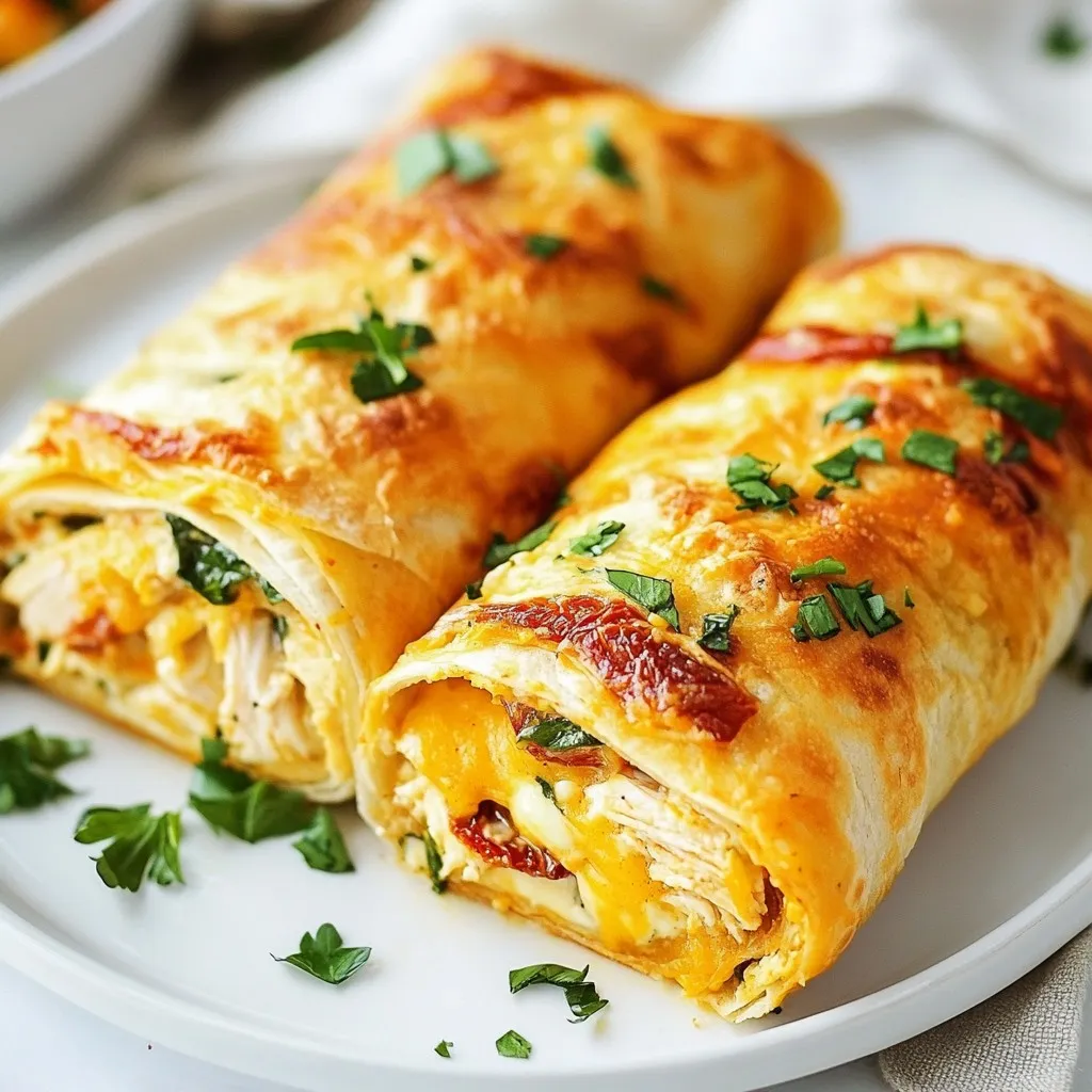 - 2 cups cooked chicken, shredded - 1 cup shredded mozzarella cheese - 1/2 cup cream cheese, softened - 4 large flour tortillas - 3 cloves garlic, minced - 1/2 cup fresh spinach, chopped - 1/4 cup sun-dried tomatoes, diced - 1/4 teaspoon red pepper flakes (optional) - Salt and pepper to taste - 2 tablespoons olive oil - Fresh parsley for garnish Gather these ingredients before you start. Having everything ready makes cooking easy and fun. The cooked chicken should be shredded well to mix nicely with the cheese. I love using mozzarella for its meltiness. Cream cheese adds a rich and creamy feel. Using fresh spinach not only adds color but also boosts nutrition. Sun-dried tomatoes bring a tangy flavor that pairs well with garlic. If you enjoy a bit of heat, add red pepper flakes. Don’t forget to season with salt and pepper to make the flavors pop. Olive oil helps achieve that perfect golden crust on the wraps. Finally, fresh parsley adds a nice touch when you serve. These simple ingredients come together to create a flavorful meal that's sure to impress! {{ingredient_image_2}} 1. First, grab a large mixing bowl. Combine 2 cups of cooked chicken with 1 cup of shredded mozzarella cheese. 2. Add in 1/2 cup of softened cream cheese, 3 cloves of minced garlic, 1/2 cup of chopped spinach, and 1/4 cup of diced sun-dried tomatoes. 3. Sprinkle in salt, pepper, and 1/4 teaspoon of red pepper flakes if you want some heat. 4. Mix everything well until the filling is creamy and evenly blended. 1. Heat a large skillet over medium heat. Add 2 tablespoons of olive oil and swirl it around to coat the pan. 2. Once the oil is shimmering, place a flour tortilla in the skillet. 3. Spoon a generous portion of the chicken mixture into the center of the tortilla. Don’t overfill it! 4. Fold the sides in and tightly roll the tortilla from the bottom up to make a secure wrap. 5. Cook the wrap for 2-3 minutes on each side until golden brown and crispy. Make sure the filling is heated through. 6. Repeat with the remaining tortillas and filling, adding more oil to the skillet as needed. 1. After cooking, let the wraps cool for about a minute on a cutting board. 2. Carefully slice each wrap in half diagonally for a nice look. 3. Garnish with freshly chopped parsley to add color and freshness. 4. Serve the wraps warm for the best taste and texture! Arrange them on a rustic wooden board or on individual plates. For extra flavor, serve with a dipping sauce like creamy ranch or zesty garlic aioli. A small side salad adds a colorful touch too! - Monitoring cooking time: Cook the wraps for 2-3 minutes on each side. This helps the tortillas get crispy and the filling warm. - Tips for crispy tortillas: Use medium heat and add oil to the skillet. This creates a nice crunch on the outside. - Customizing the filling flavors: Add your favorite spices or herbs. You can try cumin or cilantro for a fresh twist. - Overfilling the wrap: Less is more! If you add too much filling, the wrap may burst open while cooking. - Not heating through the filling: Ensure the chicken and cheese melt well. This gives the wrap its creamy texture. - Cooking at too high a temperature: High heat can burn the tortilla before the inside is warm. Keep it steady and moderate. - Ideal accompaniments: Serve with a side salad for freshness. A simple mix of greens works well. - Best dipping sauces: Try creamy ranch or zesty garlic aioli. These add extra flavor to each bite. - Side salad ideas: A bright tomato and cucumber salad pairs nicely. The crunch and coolness complement the warm wraps. Pro Tips Use Rotisserie Chicken: For a quick and easy option, consider using store-bought rotisserie chicken to save time on cooking and shredding. Customize Your Fillings: Feel free to add other vegetables like bell peppers or mushrooms, or substitute different cheeses based on your preferences. Check Your Tortilla Size: Ensure you are using large tortillas to accommodate a generous filling without tearing when rolling. Serve with Dipping Sauces: Elevate the dish by pairing the wraps with a variety of dipping sauces such as salsa, ranch, or a spicy aioli for enhanced flavor. {{image_4}} You can switch up the proteins in these wraps. Try using turkey or beef instead of chicken. This change can add a new taste. For those who want dairy-free options, vegan cheese works great. You can also use dairy-free cream cheese for a creamy texture. Adding different vegetables can boost the flavor. Consider bell peppers, zucchini, or mushrooms. These will add crunch and color to your wraps. Don’t forget to spice things up! You can add herbs like oregano or basil for extra flavor. If you want spicier wraps, toss in more red pepper flakes or add jalapeños. Experimenting with different cheeses can make your wraps unique. Try sharp cheddar or pepper jack for a fun twist. If you need gluten-free options, look for gluten-free tortillas. Many brands offer tasty alternatives that work well. For those on a low-carb diet, you can use lettuce wraps instead of tortillas. This keeps the flavor without the carbs. Vegetarian adaptations are also easy. Just replace the chicken with more veggies or beans. This keeps the dish filling and tasty without meat. To store your cheesy garlic chicken wraps, first let them cool. Place the wraps in an airtight container. This helps keep them fresh. You can store them in the fridge for up to three days. If you want to enjoy them later, you can also freeze them. The best way to reheat wraps is in a skillet. Heat the skillet over medium heat. Place the wraps in the skillet. Cook for about two to three minutes on each side. This method keeps the wraps crispy. You can also use a microwave, but it may make them soft. If you want to freeze the wraps, do it right after making them. Wrap each one in plastic wrap, then place them in a freezer bag. This keeps them fresh for up to three months. When you’re ready to eat, thaw them overnight in the fridge. Reheat them in a skillet for best results. To make Cheesy Garlic Chicken Wraps, start by mixing the filling. Combine shredded chicken, mozzarella cheese, cream cheese, minced garlic, chopped spinach, and diced sun-dried tomatoes in a bowl. Add salt and pepper to taste. Stir until everything blends well. Next, heat olive oil in a skillet over medium heat. Place a tortilla in the skillet, add a scoop of the chicken mixture, and roll it up. Cook for 2-3 minutes on each side until golden brown. Slice, garnish with parsley, and serve warm. Using raw chicken is possible but requires more time. Cook the raw chicken first. Season it with salt and pepper, then grill or bake until fully cooked. After it cools, shred it before mixing with the other ingredients. Pre-cooked chicken saves time and ensures a quick meal. It also gives you a creamy, flavorful filling without much fuss. These wraps pair well with many sides. Try serving them with a fresh side salad for crunch. You can also serve them with creamy ranch or zesty garlic aioli for dipping. A light soup can complement the meal too. For drinks, iced tea or sparkling water makes a refreshing choice. To make the wraps healthier, consider using whole wheat tortillas. You can also reduce cream cheese or choose a low-fat version. Adding extra veggies like bell peppers or cucumbers boosts nutrition. Using fresh herbs can also add flavor without extra calories. Swap mozzarella for a lighter cheese, or use less cheese overall for a tasty, lighter wrap. Our blog post covered tasty cheesy garlic chicken wraps. We explored the key ingredients, step-by-step instructions, and helpful tips. You learned how to avoid common mistakes and customize your wraps. We also touched on variations for different diets and storage methods for leftovers. These wraps are easy to make and fun to share. Enjoy experimenting with flavor and ingredients that fit your taste. Now, get cooking and make delicious wraps that everyone will love!