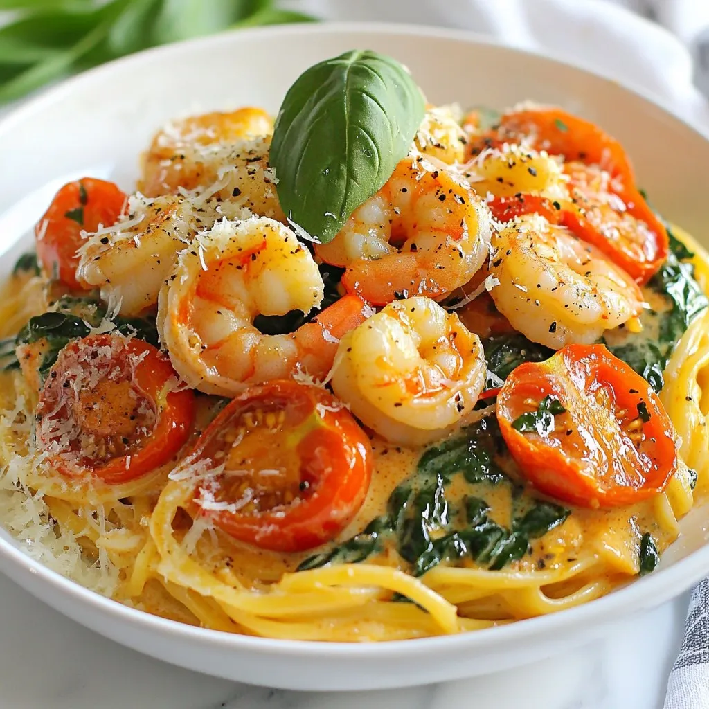- 1 pound large shrimp, peeled and deveined - 1 cup heavy cream - 1 cup freshly grated Parmesan cheese - 3 cloves garlic, finely minced - 1 cup cherry tomatoes, halved - 1 cup fresh spinach, roughly chopped - Dried Italian herbs, salt, and pepper - Fresh basil leaves for garnish - Freshly cooked pasta or slices of crusty bread Creamy Tuscan shrimp shines with its rich flavors. The shrimp brings a sweet, ocean taste. The heavy cream adds a smooth, velvety touch. Parmesan cheese provides a salty, nutty note. The garlic adds a punch of flavor. Cherry tomatoes bring a burst of freshness. Fresh spinach adds color and nutrients. Dried Italian herbs complete the dish with savory depth. For extra flair, garnish with fresh basil. Serve it on pasta or with crusty bread. These optional ingredients enhance the meal. Enjoy how they soak up the creamy sauce. Each bite becomes a delightful experience. {{ingredient_image_2}} - Heat 2 tablespoons of olive oil in a large skillet over medium-high heat. - Add 1 pound of peeled and deveined shrimp to the hot oil. - Season the shrimp with salt and freshly cracked black pepper. - Cook the shrimp for about 2-3 minutes on each side. - They should turn pink and opaque. - Once cooked, remove the shrimp and set them aside on a plate. - In the same skillet, add 3 cloves of finely minced garlic. - Sauté the garlic for about 30 seconds until it smells great. - Next, toss in 1 cup of halved cherry tomatoes. - Cook the tomatoes for 3-4 minutes until they soften and release juices. - Stir in 1 cup of roughly chopped fresh spinach. - Cook for about 2 minutes until the spinach wilts down. - Reduce the heat to medium and pour in 1 cup of heavy cream. - Stir well and let it simmer for 2-3 minutes to thicken slightly. - Gradually mix in 1 cup of freshly grated Parmesan cheese and 1 teaspoon of dried Italian herbs. - Keep stirring until the cheese melts and the sauce is creamy. - Taste and adjust salt and pepper as needed. - Finally, return the cooked shrimp to the skillet, tossing gently to coat in the sauce. - Heat through for another 1-2 minutes. To keep the cream from curdling, use low heat. High heat can make the cream separate. Always stir the cream gently into the pan when you add it. This helps it mix well with the other ingredients. For melting cheese smoothly, grate it fresh. Pre-grated cheese has additives that can affect melting. Add the cheese gradually while stirring. This ensures it melts evenly and creates a creamy sauce. For extra flavor, try adding a pinch of crushed red pepper flakes. This gives a nice kick. You can also mix in a splash of lemon juice. It brightens the dish and balances the creaminess. When choosing herbs, fresh herbs add a vibrant taste. However, dried herbs work well too. If using dried herbs, use less. They are more concentrated than fresh ones. For a beautiful plate, serve the shrimp over a nest of pasta. This adds height and makes it look fancy. You can also use a large, flat plate for a stunning effect. Garnish with fresh basil leaves and a sprinkle of Parmesan cheese. This adds color and makes the dish pop. A drizzle of olive oil on top gives a glossy finish. Pro Tips Fresh Shrimp: Always opt for fresh shrimp when possible; they have a better texture and flavor compared to frozen ones. Cheese Choice: Using freshly grated Parmesan cheese will enhance the creaminess of the sauce compared to pre-grated options. Herb Freshness: For the best flavor, consider using fresh herbs instead of dried ones, especially basil, to elevate the dish. Customize the Heat: If you enjoy a bit of spice, add a pinch of red pepper flakes when sautéing the garlic for an extra kick. {{image_4}} You can switch out the shrimp for chicken or scallops. For chicken, use boneless breasts. Cook them until golden and fully done. For scallops, sear them briefly until they turn golden brown. Both options add a new taste twist. If you want a vegetarian dish, try firm tofu or chickpeas. Both soak up flavors well. You can still enjoy the creamy sauce with these swaps. To boost flavor, add sun-dried tomatoes. They bring a tangy sweetness that pairs well with cream. You can also toss in mushrooms for an earthy taste. Just sauté them with garlic for great results. If you like heat, add red pepper flakes. They give the dish a spicy kick. Adjust the amount based on your spice level preference. Serve the creamy Tuscan shrimp over rice instead of pasta. This adds a different texture and flavor. It also makes the dish gluten-free. You can also pair it with crusty bread. This is perfect for soaking up the creamy sauce. Try sourdough or ciabatta for a tasty match. Store your creamy Tuscan shrimp in an airtight container. This keeps the dish fresh and tasty. When you place it in the fridge, it stays good for about three days. Make sure to let it cool to room temperature before sealing it up. This helps avoid extra moisture, which can make the shrimp soggy. You can freeze creamy Tuscan shrimp, but there are some tips to follow. First, place it in a freezer-safe container. Make sure to leave some space at the top. The dish can last about one month in the freezer. When you’re ready to eat it, move the container to the fridge to thaw overnight. Reheating requires some care. Use a skillet on low heat for the best results. Stir it often to keep it creamy and smooth. Adding a splash of cream can help if it looks too thick. Enjoy your delicious meal again without losing its rich flavor! Making creamy Tuscan shrimp is quick and easy. It takes about 10 minutes to prep and 15 minutes to cook. In total, you will need around 25 minutes. This makes it a perfect dish for busy weeknights or last-minute guests. Yes, you can use frozen shrimp. Just be sure to thaw them first. Place the shrimp in a bowl of cold water for about 15-20 minutes. This will help them thaw quickly and safely. Fresh shrimp is great, but frozen works well too, especially if you have it on hand. To reheat creamy Tuscan shrimp, use low heat. Place the shrimp in a skillet and add a splash of cream. Stir gently until warmed through. Avoid high heat, as it can ruin the texture. You want it creamy and smooth, not clumpy or dried out. Creamy Tuscan shrimp combines fresh shrimp, aromatic garlic, and rich cream for a delicious meal. You learned how to cook the shrimp, create the sauce, and enhance flavors. Remember, you can easily switch proteins or serve it in different ways. Store leftovers wisely, and enjoy this dish later. With thoughtful presentation and flavor tweaks, your meal can impress anyone. Now you’re ready to make creamy Tuscan shrimp a staple in your home.
