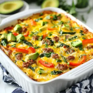 - 8 large eggs - 1 cup milk (or a dairy-free alternative) - 1 cup shredded sharp cheddar cheese - 1 cup diced bell peppers (red, yellow, and green) - 1 cup fresh spinach, chopped - 1 cup cooked and crumbled breakfast sausage - 1 small onion, finely diced - 1 teaspoon garlic powder - 1 teaspoon salt - ½ teaspoon black pepper - ½ teaspoon smoked paprika - 6 slices of whole-grain bread, cut into cubes These ingredients create a tasty and filling breakfast casserole. The eggs provide protein, while cheese adds richness. The colorful bell peppers and spinach give vitamins and a fresh taste. The sausage brings a savory flavor that many love. - Chopped tomatoes - Sliced mushrooms - Zucchini, diced - Fresh herbs (like basil or chives) - Hot sauce for a spicy kick Feel free to add your favorite veggies or herbs. This flexibility helps you make the dish your own. Each added option can change the taste and texture to suit your family’s likes. - Use almond or oat milk for dairy-free needs. - Swap breakfast sausage with plant-based sausage for a vegetarian option. - Choose gluten-free bread for a gluten-free casserole. These swaps let everyone enjoy this breakfast dish. Adjusting the ingredients helps meet different dietary needs without losing flavor. {{ingredient_image_2}} Start by preheating your oven to 375°F (190°C). Grease a 9x13 inch baking dish with non-stick spray or olive oil. In a large bowl, whisk together 8 large eggs and 1 cup of milk. Add 1 teaspoon of salt, ½ teaspoon of black pepper, 1 teaspoon of garlic powder, and ½ teaspoon of smoked paprika. Mix until the eggs are frothy and well combined. Now, take the cubed whole-grain bread and spread it evenly across the bottom of the baking dish. This will soak up all the tasty flavors. Next, layer 1 cup of cooked breakfast sausage, 1 cup of diced bell peppers, 1 cup of chopped spinach, and 1 small diced onion over the bread. Make it colorful and nutritious! Carefully pour the egg mixture over the layers, ensuring it coats everything. Finally, sprinkle 1 cup of shredded cheddar cheese on top. Cover the dish with aluminum foil and refrigerate for at least 30 minutes, or overnight if you can wait. This helps the flavors blend. When ready, place the covered dish in the oven and bake for 30 minutes. After that, remove the foil and bake for another 15-20 minutes until it's puffed and golden brown. When it's done, let it rest for a few minutes before slicing. This helps you serve perfect squares. Enjoy your easy family delight! To get the best texture for your casserole, use fresh bread. Whole-grain bread adds a nice chew. Cut it into cubes and let it soak up the egg mix. Refrigerating the casserole helps the bread absorb flavors. Bake it until golden brown for a crisp top. Let it rest before slicing. This step keeps the pieces intact. One mistake is not greasing the pan well. If the dish sticks, it’s hard to serve. Another is overbaking, which can dry out the casserole. Keep an eye on the time. Also, don’t skip the resting time after baking. This makes slicing easier and helps flavors settle. Add fresh herbs like parsley or chives on top for a burst of freshness. You can also mix in different spices like cumin or chili powder for warmth. For a cheesy twist, try adding feta or goat cheese. Top with sliced avocado or fresh fruit for a balanced plate. Pro Tips Prep Ahead: Prepare the casserole the night before and let it sit in the fridge overnight. This will enhance the flavors and make your morning prep a breeze. Customize Your Veggies: Feel free to swap in your favorite vegetables or whatever you have on hand. Zucchini, mushrooms, or tomatoes can add delicious variations. Cheese Variations: Experiment with different types of cheese such as feta, mozzarella, or pepper jack to create unique flavor profiles. Serving Suggestions: Serve with a side of fresh fruit or a light salad to balance out the richness of the casserole. {{image_4}} You can easily make this casserole vegetarian or vegan. For a vegetarian dish, skip the sausage or use plant-based sausage. For a vegan version, replace the eggs with a mix of tofu and turmeric. Use almond or oat milk to keep it creamy. Nutritional yeast can add a cheesy flavor without dairy. If you want to switch up the protein, there are many options. You can use diced cooked chicken or turkey for a heartier meal. Tempeh or seitan work well for a meat-like texture in vegan recipes. Beans like black beans or chickpeas also add protein and flavor. Think about adding different spices and herbs for variety. Try adding fresh herbs like basil or cilantro for a fresh taste. You can also use salsa or hot sauce to spice things up. Adding sun-dried tomatoes or olives can give a Mediterranean twist. Use different cheeses, like feta or pepper jack, for added depth. Store leftover breakfast casserole in an airtight container. This keeps it fresh and tasty. Let it cool fully before sealing. Try to eat leftovers within three days for best flavor. To reheat, place a slice on a microwave-safe plate. Heat it for about one minute. Check if it’s warm enough; if not, heat for an additional 30 seconds. You can also reheat it in the oven at 350°F (175°C) for about 15–20 minutes. Cover it with foil to keep it moist. You can freeze the casserole before baking. Wrap it tightly in plastic wrap, then foil. This helps avoid freezer burn. When ready to eat, thaw it overnight in the fridge. Bake it straight from the fridge or let it sit at room temperature for 30 minutes before baking. Cooking it from frozen may take longer, around 50–60 minutes. To make this casserole gluten-free, swap the whole-grain bread for gluten-free bread. Look for bread labeled gluten-free at your local store. You can also use gluten-free bread crumbs. This change keeps the dish tasty and safe for those with gluten allergies. Yes, you can use egg substitutes to make this dish vegan or egg-free. Good options include flax eggs or chia seeds. To make one flax egg, mix one tablespoon of flaxseed meal with three tablespoons of water. Let it sit for a few minutes until it thickens. Use the same amount as you would for eggs. Your breakfast casserole can last in the fridge for about 3 to 5 days. Make sure to cover it tightly with foil or plastic wrap. This helps keep it fresh and moist. When ready to eat, simply reheat it in the oven or microwave. Serve your casserole with fresh fruit for a sweet touch. Sliced avocado pairs well, too. You can also add yogurt or a light salad. These sides bring color and balance to the meal, making it even more delightful. This article covered key ingredients for your breakfast casserole, with options to customize to fit your needs. I shared step-by-step instructions for mixing, layering, and baking your dish. We also looked at tips to perfect texture and flavor, as well as various dietary options and storage methods. In summary, make this casserole your own by playing with flavors and ingredients. Enjoy your cooking and impress your family and friends with this delicious meal!